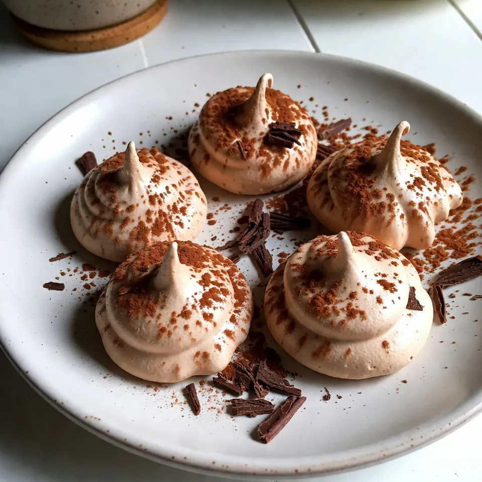 To make Mocha Meringue Cookies, you need a few key items: - 3 large egg whites - 1/4 teaspoon cream of tartar - 1 cup granulated sugar - 1 tablespoon instant coffee granules - 2 tablespoons unsweetened cocoa powder - 1 teaspoon vanilla extract - A pinch of salt These ingredients create a light and airy texture. The egg whites provide volume, while the sugar adds sweetness. The coffee and cocoa give a rich mocha flavor. You can elevate your cookies with these simple garnishes: - Chocolate shavings - Additional cocoa powder These add a nice touch. They enhance the look and make each bite more delightful. To prepare your Mocha Meringue Cookies, gather the following tools: - Electric mixer - Large mixing bowl - Rubber spatula - Piping bag with a large round or star tip - Baking sheet - Parchment paper Having the right tools makes the process easier. It helps you create beautiful cookies with ease. {{ingredient_image_2}} First, set your oven to 225°F (110°C). This low heat keeps the meringue cookies light. Next, take a baking sheet and line it with parchment paper. Make sure it lies flat and smooth. This helps the cookies not to stick. Grab a large mixing bowl and add three large egg whites. Use an electric mixer to whip them on medium speed. Beat until they start foaming and look frothy. When they are frothy, add 1/4 teaspoon of cream of tartar and a pinch of salt. Turn the mixer up to high speed. Keep beating until soft peaks form. The egg whites should look billowy and fluffy. Now, it’s time to add flavor. Gradually mix in one cup of granulated sugar, adding about a tablespoon at a time. Keep beating until the mixture is shiny and stiff peaks form. This takes about 5 to 7 minutes. Next, use a rubber spatula to fold in one tablespoon of instant coffee granules and two tablespoons of cocoa powder. Don’t forget the one teaspoon of vanilla extract! Be gentle when you fold these in. You want to keep the air in the egg whites for a light texture. To get the best texture, start with clean, dry tools. Any grease can ruin your egg whites. When you whip the egg whites, look for soft peaks first. This means they should gently hold their shape. Once you add the sugar, whip until you see stiff peaks. This step is key. The meringue should be glossy and firm, not runny. A good test is to turn the bowl upside down. If it stays put, you did it right! One common mistake is rushing the sugar. Add it slowly, about one tablespoon at a time. This helps the sugar dissolve well. Another mistake is over-mixing after adding the cocoa and coffee. Be gentle when folding in these ingredients. You want to keep the air in the meringue. Lastly, don’t skip the cooling step in the oven. This helps prevent cracks and keeps your cookies light. When folding, use a rubber spatula. Start from the bottom and lift the mixture gently. This helps combine without losing air. Make sure to fold in the coffee and cocoa evenly. You want every bite to have that mocha flavor. If you see streaks, give it a few more gentle folds. Remember, the goal is to keep the mixture airy and fluffy, so be kind to your meringue! Pro Tips Use Room Temperature Egg Whites: For the best volume, let your egg whites sit at room temperature for about 30 minutes before whipping. This helps them whip up to a greater volume. Don't Rush the Sugar Addition: Adding sugar gradually is crucial. If you add it too quickly, the meringue may not achieve the desired glossy finish and stiff peaks. Monitor Oven Temperature: Proper baking temperature is key. If your oven runs hot, it could cause the meringues to crack. Use an oven thermometer for accuracy. Store in an Airtight Container: To keep your meringue cookies crisp, store them in an airtight container at room temperature. Avoid refrigerating, as moisture can make them chewy. {{image_4}} You can change the flavor of your mocha meringue cookies easily. For a minty twist, add a few drops of mint extract. This brings a fresh taste to each bite. If you love hazelnut, mix in hazelnut extract instead. You can also fold in finely ground hazelnuts for a crunchy texture. Both options pair well with coffee and chocolate. If you want to skip eggs, you have choices. Aquafaba, the liquid from canned chickpeas, works great here. Use 3 tablespoons of aquafaba instead of egg whites. Whip it like you would egg whites. This keeps the light and airy texture you love. Just add the same sugar and flavors, and bake as usual. Piping styles can change how your cookies look. Use a large round tip for simple mounds. This style gives a classic look. A star tip can create swirls that look fancy. You can even use a small round tip for tiny cookies. Just remember to space them out on the baking sheet. This keeps them from sticking together. Each style adds a unique touch to your dessert. To keep your mocha meringue cookies fresh, store them in an airtight container. Place a piece of parchment paper between layers to prevent sticking. Keep them in a cool, dry place away from moisture. Avoid the fridge, as humidity can ruin their texture. When stored properly, these cookies can last up to two weeks. After that, they may lose their crispness. Check for any signs of moisture or a change in texture. If they feel soft or sticky, it’s best to toss them. You can freeze mocha meringue cookies for longer storage. First, let them cool completely. Then, place them in a single layer on a baking sheet. Freeze them for about an hour. Once frozen, transfer them to an airtight container or a freezer bag. They can last up to three months in the freezer. To enjoy, thaw them at room temperature for a few hours before serving. Chewy meringue cookies often come from too much humidity. High moisture can cause them to stay soft inside. Make sure you whip the egg whites well to form stiff peaks. This helps create a light, airy texture. Also, ensure your oven is at the correct low temperature. Baking them for too short a time can also lead to chewiness. You can use powdered sugar, but it may change the texture. Granulated sugar helps create a crisp outer shell. Powdered sugar will make the meringue softer and less crunchy. If you want to try it, use the same amount. Just remember, the meringue might not hold its shape as well. To check if your cookies are done, look for a few key signs. They should feel dry to the touch and lift off the parchment easily. They should not be soft or sticky. Baking for 1.5 to 2 hours at 225°F helps ensure they dry out completely. After baking, leave them in the oven with the door ajar for an hour. This helps them cool down without cracking. Mocha meringue cookies mix simple ingredients and clear steps. We covered the main components, how to prepare them, and key tips for success. Don't forget the fun variations to try. Get creative with flavors and piped designs. Store them properly, and they will stay fresh longer. With practice, you’ll make these cookies perfect every time. Enjoy baking and sharing these tasty treats!