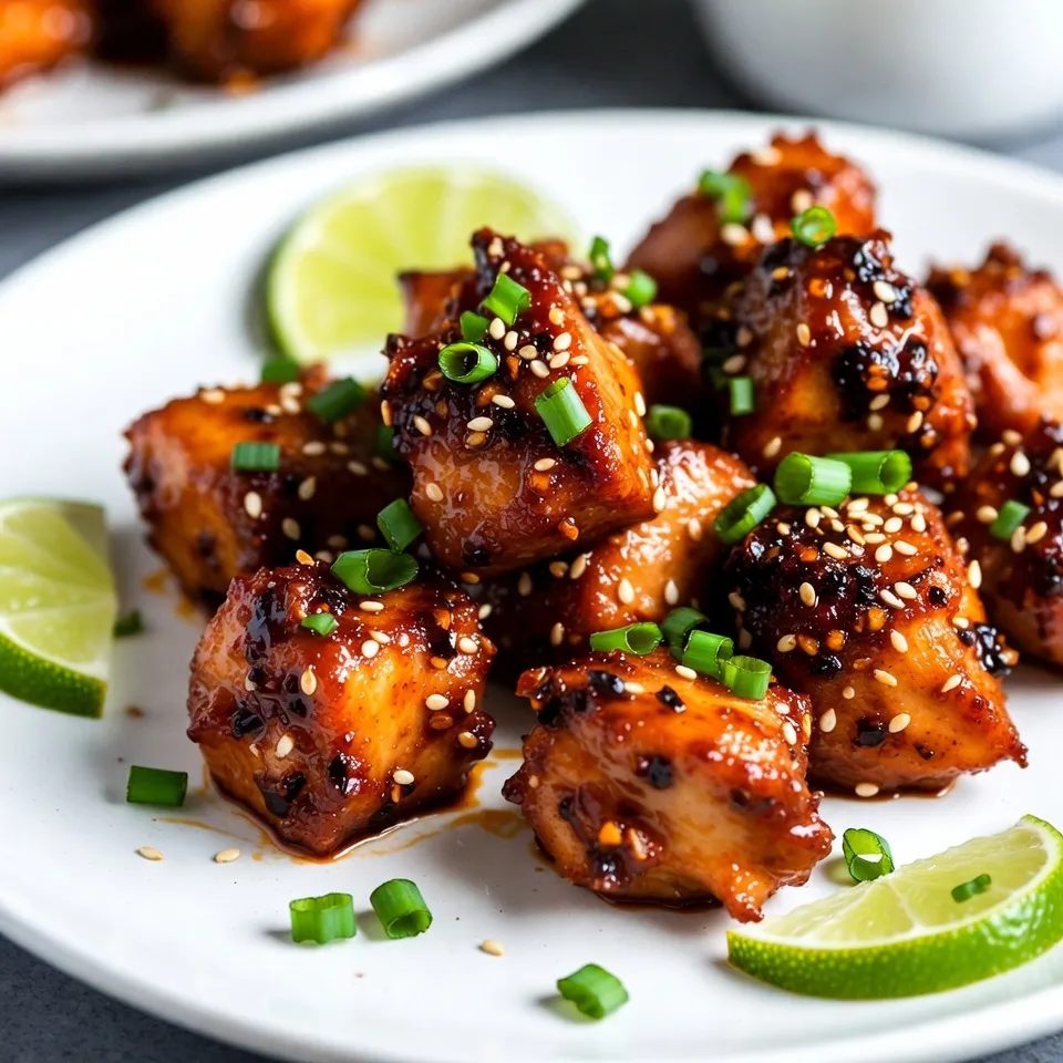 To make Thai Sweet Chili Chicken Bites, you will need the following fresh ingredients: - 1 lb (450g) boneless chicken breast, cut into bite-sized cubes - 1/2 cup cornstarch - 1/2 teaspoon garlic powder - 1/2 teaspoon salt - 1/4 teaspoon black pepper - Oil for frying (vegetable or canola preferred) - 1/2 cup Thai sweet chili sauce - 2 tablespoons soy sauce - 1 tablespoon fresh lime juice - 2 green onions, finely chopped - Sesame seeds for garnish Each ingredient plays a key role in making these bites crispy and flavorful. The boneless chicken breast serves as the main protein, while the cornstarch creates a crispy coating. The garlic powder, salt, and black pepper add depth to the flavor. The Thai sweet chili sauce is the star of the dish. It brings that perfect balance of sweetness and spice. Soy sauce adds a touch of umami, while the fresh lime juice brightens everything up. Don't forget the green onions and sesame seeds for the final touch; they add color and texture. Gather these ingredients for a successful cooking experience that results in delicious Thai Sweet Chili Chicken Bites! {{ingredient_image_2}} To make crispy chicken bites, start with the coating. In a bowl, mix cornstarch, garlic powder, salt, and black pepper. This blend gives the chicken a crunchy outer layer. Cut the chicken breast into bite-sized cubes. Toss the chicken in the mixture until each piece is covered evenly. An even coat is key for that perfect crunch. Next, heat the oil in a deep skillet or frying pan. Pour in about one inch of oil. Turn the heat to medium-high. Wait until the oil shimmers and reaches 350°F (175°C). This temperature is best for frying. Always be careful around hot oil. Use a thermometer to check the heat. Now it's time to fry! Add the coated chicken in small batches. Avoid overcrowding the pan; this keeps the oil hot. Fry the chicken for about 4-5 minutes. Turn them halfway through to get a golden color. Once done, use a slotted spoon to lift the chicken out and place it on a paper towel. This helps soak up extra oil. While the chicken cooks, prepare the sauce. In a small bowl, whisk together the Thai sweet chili sauce, soy sauce, and fresh lime juice. This mix adds a sweet and spicy flavor. Taste the sauce to balance the flavors. You can add more lime juice for tanginess or more chili sauce for heat. After frying, put the chicken bites in a large bowl. Pour the sauce over the chicken and toss gently. Make sure each piece gets a nice coating of the sauce. For a lovely presentation, serve on a white platter. Add finely chopped green onions and sesame seeds on top for a pop of color. To get those perfect crispy chicken bites, start with cornstarch. Use it for coating your chicken. This simple step helps create that desired crunch. Make sure each piece is well-coated. A light, even layer is key. - If you want to switch things up, try using panko breadcrumbs. They add an extra crunch. - You can also mix cornstarch with a bit of flour for a different texture. When frying, keep the oil hot. Aim for 350°F (175°C). This temperature ensures the chicken cooks fast and evenly. For extra flavor, add spices to your coating. Try adding paprika or cayenne for a little kick. You can also mix in some onion powder for depth. To adjust sweetness, add more or less Thai sweet chili sauce. If you want more heat, add fresh chili slices or a dash of sriracha. - Experiment with lime zest for a fresh twist. - You can also drizzle honey for a sweeter glaze. These small changes can make a big difference in taste. Enjoy your cooking! Pro Tips Coating Consistency: Ensure the chicken is evenly coated in the cornstarch mixture to achieve a crispy texture. Shake off any excess before frying. Oil Temperature: Use a thermometer to check the oil temperature; it should be around 350°F (175°C) for perfect frying. Too hot can burn the chicken, while too cool can make it greasy. Batch Frying: Fry the chicken in small batches to avoid overcrowding the pan. This helps maintain the oil temperature and ensures an even cook. Flavor Enhancements: For an extra kick, consider adding a splash of sriracha to the sauce or marinating the chicken in soy sauce for 30 minutes before coating. {{image_4}} To add heat, I suggest using chili flakes or sriracha. Both options bring a nice kick. You can mix a bit of sriracha into your sauce for extra spice. For dipping, try a spicy mayo or a hot sauce blend. These will make your Thai Sweet Chili Chicken Bites even more exciting. If you want a healthier twist, bake the chicken instead of frying it. Preheat your oven to 400°F (200°C) and place the coated chicken on a baking sheet. You can also use whole wheat flour for the coating. This gives you a crunchy texture while adding fiber to your meal. These chicken bites pair well with rice or a fresh salad. The rice soaks up the sauce, making every bite delicious. For drinks, serve them with iced tea or a light beer. Both options complement the sweet and spicy flavors nicely. To keep your Thai Sweet Chili Chicken Bites fresh, store leftovers in the fridge. Place them in an airtight container. They will stay good for up to three days. Before sealing, let them cool to room temperature. This prevents condensation which can make the chicken soggy. If you want to store them longer, freezing is a great option. Place the chicken bites on a baking sheet in a single layer. Freeze for about an hour until hard. Then, transfer them to a freezer bag. Remove as much air as possible before sealing. These can last up to three months in the freezer. Reheating chicken bites properly helps maintain their crispiness. The best way is to use an oven. Preheat your oven to 375°F (190°C). Place the chicken bites on a baking sheet lined with parchment paper. Heat them for about 10-12 minutes. This will make them crispy again. If you're short on time, you can use a microwave. Place the bites on a microwave-safe plate. Heat them on high for about 30 seconds. Check if they are warm enough. You may need to heat them in additional 15-second intervals. However, this method may not keep them as crispy as using the oven. To make sweet chili sauce, you need just a few simple items. Here’s a quick recipe: - 1/2 cup water - 1/2 cup sugar - 1/4 cup rice vinegar - 1 tablespoon chili flakes - 1 tablespoon cornstarch mixed with 2 tablespoons water Steps: 1. In a small pot, mix water, sugar, and rice vinegar. 2. Heat the pot over medium heat until the sugar dissolves. 3. Stir in chili flakes. 4. Add the cornstarch mixture. 5. Cook until the sauce thickens. 6. Let it cool before using! This homemade sauce is sweet, spicy, and perfect for dipping your chicken bites. Yes, you can use chicken thighs! Chicken thighs have more fat. This gives them a richer flavor. They also stay juicy when cooked. Breasts are leaner and have a milder taste. If you use thighs, be aware they may take a bit longer to cook. Adjust your frying time for perfectly cooked bites. These chicken bites go well with many dishes. Here are some tasty options: - Steamed jasmine rice - Fresh cucumber salad - Crunchy spring rolls - Thai noodle salad These sides balance the sweet and spicy chicken. They also add freshness to your meal. You can store the chicken bites in the fridge for up to three days. Place them in an airtight container. For longer storage, freeze them for up to two months. To reheat, use an oven to keep them crispy. Enjoy the same great taste later! In this blog post, we explored how to make Thai Sweet Chili Chicken Bites. You learned the right ingredients, step-by-step frying instructions, and tips for crispy results. We also discussed variations, storage tips, and common questions. Now you can create a tasty dish that impresses everyone. Enjoy experimenting with flavors and customizing your bites. Happy cooking!
