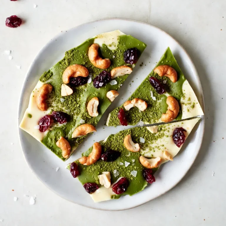 - 8 ounces white chocolate, finely chopped - 2 teaspoons high-quality matcha powder - 1 cup mixed nuts (like almonds, pistachios, and cashews) - 1/2 cup dried cranberries - Flaky sea salt, for a finishing touch Choosing high-quality white chocolate matters. Look for chocolate with cocoa butter listed first. This ensures smooth melting and rich flavor. A good white chocolate will have a creamy texture, not grainy. Selecting premium matcha powder is essential too. Look for vibrant green color, which shows freshness. High-quality matcha offers a rich umami taste. This makes your bark extra special. You can add other nuts and fruits based on your taste. Consider walnuts, pecans, or sunflower seeds for crunch. Dried apricots or cherries can add a fruity twist. Flavor variations can also enhance your bark. A few drops of vanilla or almond extract add depth. You can even try a hint of orange zest for a zesty kick. {{ingredient_image_2}} - Start by lining a baking sheet with parchment paper. - Smooth the parchment to avoid wrinkles. This helps the bark not stick. - Place the chopped white chocolate in a microwave-safe bowl. - Heat it in the microwave for 30 seconds at a time. Stir between each session. - Keep an eye on the temperature. Overheating can make the chocolate seize. - Once your white chocolate is melted, sift in the matcha powder. - Stir it well until the matcha is fully mixed in. This creates a pretty green color. - Pour the matcha chocolate onto your lined baking sheet. - Use a spatula to spread it evenly, about 1/4 inch thick. - Scatter mixed nuts and dried cranberries on top. Press them gently into the bark. - Place the sheet in the fridge for 1-2 hours to chill. - Once it’s firm, break the bark into pieces. Enjoy your delicious treat! Preventing chocolate from seizing Chocolate can seize if it gets too hot. Always melt it slowly. Use short bursts in the microwave. Stir well between heats. If it clumps, it's ruined. If this happens, you can try adding a tiny bit of vegetable oil. This might save your chocolate. Ensuring even spreading of the mixture When you pour the chocolate onto the baking sheet, spread it evenly. Use a spatula for this. Aim for about a quarter-inch thickness. If it's too thick, it won’t set well. If it's too thin, it may break easily. Take your time to make it smooth. Using sea salt effectively A sprinkle of flaky sea salt adds flavor. It contrasts nicely with the sweet chocolate. Add it after you spread the mixture. Just a pinch is enough. Too much can overpower the taste. Balancing sweet and savory ingredients Mixing nuts and dried fruit gives great flavor. The nuts add crunch. The cranberries add sweetness. This mix creates a fun balance. You can also try adding a touch of cinnamon. It brings warmth to the flavor. Serving suggestions and garnishes When serving, break the bark into fun shapes. Use your hands to create pieces of different sizes. Place them on a colorful plate. You could also add fresh fruit. Berries or slices of apple look nice next to it. Decorative serving plates Choose plates that stand out. Bright colors can make the bark pop. You can even use a simple white plate. It lets the green and white shine. A well-presented dish makes it more inviting. Pro Tips Choose Quality Chocolate: Opt for high-quality white chocolate for a smoother texture and richer flavor in your bark. Proper Matcha Mixing: Always sift the matcha powder into the melted chocolate to prevent clumping and ensure a smooth blend. Keep It Even: When spreading the chocolate, use a spatula to create an even layer for consistent thickness and easier breaking. Creative Toppings: Feel free to mix and match your favorite nuts and dried fruits for a personalized flavor profile in your bark. {{image_4}} You can change the flavor of your White Chocolate Matcha Bark easily. One fun option is to add citrus zest. This addition brings a bright, fresh taste. Just use the zest from an orange or lemon for a zesty kick. Another option is to swap white chocolate for dark or milk chocolate. Dark chocolate adds a rich flavor while milk chocolate gives it a sweeter taste. Both options pair well with matcha. If you follow a vegan diet, you can find vegan white chocolate substitutes. Look for brands that use plant-based ingredients. This way, you can enjoy the bark without dairy. For nut-free adaptations, you can use seeds instead of nuts. Sunflower seeds or pumpkin seeds work great. This keeps the bark crunchy and safe for those with nut allergies. Incorporating seasonal fruits can elevate your bark. Fresh strawberries or raspberries add a fruity twist. You can also tailor the bark for holidays or special occasions. For example, during winter, sprinkle in some crushed candy canes. This adds a festive touch and a minty flavor. With these variations, you can enjoy White Chocolate Matcha Bark all year round! To keep your white chocolate matcha bark fresh, use an airtight container. This will help prevent air from getting in and making it stale. Make sure the container is clean and dry before putting in the bark. You should also avoid moisture exposure. Keep the container in a cool, dry place away from direct sunlight. How long does it last? Your white chocolate matcha bark can last for about two weeks at room temperature. If you store it in the fridge, it can last up to a month. Look for signs of spoilage. If you see any white spots or an off smell, it is best to toss it out. Can you freeze matcha bark? Yes, you can freeze it! Wrap the bark in plastic wrap and then place it in an airtight container. This helps protect it from freezer burn. How to thaw properly? To thaw, take the bark out of the freezer and let it sit at room temperature for about 30 minutes. Avoid using heat to thaw it, as this may change its texture. Matcha is a special type of green tea. It comes from finely ground tea leaves. It has many health benefits. Matcha boosts energy without the jitters. It can also help you focus better. This is great for studying or working. Matcha is rich in antioxidants. Antioxidants help protect our bodies from damage. Nutritional information: - One teaspoon of matcha has about 3 calories. - It contains vitamins A, C, and E. - Matcha has fiber, which is good for digestion. Yes, you can use other chocolates. Dark chocolate or milk chocolate can work well. Each type has a different taste. Pros of using dark chocolate: - It has a richer flavor. - It contains more antioxidants. Cons of using dark chocolate: - It might be too bitter for some. - It can overshadow the matcha flavor. Pros of using milk chocolate: - It is sweeter and creamier. - It pairs well with matcha. Cons of using milk chocolate: - It has less cocoa content. - It may not have the same health benefits as dark chocolate. You can easily make this recipe nut-free. Just leave out the mixed nuts. You can replace them with seeds. Try pumpkin seeds or sunflower seeds. They add crunch and taste great. You can also add dried fruits. Crushed freeze-dried strawberries or blueberries are good choices. They add color and sweetness. Feel free to mix and match toppings to fit your taste! This blog post detailed how to make delicious matcha bark. We explored the key ingredients, like white chocolate and matcha powder, and how to choose quality options. I outlined clear steps to melt and mix your ingredients. I also shared tips to avoid common mistakes and create stunning presentations. Finally, we looked at flavor variations and storage advice. Now you're ready to craft your own matcha bark. Enjoy the process and share your tasty creations!