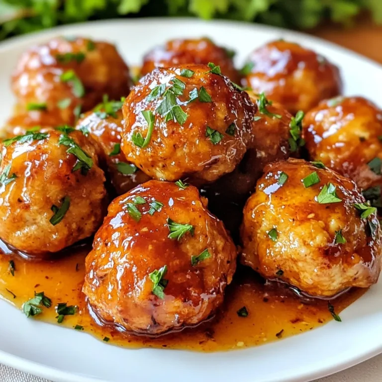 To start, we need the main ingredient, which is ground chicken. It gives our meatballs a lean and tasty base. Here’s what you will need for the meatball mixture: - 1 lb ground chicken - 1/4 cup breadcrumbs - 1/4 cup freshly grated Parmesan cheese - 1/4 cup finely chopped yellow onion - 2 cloves garlic, minced These ingredients blend well. The breadcrumbs add texture, while the Parmesan gives a nice flavor. Next, we add some seasonings to give our meatballs a kick. This is where the magic happens! Here are the flavor enhancers you'll need: - 1/4 teaspoon freshly ground black pepper - 1/2 teaspoon sea salt - 1 tablespoon Worcestershire sauce - 1/2 teaspoon smoked paprika These ingredients bring depth to the dish. The smoked paprika adds a slight smoky taste that pairs well with the sweetness of honey. Now, let’s move on to the glaze. This sauce makes our meatballs shine! You’ll need: - 1/2 cup BBQ sauce (preferably honey-infused for extra sweetness) - 2 tablespoons pure honey The BBQ sauce gives a tangy base, while honey adds sweetness. This combination makes the glaze sticky and delicious! Lastly, don’t forget to garnish with: - Fresh parsley, chopped This adds a pop of color and freshness to the dish. {{ingredient_image_2}} Start by preheating your oven to 400°F (200°C). This step is key to cooking your meatballs evenly. A hot oven ensures they get that nice golden crust. In a large bowl, mix the following ingredients: - 1 lb ground chicken - 1/4 cup breadcrumbs - 1/4 cup freshly grated Parmesan cheese - 1/4 cup finely chopped yellow onion - 2 cloves garlic, minced - 1/4 teaspoon freshly ground black pepper - 1/2 teaspoon sea salt - 1 tablespoon Worcestershire sauce - 1/2 teaspoon smoked paprika Use your hands or a spatula to mix everything well. Make sure all ingredients blend together for a tasty bite. Take small portions of the mixture. Roll them into balls about one inch wide. Place them on a baking sheet lined with parchment paper. This keeps them from sticking. Bake the meatballs in your preheated oven for about 20 minutes. They should be cooked through and have a golden color. While the meatballs bake, prepare the glaze. In a small saucepan, combine: - 1/2 cup BBQ sauce - 2 tablespoons pure honey Heat this mixture over medium heat. Stir it well and let it simmer for 3-5 minutes. This thickens the glaze and makes it sticky. After 20 minutes, take out the meatballs. Brush each one with the warm honey BBQ glaze. Make sure they are well coated. Put them back in the oven for 5 more minutes. This helps the glaze caramelize for extra flavor. Once done, let the meatballs cool slightly. Sprinkle freshly chopped parsley on top for a colorful finish. Now, they are ready to serve! For a fun touch, use toothpicks for easy eating at parties. Enjoy your Honey BBQ Chicken Meatballs! To cook meatballs well, follow these tips: - Use fresh ingredients: Fresh meat and herbs bring out the best flavors. - Don’t overmix: Mix just until combined. Overmixing can make them tough. - Shape evenly: Make each meatball the same size. This helps them cook evenly. - Use parchment paper: Line your baking sheet. It keeps meatballs from sticking. For juicy and tasty meatballs, keep these points in mind: - Add moisture: Use breadcrumbs and cheese. They help keep meatballs moist. - Don’t skip the seasoning: Salt, pepper, and Worcestershire sauce are key for flavor. - Check doneness: Use a meat thermometer. Aim for 165°F (74°C) for safe eating. - Glaze properly: Brush on the honey BBQ glaze while hot for maximum flavor. Make your honey BBQ chicken meatballs look great. Here are some ideas: - Use a large platter: Arrange meatballs in a circle for a fun look. - Add extra glaze: Drizzle more honey BBQ sauce on top for shine and flavor. - Garnish with parsley: Fresh parsley adds color and a fresh taste. - Serve with toothpicks: This makes it easy for guests to grab and enjoy. Pro Tips Use Fresh Ingredients: Freshly minced garlic and finely chopped onions can significantly enhance the flavor of your meatballs, giving them a more vibrant taste. Experiment with Spices: Feel free to add your favorite spices or herbs, such as oregano or thyme, to customize the flavor profile of the meatballs to your liking. Check for Doneness: Always check that the internal temperature of the meatballs reaches 165°F (74°C) to ensure they are fully cooked and safe to eat. Make Ahead: These meatballs can be made in advance and frozen. Just bake them, let them cool, and store in an airtight container for up to 3 months. {{image_4}} You can switch up the ground chicken for ground turkey or pork. Both options work well. Turkey gives a leaner meatball, while pork adds more fat and flavor. Each choice brings a unique taste. You may need to adjust cooking times slightly based on your meat choice. If you want a twist, try different BBQ sauces. A spicy sauce can add a kick. For a tangy flavor, use a vinegar-based BBQ sauce. You can even make your own sauce with ketchup, vinegar, and spices. This makes your meatballs truly your own. These meatballs shine when paired with sides. Serve them with rice or mashed potatoes for a filling meal. A fresh salad adds a nice crunch. For gatherings, place the meatballs on toothpicks. They make great appetizers for parties. You can also drizzle extra honey BBQ sauce on top for added flavor. After you enjoy your honey BBQ chicken meatballs, let them cool. Place the leftovers in an airtight container. Store them in the fridge for up to three days. Make sure to label the container with the date. This helps you keep track of freshness. The meatballs will stay tasty and safe to eat. To freeze your meatballs, first, let them cool completely. Place them on a baking sheet in a single layer. Freeze them for about an hour. Once frozen, transfer them to a freezer-safe bag. Remove as much air as possible to prevent freezer burn. They can stay in the freezer for about three months. When you’re ready to eat, you can bake them straight from the freezer. To reheat the meatballs, preheat your oven to 350°F (175°C). Place the meatballs on a baking sheet. If they were frozen, you might need to add a few extra minutes to the cooking time. Bake for about 15-20 minutes or until heated through. You can also reheat them in the microwave. Just place them on a microwave-safe plate and heat for 1-2 minutes. Enjoy your delicious meatballs warm! Yes, you can make these meatballs ahead of time. Prepare them and shape them into meatballs. Place the uncooked meatballs on a baking sheet. Cover them with plastic wrap and store them in the fridge for up to 24 hours. You can also freeze them for up to three months. Just thaw them in the fridge before baking. Many side dishes go well with honey BBQ chicken meatballs. Consider serving them with: - Steamed rice - Mashed potatoes - Coleslaw - Grilled vegetables - Corn on the cob These options balance the sweet and savory flavors. You can find pre-made honey BBQ chicken meatballs at grocery stores. Check the frozen food aisle or the deli section. Many stores offer options from popular brands. You can also find them at specialty stores or online. To adjust the spice level, add more or less smoked paprika. For a kick, mix in some cayenne pepper or red pepper flakes. If you prefer it milder, reduce the amount of black pepper. Taste the mixture before baking to find the right heat for you. You now know how to make tasty honey BBQ chicken meatballs. We covered the main ingredients and shared step-by-step instructions. Remember to follow the tips for juicy meatballs and try fun variations. Store leftovers properly to keep them fresh. Cooking can bring joy and flavor to your meals. Enjoy making this dish and impress your friends and family with your skills!