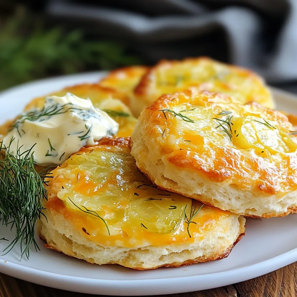 To make delicious dill pickle cheddar biscuits, you need a few simple ingredients. Each plays a key role in creating that perfect blend of flavors and textures. Here’s what you'll need: - 1 ¾ cups all-purpose flour - 1 tablespoon baking powder - ½ teaspoon baking soda - 1 teaspoon salt - ¼ cup unsalted butter, chilled and cubed - 1 cup shredded sharp cheddar cheese - ½ cup dill pickles, finely chopped - ½ cup buttermilk - 1 tablespoon fresh dill, chopped (optional) - 1 tablespoon pickle juice These ingredients come together to create a soft, flaky biscuit that bursts with the tangy taste of dill pickles and the richness of cheddar cheese. The cold butter and buttermilk help keep the biscuits light and fluffy. The pickles add a fun twist that makes these biscuits stand out. Feel free to adjust the dill and cheese to your taste. Enjoy the process and get ready for some tasty treats! {{ingredient_image_2}} First, set your oven to 425°F (220°C). This heat will help the biscuits rise nicely. Line a baking sheet with parchment paper to keep them from sticking. In a big bowl, add the flour, baking powder, baking soda, and salt. Use a whisk to mix them well. This step makes sure the dry parts blend completely for a nice texture. Next, add the cold, cubed butter to the flour mix. Use your fingers or a pastry cutter to work the butter into the flour. Stop when it looks crumbly. You want little bits of butter in the mix for flaky biscuits. Now, fold in the shredded sharp cheddar cheese and chopped dill pickles. Mix gently to spread them evenly through the dough. This will give your biscuits a tasty, savory flavor. In another bowl, whisk together the buttermilk, fresh dill (if you want), and pickle juice. Make sure this mix is smooth and well combined. This will add moisture and tang to your biscuits. Pour the wet mix into the dry ingredients. Use a spatula to stir gently. Stop mixing as soon as you see no dry flour. Overmixing can make your biscuits tough. Lightly flour a clean surface and place the dough on it. Knead the dough a few times until it comes together. Pat it into a rectangle about 1-inch thick. This shapes the dough for cutting. Using a biscuit cutter, cut round shapes from the dough. Place these on your lined baking sheet. If you have scraps, reroll them and cut out more biscuits until you use all the dough. Put the baking sheet in your preheated oven. Bake the biscuits for 12-15 minutes. They should be golden brown on top when done. This is when they smell amazing! After baking, let the biscuits cool for a few minutes on the sheet. Then, move them to a wire rack. This step helps them cool completely and stay fluffy. For these biscuits, sharp cheddar works best. It gives a strong flavor that pairs well with dill. Look for cheese that is fresh and has a nice yellow color. If you want a twist, try using pepper jack for some heat. To get a light and fluffy biscuit, handle the dough gently. Overmixing can lead to tough biscuits. When you fold in the cheese and pickles, do it carefully. The butter should stay cold and in small pieces. This helps create layers. Serve the biscuits warm for the best taste. Place them on a nice plate. A sprig of fresh dill on top adds color and charm. You can also set out some dill pickle butter on the side. These biscuits go great with soups or salads. Try them with a bowl of creamy tomato soup. You could also serve them with a light salad for a refreshing meal. They even make a good snack with cheese or spreads. Pro Tips Chill Your Ingredients: For flakier biscuits, ensure your butter and buttermilk are cold. This helps create steam during baking, resulting in a lighter texture. Don’t Overmix: When combining wet and dry ingredients, mix just until combined. Overmixing can lead to tough biscuits. Use Fresh Dill: If possible, opt for fresh dill instead of dried. It adds a brighter flavor and enhances the overall taste of the biscuits. Experiment with Cheese: While sharp cheddar is a great choice, try using different types of cheese like pepper jack for a spicy kick or gouda for a smoky flavor. {{image_4}} You can make these biscuits even better by adding herbs and different cheeses. Try mixing in fresh herbs like chives or thyme. These add a nice flavor boost. You can also swap sharp cheddar for a milder cheese like gouda or mozzarella. Each cheese gives a unique taste. Experiment and find your favorite mix! If you need a gluten-free version, use a 1:1 gluten-free flour blend. This blend works well in biscuits. Just make sure it has xanthan gum or add a small amount yourself. This will help the biscuits rise and hold together better. Follow the same steps in the recipe. You’ll enjoy tasty gluten-free dill pickle cheddar biscuits! For a kick, add some heat to your biscuits! Mix in a pinch of cayenne pepper or diced jalapeños. This adds a spicy twist. You can also use spicy dill pickles instead of regular ones. This will give your biscuits a fun, zesty flavor. Perfect for those who love a bit of spice! To keep your leftover dill pickle cheddar biscuits fresh, place them in an airtight container. This helps to seal in moisture and flavor. Store them at room temperature for up to two days. For longer storage, refrigerate them for up to a week. Just remember to let them cool completely before sealing. When you're ready to enjoy your biscuits again, preheat your oven to 350°F (175°C). Place the biscuits on a baking sheet and heat for about 5-10 minutes. This will restore their nice, fluffy texture. You can also microwave them for about 15-20 seconds, but this may make them a bit soft. If you want to save some biscuits for later, freezing is a great option. First, let the biscuits cool completely. Then, wrap each one in plastic wrap and place them in a freezer-safe bag. They can last in the freezer for up to three months. To enjoy, thaw them in the fridge overnight, then reheat as mentioned above. Yes, you can use regular pickles. They will change the taste a bit. Regular pickles are sweeter. This may make the biscuits more sweet than savory. If you enjoy sweet flavors, give it a try! You can mix the dry ingredients in advance. Store them in a sealed bag until you are ready. You can also cut out the biscuits and freeze them. Just bake them when you want to eat them. They will taste fresh and warm! If you don't have buttermilk, use milk with vinegar. Just stir one tablespoon of vinegar into one cup of milk. Let it sit for five minutes. It will thicken and act like buttermilk for your biscuits. Check the biscuits after 12 minutes. They should be golden brown on top. You can also tap the bottom. If it feels firm and sounds hollow, they are ready. Enjoy the warm, cheesy goodness! These biscuits mix tasty ingredients like cheese and dill pickle for a fun twist. You learned how to pick the right cheese and achieve a great biscuit texture. Remember the tips for storing and reheating your biscuits. Don't forget to explore variations, like gluten-free options or adding spices. With the right recipes and methods, you can enjoy these biscuits at any meal. Taste their unique flavors, and find out how they can fit into your favorites. Cooking can be easy and fun!