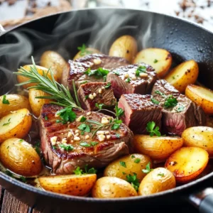 - 1 lb sirloin steak, cut into 1-inch cubes - 1 lb baby potatoes, halved - 4 tablespoons unsalted butter, divided - 4 cloves garlic, finely minced - 1 teaspoon fresh rosemary, chopped (or &frac12; teaspoon dried) - 1 teaspoon fresh thyme, chopped (or &frac12; teaspoon dried) - 1 teaspoon smoked paprika - Salt and freshly ground black pepper to taste - Fresh parsley, chopped for garnish - Optional lemon wedges The main ingredients create a rich base for this dish. Sirloin steak gives great taste with its tender texture. Baby potatoes add a comforting heartiness. Unsalted butter provides a creamy touch and carries flavors well. For seasonings, garlic is key. It adds a fragrant kick and depth. Fresh rosemary and thyme bring a lovely herbaceous note. Smoked paprika adds a hint of smokiness that ties it all together. Don't forget salt and pepper for proper seasoning. Garnishing with fresh parsley brightens your dish. It also adds a pop of color. Lemon wedges are optional but add a refreshing zing when squeezed over the dish. This blend of ingredients creates a delightful meal. {{ingredient_image_2}} Start by rinsing your baby potatoes well. Halve them to ensure even cooking. Next, take your sirloin steak and cut it into 1-inch cubes. This size helps the steak cook quickly and evenly. Season the cubes with salt, black pepper, and smoked paprika. This adds great flavor to your steak. Heat a large skillet over medium heat. Add 2 tablespoons of unsalted butter and let it melt. Once melted and foamy, place the halved potatoes cut-side down in the skillet. Cook them for about 15-20 minutes. Stir them occasionally to get a nice golden brown color. They should be tender inside when done. Use a slotted spoon to remove the potatoes and set them aside. In the same skillet, add the remaining 2 tablespoons of butter. Let it melt completely. Then, add the seasoned steak cubes to the pan. Make sure they are spaced out well. Sear the steak for about 3-4 minutes on each side. You want a rich, brown crust. Aim for medium-rare for the best flavor. Now, reduce the heat to medium-low. Add the minced garlic, chopped rosemary, and thyme to the skillet with the steak. Stir gently to mix them in. Cook for another 1-2 minutes. This step lets the garlic and herbs infuse their flavors without burning. Return the cooked baby potatoes to the skillet with the steak. Gently toss everything together. This helps the flavors blend. Cook for about 2-3 more minutes. Taste your dish and adjust the seasoning with extra salt and black pepper if needed. Remove the skillet from the heat when done. Garnish the dish with chopped fresh parsley. Serve it warm right from the skillet for a rustic look. To enhance the visual appeal, add extra sprigs of rosemary and a sprinkle of parsley. You can also serve lemon wedges on the side for a zesty touch. For garlic butter steak, sirloin is a great choice. It offers both flavor and tenderness. Look for steaks with a bright red color and good marbling. This marbling helps keep the meat juicy as it cooks. When selecting steak, ask your butcher for help if unsure. Always choose fresh cuts for the best taste. Start with a medium heat for your skillet. This helps cook the potatoes evenly. If it's too hot, they may burn. When you add the steak, give it space in the pan. This helps it sear and not steam. For garlic, add it later in the cooking process. This way, it will infuse flavor without burning. Keep an eye on it to avoid bitterness. You can add fresh herbs like basil or parsley for extra flavor. A pinch of red pepper flakes can give your dish a nice kick. For side dishes, try a simple salad or some crusty bread. These pair well with the rich garlic butter sauce. Consider serving with roasted vegetables for added color and nutrients. Pro Tips Rest Your Steak: After searing the steak, let it rest for a few minutes before serving. This allows the juices to redistribute, resulting in a juicier, more flavorful piece of meat. Uniform Potato Size: Ensure that the baby potatoes are cut into uniform sizes for even cooking. This will help them cook thoroughly and brown nicely. High-Quality Butter: Using high-quality unsalted butter can enhance the overall flavor of the dish. Look for European-style butter for a richer taste. Use Fresh Herbs: Fresh herbs like rosemary and thyme provide a more vibrant flavor compared to dried herbs. If possible, use fresh to elevate your dish. {{image_4}} You can switch up the meat in this dish. If sirloin steak is not available, try ribeye or flank steak. Both cuts will add great flavor. For the potatoes, baby potatoes work well, but you can use Yukon gold or red potatoes too. Just cut them into similar sizes for even cooking. You can also bake this dish in the oven. Preheat your oven to 400&deg;F. After cooking the potatoes in the skillet, transfer them to a baking dish. Add the steak and seasoning, then bake for 20-25 minutes. Grilling gives a smoky flavor. After seasoning the steak, grill it for about 4-5 minutes per side. You can cook the potatoes on the grill too, wrapped in foil. For a gluten-free version, check your butter and seasoning labels. Most are gluten-free. If you want a vegan option, use mushrooms instead of steak. You can use vegan butter and skip the garlic for a simple saut&eacute;. Replace the potatoes with other veggies, like zucchini or bell peppers, for a fresh twist. To keep your garlic butter steak and potatoes fresh, store them in an airtight container. Place the container in the fridge right after the meal. This way, it stays safe and tasty. Leftovers will stay good for about 3 days. If you see any signs of spoilage, like a bad smell or off-color, throw it out. When you reheat your steak and potatoes, use the stove for best results. Heat a skillet over low to medium heat. Add a small amount of butter or oil to keep them moist. Stir gently to prevent them from sticking or overcooking. This method helps maintain the texture of the steak and potatoes. If you want to save some for later, freezing is a great option. First, let the dish cool completely. Then, place it in a freezer-safe container. Make sure to seal it well to avoid freezer burn. To reheat, thaw in the fridge overnight before warming it up in the skillet or microwave. This way, your delicious meal stays as tasty as the first time! The best steak for this dish is sirloin. It has a great balance of flavor and tenderness. Other good options are ribeye and filet mignon. These cuts work well because they stay juicy when cooked. Plus, they develop a nice crust when seared. Yes, you can use regular potatoes. Just cut them into smaller pieces. Baby potatoes are good for their size and flavor. They cook faster and have a creamy texture. Regular potatoes might take longer to cook but will still taste great. To add heat, try using cayenne pepper. You can mix it with the salt and paprika. Another option is to add red pepper flakes when cooking. You may also use a spicy steak seasoning. This will boost the flavor and give it a kick. Serve this dish with a fresh green salad. A simple side of steamed broccoli pairs well too. You can also enjoy it with a glass of red wine. A light, fruity white wine works great for those who prefer it. These sides balance the richness of the steak and potatoes. You can prep the steak and potatoes ahead of time. Cut and season them, then store in the fridge. Cook them fresh when ready to serve. If you have leftovers, store them in an airtight container. They last about 3 days in the fridge. This recipe for garlic butter steak and potatoes is simple and tasty. I covered key ingredients like sirloin steak, baby potatoes, and herbs. You learned step-by-step instructions to prepare and cook them perfectly. The tips on selecting meat and cooking techniques help enhance your dish. Remember, you can always adapt this recipe to fit your tastes or dietary needs. Enjoy this meal alone or share it with friends. Cooking this dish brings joy and good flavors to your table. Happy cooking!