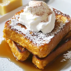 - 4 thick slices of bread (challah or brioche) - 2 large eggs - 1 cup pumpkin puree - 1/2 cup milk (dairy or non-dairy) - 1 teaspoon vanilla extract - 1 tablespoon brown sugar - 1 teaspoon pumpkin pie spice - 1/4 teaspoon ground nutmeg - A pinch of salt - 2 tablespoons butter - Maple syrup (for serving) - Whipped cream (for garnish) To make Pumpkin Pie French Toast, gather these simple ingredients. Choose thick slices of challah or brioche for the best texture. These breads soak up the pumpkin mix well, giving you a rich flavor. You will need two large eggs to bind everything together. The pumpkin puree is the star of the dish. It adds creaminess and a lovely autumn taste. Using milk, either dairy or your favorite non-dairy option, helps blend the mix. Vanilla extract adds a nice sweetness, while brown sugar gives it depth. Pumpkin pie spice and nutmeg bring warmth and that classic fall flavor. Don't forget a pinch of salt to balance everything. Finally, you will need butter for cooking and maple syrup with whipped cream for serving. These toppings make the dish extra special. With these ingredients, you will create a delightful breakfast that captures the spirit of fall. {{ingredient_image_2}} First, grab a large bowl. You will need to whisk together a few key ingredients. Use 2 large eggs, 1 cup of pumpkin puree, and 1/2 cup of milk. Add 1 teaspoon of vanilla extract and 1 tablespoon of brown sugar. Then, sprinkle in 1 teaspoon of pumpkin pie spice, 1/4 teaspoon of nutmeg, and a pinch of salt. Whisk until the mix is smooth. Make sure there are no lumps. This will ensure your French toast has a rich flavor. Next, preheat your skillet or griddle over medium heat. This step is crucial for even cooking. Once hot, add 1 tablespoon of butter and let it melt. Dip each slice of bread into the pumpkin mixture. Make sure both sides are coated. Don’t let the bread soak too long; you want it moist but not soggy. After coating, place the bread on the skillet. Cook each slice for 3-4 minutes on each side. Look for a golden-brown color. If needed, add more butter before flipping. After cooking, keep the French toast warm on a plate. You can also use a warming oven if you have one. When ready to serve, drizzle each slice with maple syrup. Top it with whipped cream for a special touch. For a festive look, dust with powdered sugar and a sprinkle of cinnamon. Enjoy your delightful fall breakfast! For this recipe, I love using challah or brioche. Their soft texture adds a great feel. Challah has a slightly sweeter taste. Brioche is rich and buttery. Both absorb the pumpkin mixture well. You can also use French bread or sourdough for a different texture. Each option gives a unique twist to your French toast. Keeping the skillet temperature steady is key. I suggest medium heat for even cooking. If it’s too hot, the outside burns before the inside cooks. Look for a golden brown color on each side. This usually takes about 3-4 minutes per side. Listen for a light sizzle; that’s a good sign! You can boost the flavor with spices like cinnamon or ginger. Vanilla extract adds a warm touch. Consider using maple extract for a unique twist. For toppings, maple syrup is classic, but whipped cream is a must! You might also try pecans or a dusting of powdered sugar for added crunch and sweetness. Pro Tips Use Day-Old Bread: Slightly stale bread absorbs the pumpkin mixture better without becoming mushy, resulting in a perfect texture. Cooking Temperature: Ensure your skillet is at medium heat to avoid burning the outside while the inside remains soggy. Customize Your Spices: Feel free to adjust the spices to your taste, adding more nutmeg or cinnamon for a warmer flavor profile. Serve Immediately: French toast is best served fresh off the skillet to maintain its crispy texture; keep the cooked slices warm in the oven if necessary. {{image_4}} You can make Pumpkin Pie French Toast even more fun with seasonal twists. Adding cranberries gives a festive touch. Their tartness balances the sweet pumpkin flavor perfectly. Try mixing in chocolate chips for a rich and sweet bite. They melt into the toast, creating delicious pockets of gooey chocolate. If you need gluten-free options, choose gluten-free bread. Many brands offer tasty alternatives that work well. For a plant-based version, use flax eggs instead of regular eggs. You can also swap out dairy milk for almond, oat, or coconut milk. These choices still give great flavor and texture. To take your French toast up a notch, mix in caramel or nut butters. They add a lovely richness and depth. You can also add citrus notes to the pumpkin mixture. A splash of orange juice or zest brightens the dish. It adds a fresh twist that complements the spices beautifully. To keep your Pumpkin Pie French Toast fresh, store it in an airtight container. Make sure it cools completely before sealing. Place it in the fridge for up to three days. If you notice any moisture, use a paper towel to absorb it. This keeps the bread from getting soggy. When you're ready to enjoy leftovers, you have a few good options. You can use a toaster oven or a skillet. For the toaster oven, set it to 350°F (175°C) and heat for about 10 minutes. If you choose a skillet, warm it over medium heat. Add a little butter to keep it tasty and crisp. Heat each side for about 3 minutes. This method helps maintain the texture and flavor. You can freeze cooked French toast, which is great for meal prep. Place the slices in a single layer on a baking sheet. Flash freeze them for about an hour, then transfer to a freezer bag. Make sure to remove as much air as possible. The French toast can last up to two months in the freezer. To thaw, move the slices to the fridge overnight. For reheating, use the toaster oven or skillet methods mentioned above. This way, you can enjoy that delightful pumpkin pie flavor anytime! Yes, you can prepare the pumpkin mixture ahead of time. Mix the eggs, pumpkin puree, milk, vanilla, brown sugar, spices, and salt. Store it in the fridge for up to 24 hours. When you're ready to cook, just dip the bread slices in the mixture and cook them. You can also cook the French toast and refrigerate it. Reheat it in a skillet or toaster oven before serving. If you don't have pumpkin puree, you can use sweet potato puree or butternut squash puree. Both options give a similar flavor. You can even use apple sauce, but it will change the taste and texture slightly. Make sure to adjust the spices to match your substitute. To make this Pumpkin Pie French Toast dairy-free, swap regular milk for almond, oat, or coconut milk. For butter, use coconut oil or a dairy-free butter substitute. These changes will keep your dish creamy and delicious without dairy. Serve the French toast hot with a drizzle of maple syrup. Add a dollop of whipped cream on top for extra richness. You can sprinkle cinnamon or powdered sugar for a festive touch. Fresh fruit, like berries or bananas, also makes a great addition. This blog post covered how to make delicious Pumpkin Pie French Toast. We looked at ingredients, step-by-step instructions, tips, variations, and storage info. You can enjoy this dish with your favorite bread. Remember to keep your skillet at the right temperature for the best results. Feel free to try new flavors or make it dairy-free. With these tips, you can create a tasty breakfast that is perfect for any season. Enjoy your cooking and make every bite count!