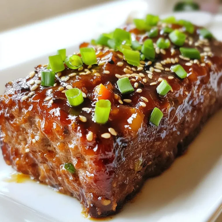 - 1 lb ground beef (or ground turkey for a lighter option) - 1 cup seasoned breadcrumbs - 1/2 cup finely chopped yellow onion - 1/2 cup grated carrot (about one medium carrot) - 2 cloves garlic, minced - 1/4 cup milk - 1 large egg, lightly beaten - 1/4 cup teriyaki sauce (store-bought or homemade) - 1 tablespoon soy sauce - 1 tablespoon ginger paste (or freshly grated ginger) - 1/4 teaspoon freshly ground black pepper - 1/4 teaspoon fine sea salt - Sesame seeds and chopped green onions for garnish You can swap ground beef for ground turkey. This cuts fat and still tastes great. If you don’t have seasoned breadcrumbs, plain ones will work. Just add a little salt and pepper. For a twist, use chopped bell peppers instead of carrots. You can also try coconut milk in place of regular milk for a creamy touch. To make your meatloaf look special, use sesame seeds and chopped green onions. They add flavor and color. You can also drizzle more teriyaki sauce on top. If you want, serve it with steamed rice and fresh veggies. This makes a fun and complete meal! {{ingredient_image_2}} First, preheat your oven to 350°F (175°C). This step warms up the oven for even cooking. Next, take a standard loaf pan and line it with parchment paper. Leave some paper hanging over the edges. This helps with easy removal later. In a large bowl, combine the ground beef, seasoned breadcrumbs, chopped onion, grated carrot, and minced garlic. Use your hands or a spatula to mix these dry ingredients. Make sure they are well blended. This mix forms the base of your meatloaf. In another bowl, whisk together the milk, beaten egg, teriyaki sauce, soy sauce, ginger paste, black pepper, and sea salt. Mix until smooth. This wet mixture adds moisture and flavor to the meatloaf. It’s important to combine everything well for the best taste. Now, pour the wet mixture into the bowl with the meat and veggies. Gently mix everything together. Use your hands or a spatula and be careful not to overmix. Overmixing can make your meatloaf dense, and we want it light and fluffy. Transfer the meat mixture into the prepared loaf pan. Shape it with your hands to fit snugly in the pan. Once shaped, drizzle teriyaki sauce over the top. This glaze will caramelize while baking, adding a lovely flavor. Place the loaf pan in the preheated oven. Bake for 45-50 minutes. The meatloaf is done when it reaches an internal temperature of 160°F (70°C). After baking, remove it from the oven and let it rest for 10 minutes. This resting time lets the juices redistribute, giving you a moist bite. Enjoy your delicious teriyaki glazed meatloaf! To get the perfect texture in your teriyaki glazed meatloaf, avoid overmixing. When you mix the meat with wet ingredients, do it gently. This keeps the meatloaf light and tender. Use your hands or a spatula to combine the ingredients. If you feel it is too dense, add a bit more milk. This small change can make a big difference. For the best glaze, add teriyaki sauce in two steps. First, drizzle some sauce on top before baking. This helps it soak in and adds flavor. After baking, brush more sauce on top. This gives it a shiny, tasty finish. Don't be shy with the sauce; it brings the dish to life. One common mistake is not letting the meatloaf rest. After baking, let it rest for about 10 minutes. This helps the juices stay inside. Another mistake is cutting the meatloaf too soon. If you cut it right away, the juices run out, and it may dry out. Lastly, don’t skip the garnishes. Sesame seeds and green onions add flavor and a nice look. Pro Tips Use Lean Meat: Opt for lean ground beef or turkey to reduce fat content and enhance the healthiness of your meatloaf. Don’t Overmix: When combining the ingredients, mix just until combined to ensure a tender texture in the final loaf. Let It Rest: Allowing the meatloaf to rest after baking helps the juices redistribute, resulting in a moist and flavorful slice. Experiment with Glaze: Feel free to mix different sauces or add spices to the glaze for unique flavor variations each time you make it! {{image_4}} You can swap ground beef for other meats. Ground turkey offers a leaner choice. Ground chicken or pork also works well. Each protein gives a unique taste and texture. Adjust your seasoning to balance the flavor. While teriyaki sauce is tasty, you can try other glazes. A sweet BBQ sauce adds a smoky touch. For a spicy kick, use sriracha mixed with honey. You can also experiment with hoisin sauce for an Asian twist. Each glaze brings out different flavors in the meatloaf. To make a vegetarian meatloaf, use lentils or black beans. Mash them and mix with breadcrumbs and veggies. For a vegan version, skip the egg and milk. Use flaxseed meal mixed with water as a binder. This keeps the loaf together while staying plant-based. Store leftover meatloaf in an airtight container. Place it in the fridge. This keeps it fresh for about three to four days. If you have more meatloaf than you can eat, freezing is a great option too. To reheat, use the oven for best results. Preheat the oven to 350°F (175°C). Place the meatloaf in a baking dish. Cover it with foil to keep it moist. Heat for about 20 minutes or until it warms all the way through. You can also use a microwave if you're short on time. Just slice the meatloaf and heat for 1 to 2 minutes, checking often. For freezing, let the meatloaf cool completely first. Wrap it tightly in plastic wrap. Then place it in a freezer-safe bag. Label it with the date. It can stay frozen for up to three months. When ready to eat, thaw it in the fridge overnight before reheating. This helps keep the flavor and texture intact. Yes, you can use store-bought teriyaki sauce. It saves time and still tastes great. Look for a sauce with good flavor and no added preservatives for the best result. I recommend serving teriyaki glazed meatloaf with steamed rice and sautéed vegetables. You can also add a fresh salad or pickled vegetables for extra crunch and color. These sides balance the rich flavors of the meatloaf. Check the internal temperature with a meat thermometer. The meatloaf should reach 160°F (70°C). You can also cut into it. The meat should no longer be pink, and juices should run clear. Yes, you can prepare the meatloaf ahead of time. Mix the ingredients, shape it, and cover it. Store it in the fridge for up to 24 hours before baking. This way, you can enjoy a quick meal that is still fresh and tasty. This blog post covers how to make teriyaki glazed meatloaf from start to finish. You learned about the key ingredients, step-by-step cooking methods, and essential tips for great texture. We explored variations and how to store leftovers effectively. In closing, making this dish is simple and rewarding. Enjoy trying your own twists to the recipe! You’ll impress everyone at the table. Happy cooking!