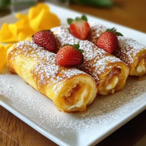 To make delicious stuffed French toast roll-ups, you need a few key ingredients. Each item plays a vital role in creating this easy breakfast delight. Here’s what you’ll need: - 8 slices of your choice of bread: You can use white or whole wheat bread. - 4 ounces cream cheese: Make sure it is softened to room temperature. - 1/2 cup strawberry jam: You can choose your favorite jam flavor too. - 2 large eggs: These will help bind everything together. - 1/2 cup milk: This adds creaminess to the egg mixture. - 1 teaspoon vanilla extract: It gives a lovely flavor boost. - 1 teaspoon ground cinnamon: This adds warmth and spice to the dish. - 1/4 cup granulated sugar: This is for coating the roll-ups. - 2 tablespoons butter: You’ll use this for cooking the roll-ups. - Fresh strawberries: Halved, they make a great garnish. - Powdered sugar: This adds a sweet touch for serving. Gather these ingredients before you start cooking. This will make the process smooth and quick. Enjoy the fun of making your breakfast! {{ingredient_image_2}} Start by mixing cream cheese and jam. In a bowl, blend 4 ounces of softened cream cheese with 1/2 cup of your favorite jam. Use a spatula or fork to make it smooth. This creamy filling is key to your roll-ups. Once mixed, set it aside for later. Next, focus on the bread. Take 8 slices of your chosen bread. Place each slice on a flat surface. Use a rolling pin to flatten them. Aim for a thickness of about 1/4 inch. This makes rolling easier and gives a better shape. Now it's time to fill the bread. Spread about 2 tablespoons of the cream cheese mixture on each slice. Leave a small space at the edges. This helps prevent any overflow when you roll them up. Begin rolling from one end, making a tight roll. Gently press the edges together to seal. In a shallow dish, prepare the egg mixture. Whisk together 2 large eggs, 1/2 cup of milk, 1 teaspoon of vanilla extract, and 1 teaspoon of ground cinnamon. Make sure it’s well mixed. Heat a skillet over medium heat and add 2 tablespoons of butter. Place the roll-ups in the skillet. Cook for about 2-3 minutes on each side until golden brown. While the roll-ups cook, make the sugar coating. In a small bowl, mix 1/4 cup of granulated sugar with the remaining ground cinnamon. Once the roll-ups are done, roll them in this mixture. This adds a nice sweetness. Finally, arrange them on a plate. Garnish with halved fresh strawberries and a light dusting of powdered sugar. Enjoy your tasty breakfast treat! To make perfect stuffed French toast roll-ups, start by preventing overflow during rolling. When you spread the cream cheese and jam mixture, leave a small border at the edges. This helps keep everything inside when you roll them up. Next, ensure an even cook by using a medium heat on your skillet. If the heat is too high, the outside may burn before the inside cooks. Cook each roll-up for about 2-3 minutes on each side. Look for a golden brown color to know they are ready. Serve your roll-ups with a side of maple syrup for dipping. This adds a sweet touch that everyone loves. Fresh fruit pairs well too. I suggest fresh strawberries or bananas. They add color and flavor to your plate. For creative garnishes, sprinkle some powdered sugar over the top. It makes your dish look fancy without much effort. You can also add a dusting of extra cinnamon for an inviting aroma. You can modify the fillings to suit your tastes. Try using different jams like raspberry or blueberry. For a fun twist, add fresh fruit pieces or even chocolate chips to the filling. If you want to change up the sugar coating, consider using coconut sugar or a sugar substitute like stevia. This way, you can enjoy your treat while keeping it a bit healthier. Pro Tips Use Stale Bread: Using slightly stale bread helps the roll-ups hold their shape better and absorb the egg mixture without getting too soggy. Experiment with Fillings: Feel free to get creative! Substitute strawberry jam with other flavors like blueberry, raspberry, or even Nutella for a different taste. Adjust Cooking Temperature: If your roll-ups are browning too quickly, reduce the heat slightly. You want them golden brown and cooked through without burning. Make Ahead: You can prepare the filling and roll the bread ahead of time. Keep them in the fridge until you're ready to cook for a quick and delicious breakfast! {{image_4}} You can change the filling to make your roll-ups even better. Try different jam flavors like raspberry or blueberry. These fruity choices add new tastes that kids love. You can also add some fresh fruits. Sliced bananas or chopped apples work great. If you want something sweet, add chocolate chips too. This mix of flavors makes each bite exciting. For a healthier twist, use whole grain bread instead of white bread. Whole grain bread has more fiber and nutrients. You can also swap cream cheese for Greek yogurt. Greek yogurt gives you protein and a tangy taste. It makes the roll-ups creamy but lighter. This way, you enjoy a tasty breakfast with fewer calories. If you want a vegan version, there are easy swaps. Use a plant-based cream cheese for the filling. You can also try mashed avocado or nut butter. These options bring unique textures and flavors. For the egg mixture, try using flaxseed meal or chia seeds with water. This mix helps bind the roll-ups without eggs. Cooking them will still give you a crispy outside and soft inside. Enjoy your vegan delight! After you enjoy your stuffed French toast roll-ups, store any leftovers in the fridge. Place them in an airtight container. This keeps them fresh and safe. They will last for about 2 to 3 days in the fridge. Make sure to let them cool before sealing the container. This helps avoid extra moisture. Freezing your roll-ups is easy and a great way to save them for later. To freeze, first let the roll-ups cool completely. Then, wrap each one in plastic wrap. Place them in a freezer-safe bag or container. They can stay frozen for up to 2 months. When you want to eat them, take out the roll-ups and thaw them in the fridge overnight. To reheat, you can bake them in the oven. Preheat your oven to 350°F (175°C). Place the roll-ups on a baking sheet. Heat for about 10 to 15 minutes until warm and crispy. This method keeps them tasty and helps maintain their texture. Yes, you can prepare components in advance. Make the filling and store it in the fridge. Flatten and roll the bread slices ahead as well. Keep them wrapped tightly in plastic wrap. When you are ready, simply dip them in the egg mixture and cook. This saves time during busy mornings. You can use dairy-free alternatives such as vegan cream cheese or nut-based cheeses. These options work well and still give a creamy texture. You can also try using Greek yogurt. It adds a tangy flavor and is a bit healthier. To make these roll-ups gluten-free, choose gluten-free bread. Many stores offer good options now. Look for soft gluten-free bread that can be rolled easily. This way, you can enjoy this treat without worrying about gluten. Yes, you can bake them instead of frying. Preheat your oven to 375°F (190°C). Place the roll-ups on a baking sheet lined with parchment paper. Bake for about 15-20 minutes, flipping halfway through. This method gives a lighter version while still tasting great. These roll-ups are a fun and tasty treat, perfect for breakfast or snacks. You learned how to make them step-by-step. We covered what ingredients to use and their cooking techniques. You can customize these roll-ups with different fillings or healthier options. Remember, they store well and can be made ahead of time for your convenience. Enjoy experimenting with flavors and impressing your family and friends. Your creativity can make each batch special!