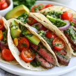 - 1 lb flank steak - 1 tablespoon extra virgin olive oil - Sea salt and freshly cracked black pepper, to taste - 8 small tortillas (corn or flour) - 1 cup cherry tomatoes, halved - 1 ripe avocado, sliced - 1 small red onion, thinly sliced - Fresh cilantro leaves, for garnish - 1 cup fresh parsley leaves, tightly packed - 1/2 cup fresh cilantro leaves, tightly packed - 3 cloves garlic, peeled - 1/2 teaspoon crushed red pepper flakes - 1/4 cup high-quality olive oil - 2 tablespoons non-alcoholic red wine vinegar - Sea salt and freshly cracked black pepper, to taste You can mix things up with different toppings. Try adding jalapeños for heat or crumbled cheese for creaminess. Swap flank steak for skirt steak or chicken if you prefer. For the tortillas, corn or flour both work well. Each option brings a different taste and texture. Adjust the chimichurri by adding more garlic or herbs to match your taste. {{ingredient_image_2}} To make chimichurri sauce, gather your ingredients. You need fresh parsley, cilantro, garlic, red pepper flakes, red wine vinegar, olive oil, sea salt, and black pepper. In a food processor, add the parsley, cilantro, garlic, and red pepper flakes. Pulse until finely chopped. Next, slowly add the olive oil while the processor runs. This will make the sauce thick but pourable. Taste and add salt and pepper as needed. Set aside half of the sauce for later. Now, it's time to cook the flank steak. Preheat your grill or skillet over medium-high heat. Rub the steak with olive oil. Sprinkle sea salt and black pepper on both sides. Grill or sear the steak for about 5-7 minutes on each side. This will give you a nice medium-rare finish. Adjust the time if you prefer it more or less cooked. Once done, take it off the heat and let it rest for five minutes. This helps keep the juices inside. After resting, slice the steak thinly against the grain to make it tender. While the steak rests, warm the tortillas. Place them in a dry skillet over medium heat for about 30 seconds on each side. This makes them soft and easy to fold. To assemble your tacos, take a tortilla and add some slices of steak. Then, add halved cherry tomatoes, avocado slices, and thin red onion rings. Drizzle with the chimichurri sauce and top with fresh cilantro leaves. For a fun serving idea, put the tacos on a wooden board with lime wedges on the side. Enjoy every bite of this fresh and flavorful meal! To get the best steak, use a meat thermometer. For medium-rare, aim for 130°F. This gives you a tender, juicy bite. Cook the flank steak about 5-7 minutes on each side. Remember to rest it for 5 minutes to keep the juices. Slice it thin against the grain. This makes each bite even more tender. Chimichurri sauce shines with fresh herbs. Use fresh parsley and cilantro for bright flavor. Add more garlic for a rich taste. For a spicy kick, increase the crushed red pepper flakes. Taste your sauce as you mix. Adjust salt and pepper until it pops. You can also add a squeeze of lime for a zesty twist. A beautiful display makes the meal special. Arrange tacos on a rustic wooden board. Add lime wedges for zesty flavor. Garnish with extra cilantro to bring color. Place the reserved chimichurri in a small bowl for dipping. This gives a nice touch and makes guests smile. Let the vibrant colors and fresh flavors take center stage. Pro Tips Resting is Key: Allow the steak to rest after cooking. This helps retain its juices, ensuring each bite is tender and flavorful. Chimichurri Variations: Feel free to customize the chimichurri by adding herbs like oregano or mint for a unique twist on the classic flavor. Warm Tortillas: Warming the tortillas enhances their flexibility and taste. Use a dry skillet or wrap them in foil and warm them in the oven. Serving Suggestion: Serve the tacos with lime wedges. The fresh citrus enhances the flavors and adds a refreshing zing to each bite. {{image_4}} You can switch the flank steak for other meats. Chicken thighs or pork shoulder work well. For a lighter option, try shrimp or fish. Each protein brings its unique flavor to the tacos. Just adjust the cooking time to ensure they are fully cooked and safe to eat. Tortillas are key to tasty tacos. You can use corn or flour tortillas based on your taste. Corn tortillas add a nice crunch. Flour tortillas are soft and chewy. You could also try whole wheat or gluten-free options for a healthier choice. Warm them up for the best texture. Chimichurri sauce is very flexible. You can add fresh herbs like oregano or basil for a twist. For more heat, include jalapeños or more red pepper flakes. Want a citrusy kick? Add lime or lemon juice. Experiment with the ingredients to create your perfect chimichurri. To store leftover tacos, keep them in an airtight container. Place the tacos in the fridge. They will stay fresh for up to two days. If you can, store the fillings and tortillas separately. This keeps the tortillas from getting soggy. For the chimichurri sauce, transfer it to a clean jar. Seal it tightly and keep it in the fridge. The sauce can last for up to one week. If you notice any discoloration, it’s best to discard it. When reheating the steak, use a skillet over low heat. This helps to warm it without drying it out. For tortillas, you can heat them in a dry skillet for about 30 seconds. Keep an eye on them so they don’t burn. Enjoy your delicious tacos! Chimichurri sauce is a vibrant mix of herbs and spices. It includes fresh parsley and cilantro, which give it a bold green color. Garlic adds depth, while red pepper flakes bring some heat. Olive oil makes the sauce smooth and rich. Finally, a splash of red wine vinegar adds a tangy kick. This sauce is perfect for drizzling on steak tacos. Yes, you can prepare many parts ahead of time. Make the chimichurri sauce a day before. Store it in the fridge. It will taste even better after the flavors blend. Cook the steak the day you plan to serve. You can also warm the tortillas before serving. Just remember to assemble the tacos right before eating for the best taste and texture. Flank steak is a great choice for tacos. It is tender, flavorful, and easy to slice. You can also use skirt steak for a similar taste. Both cuts cook quickly and soak up flavors well. When cooked right, they make each bite juicy and delicious. Be sure to cut against the grain for tenderness. Chimichurri steak tacos are a tasty meal to enjoy. We covered key ingredients and how to make the sauce. I shared steps for cooking the flank steak and assembling the tacos. With tips for perfecting doneness and adding flavor, you can impress your guests. Try different proteins and tortillas for variety. Don’t forget about storage tips to keep your tacos fresh. With this guide, you can create a delicious meal that everyone will love. Enjoy your cooking adventure!