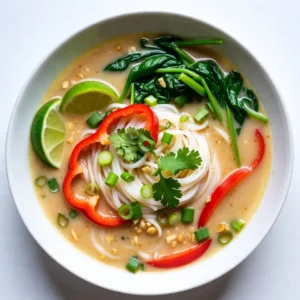 - 200g rice noodles - 1 tablespoon coconut oil - 1 medium onion, finely chopped - 3 cloves garlic, minced - 1 tablespoon fresh ginger, grated - 2 tablespoons red curry paste - 1 can (400ml) coconut milk - 2 cups vegetable broth - 1 tablespoon soy sauce - 1 tablespoon brown sugar - 1 red bell pepper, thinly sliced - 1 cup baby spinach - 2 green onions, sliced, for garnish - Fresh cilantro, chopped, for garnish - Lime wedges, for serving - You can add protein like chicken, tofu, or shrimp. - For coconut milk, use almond milk or soy milk as a substitute. - If you can’t find red curry paste, try yellow or green curry paste. This soup brings warmth and comfort. Each ingredient plays a role in creating a rich, flavorful dish. The rice noodles offer a soft base, while the coconut milk adds creaminess. The red curry paste gives it a nice kick. You can customize it easily with your favorite veggies or proteins. Enjoy your cooking and make it your own! {{ingredient_image_2}} To cook rice noodles, start by boiling water in a pot. Add the noodles to the boiling water. Cook them for 4-6 minutes or until they are soft. Keep an eye on them, as they can get too mushy. Once cooked, drain the noodles in a colander. Rinse them under cold water to stop the cooking process. Set them aside in a bowl. In a large pot, heat 1 tablespoon of coconut oil over medium heat. Add the finely chopped onion and sauté it for about 5 minutes. You want the onion to become soft and clear. Then, stir in 3 cloves of minced garlic and 1 tablespoon of grated ginger. Cook for another 1-2 minutes until it smells great. Now, add 2 tablespoons of red curry paste. Mix it well with the onions, garlic, and ginger. Cook for 1 more minute to bring out the flavors. Next, pour in 1 can of coconut milk and 2 cups of vegetable broth. Stir well to mix the curry paste into the liquid. Add 1 tablespoon of soy sauce and 1 tablespoon of brown sugar. Increase the heat a bit and bring the soup to a gentle simmer. Now, add the thinly sliced red bell pepper. Let it simmer for about 5 minutes, so it softens but stays crunchy. Finally, fold in 1 cup of baby spinach and let it wilt for about 2 minutes. This will add color and nutrients to your soup. - Optimal cooking times for each ingredient: Start by cooking the rice noodles. Follow the package instructions. They usually take about 5 minutes. Next, sauté the onions for 5 minutes, then cook garlic and ginger for 1-2 minutes. The vegetables should be soft and fragrant. Add the red curry paste and cook for 1 minute to unlock its full flavor. Pour in the coconut milk and broth, then simmer for about 5 minutes with the red bell pepper. Finally, add spinach and let it wilt for 2 minutes. - Adjusting spice levels with curry paste: Red curry paste has a strong flavor. If you like it spicy, use more paste. Start with 2 tablespoons and taste. You can always add more. If you prefer mild flavors, use just 1 tablespoon. Adjust based on your taste. Remember, you can add spice but can't take it away! - What to use in place of coconut milk: If you can't find coconut milk, you can use almond milk or oat milk. These options give a different flavor but still work well. You can also mix heavy cream with water for a thick consistency. - Alternatives for soy sauce for gluten-free options: For a gluten-free choice, use tamari instead of soy sauce. It tastes similar and adds saltiness. You can also use coconut aminos for a sweeter flavor. Both options keep the dish gluten-free without losing taste. - Best sides to pair with the soup: Serve the soup with a side of crusty bread or rice. Both soak up the delicious broth. A simple salad with lime dressing adds freshness too. - Storage and reheating tips for leftovers: Store any leftover soup in an airtight container. It lasts about 3 days in the fridge. When reheating, add a splash of broth or water. This keeps the soup from getting too thick. Warm it on the stove for the best texture. Pro Tips Use Fresh Ingredients: Whenever possible, opt for fresh vegetables and herbs to enhance the flavor and nutritional value of your soup. Adjust Spice Level: If you prefer a spicier soup, add more red curry paste or a few slices of fresh chili peppers to taste. Customize Your Veggies: Feel free to substitute or add other vegetables such as carrots, zucchini, or mushrooms for added texture and flavor. Storage Tips: Store leftovers in an airtight container in the refrigerator for up to 3 days. Reheat gently on the stove for the best texture. {{image_4}} You can easily make this soup vegan or vegetarian. Just skip any meat and use vegetable broth. The coconut milk adds rich flavor, so you won’t miss the meat. For a low-carb option, use zucchini noodles instead of rice noodles. They cook fast and soak up the curry flavor well. If you need gluten-free, check your soy sauce label. Some brands have gluten-free options. To change the flavor, add fresh herbs like basil or mint. A squeeze of lime juice brightens the soup. If you like heat, toss in some chili flakes or fresh chilies. You can also mix in different vegetables. Try carrots, snap peas, or mushrooms for added texture and taste. For protein, add cooked chicken, shrimp, or tofu. Each choice adds a unique twist. While this dish is Thai, you can explore other Southeast Asian flavors. For example, add a dash of fish sauce for depth. You might also try a splash of tamarind for tang. Personalize your soup with toppings like crushed peanuts, bean sprouts, or a drizzle of chili oil. Each little touch makes the dish your own and adds layers of flavor. After you enjoy your Thai Coconut Curry Noodle Soup, store any leftovers in the fridge. First, let the soup cool to room temperature. Then, transfer it to an airtight container. This keeps the flavors fresh. Your soup will last about three to four days in the fridge. Always check for any signs of spoilage before eating. Yes, you can freeze Thai Coconut Curry Noodle Soup! Freezing is a great option if you want to enjoy it later. To freeze, let the soup cool completely. Then, pour it into a freezer-safe container. Leave some space at the top for the soup to expand. When you're ready to eat, thaw the soup overnight in the fridge. Reheat it gently on the stove until hot. Stir well to mix the ingredients. Use glass or BPA-free plastic containers for storing your soup. These help keep the soup fresh and tasty. For labeling, write the date on the container. This way, you know when you made it. You can also add a note about what’s inside. This helps avoid confusion later on. How spicy is Thai Coconut Curry Noodle Soup? The spice level depends on the red curry paste you use. A standard red curry paste offers moderate heat. If you prefer less spice, start with a smaller amount and taste as you go. You can always add more later, but it’s hard to take spice away! Can I make this recipe in advance? Yes, you can make this soup ahead of time. Prepare the soup base and store it in the fridge. Cook the noodles separately and add them just before serving. This keeps the noodles from getting mushy. What's the best way to reheat the soup? To reheat, warm the soup in a pot over medium heat. Stir often to ensure it heats evenly. If the soup gets too thick, add a splash of broth or water to thin it out. Can I use different types of noodles? Absolutely! While rice noodles are traditional, you can use egg noodles or whole wheat noodles. Just cook them according to package instructions before adding them to the soup. What if I can’t find red curry paste? If you can’t find red curry paste, try making your own with dried spices. Use chili powder, garlic powder, and ginger powder as a base. You can also look for yellow or green curry paste, but they will change the flavor. Are there any nut-free alternatives for coconut milk? Yes, you can use oat milk or soy milk as a substitute. They will alter the flavor, but they work well in this dish. Make sure to choose unsweetened versions for the best results. In this blog post, we explored how to make a delicious Thai Coconut Curry Noodle Soup. We covered the key ingredients like rice noodles and coconut milk, along with steps to prepare the soup. You also learned tips for cooking and storage, as well as variations to suit different diets. Enjoy experimenting with flavors and ingredients. This dish is easy, tasty, and perfect for any meal. Happy cooking!