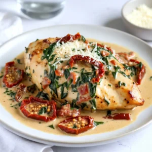 To make Creamy Sun-Dried Tomato Chicken, you will need the following items: - 2 boneless, skinless chicken breasts - 1 cup sun-dried tomatoes in oil, drained and finely chopped - 1 cup heavy cream - 1 cup chicken broth - 3 cloves garlic, minced - 1 teaspoon Italian seasoning - Sea salt and freshly cracked black pepper to taste - 2 tablespoons extra virgin olive oil - 1 cup fresh baby spinach leaves - Grated Parmesan cheese for garnishing - Optional: Fresh basil leaves for garnish These ingredients work together to create a rich and tasty meal. The sun-dried tomatoes add a sweet and tangy flavor that pairs well with chicken. The heavy cream gives the sauce its creamy texture, while the garlic and Italian seasoning add depth. You can adjust the salt and pepper to your taste. For the best results, use quality ingredients. Fresh spinach adds a nice touch, both in taste and color. Don't forget the Parmesan cheese for that extra flavor boost! {{ingredient_image_2}} First, take your chicken breasts and season them well. Use sea salt, black pepper, and Italian seasoning. This blend has dried basil, oregano, and thyme. Make sure to cover both sides evenly. This will give your chicken the best flavor. Next, heat extra virgin olive oil in a large skillet over medium-high heat. Once hot, add the seasoned chicken breasts. Sear them for about 6-7 minutes on each side. You want a nice golden-brown crust. The chicken should reach 165&deg;F inside. When done, take the chicken out and place it on a plate. 1. Lower the heat to medium. Add minced garlic to the same skillet. Saut&eacute; it for 1 minute until it smells great. Be careful not to burn it. 2. Stir in the chopped sun-dried tomatoes. Cook them for another 2 minutes. This lets their flavor mix in well. 3. Pour in the chicken broth and stir gently. Let it simmer for about 3-4 minutes. This helps the sauce thicken. 4. Now, add the heavy cream. Stir it well until the sauce is creamy. Make sure it heats through, but do not let it boil. 5. Toss in the fresh spinach leaves. Cook for 1-2 minutes. The spinach will wilt and turn bright green. 6. Return the cooked chicken to the skillet. Spoon the creamy sauce over the chicken. Make sure each piece is fully coated. 7. Let everything simmer together for 5 more minutes. This helps the flavors blend perfectly. 8. Time to serve! Plate your creamy sun-dried tomato chicken while it is hot. Sprinkle grated Parmesan cheese on top. You can also add fresh basil leaves for extra flavor and color. To get the best chicken, use boneless, skinless breasts. Start with even seasoning. Sprinkle sea salt, black pepper, and Italian seasoning on both sides. This will help the chicken soak up flavor. Sear the chicken for 6-7 minutes on each side. Look for a golden-brown color. Make sure the inside reaches 165&deg;F. This keeps it juicy and safe to eat. For the creamy sauce, start with saut&eacute;ed garlic. This adds depth to the flavor. Add the chopped sun-dried tomatoes next. Cook them for 2 minutes. This helps the flavors mix well. Pour in chicken broth and let it simmer for 3-4 minutes. When you add heavy cream, stir gently. Keep the heat low to avoid boiling. You want it rich and creamy, not curdled. Serve your creamy sun-dried tomato chicken on a bed of fluffy jasmine rice or pasta. This makes a nice base for the sauce. Garnish with grated Parmesan cheese for a salty finish. Add fresh basil leaves for a pop of color and aroma. A drizzle of olive oil also adds shine and flavor. This makes your dish look as good as it tastes! Pro Tips Perfectly Cooked Chicken: To ensure juicy chicken breasts, use a meat thermometer to check for an internal temperature of 165&deg;F before removing them from the skillet. Enhance the Creaminess: For a richer sauce, consider adding a tablespoon of cream cheese or mascarpone when mixing in the heavy cream. Customize the Veggies: Feel free to add other vegetables such as bell peppers or mushrooms for added flavor and texture. Leftover Magic: This dish can be easily reheated. Just add a splash of chicken broth when warming it up to keep the sauce creamy. {{image_4}} You can switch up the protein in this dish. Shrimp makes a great choice. Cook it just like the chicken. It only needs about 3-4 minutes per side. Tofu is another option. Use firm tofu for best results. Cut it into cubes, and saut&eacute; it until golden. You can also try different cuts of chicken. Thighs have more flavor and stay juicy. Want to make this dish even better? Add more herbs and spices. Fresh basil gives a nice twist. You can also try thyme or rosemary. A pinch of red pepper flakes adds heat. If you love garlic, add more cloves. For a smoky flavor, try smoked paprika. These little changes can make a big impact. You have many options for serving this dish. It pairs well with pasta. Toss it with fettuccine or penne for a hearty meal. Jasmine rice is another great choice. The creamy sauce soaks into the rice perfectly. If you prefer, serve it as a standalone dish. Just add a side salad for some freshness. Each option brings out the flavors in a new way. To store leftover creamy sun-dried tomato chicken, follow these steps: - Let the dish cool to room temperature. - Transfer it to an airtight container. - Keep it in the fridge for up to three days. - Label the container with the date to track freshness. This method keeps the chicken moist and flavorful. To reheat your creamy sun-dried tomato chicken, do this: - Place the chicken in a skillet over low heat. - Add a splash of chicken broth or cream to prevent drying. - Heat for about 5-7 minutes, stirring gently. This keeps the chicken creamy and prevents it from becoming tough. To freeze creamy sun-dried tomato chicken, use these tips: - Allow the dish to cool completely first. - Portion it into freezer-safe containers. - Seal tightly and label with the date. You can freeze it for up to three months. Thaw overnight in the fridge for the best results. Creamy sun-dried tomato chicken lasts about 3 to 4 days in the fridge. Store it in an airtight container. This keeps the flavors fresh and safe to eat. Make sure the chicken cools down before sealing it. If you notice any off smell or change in color, it's best to discard it. Yes, you can make this dish dairy-free. Replace the heavy cream with coconut milk or cashew cream. Both options add creaminess and flavor. You can also use almond milk with a thickener like cornstarch. This keeps the dish rich without dairy. You can enjoy creamy sun-dried tomato chicken with many sides. Here are some tasty ideas: - Fluffy jasmine rice - Creamy mashed potatoes - Fresh pasta - Steamed broccoli - Garlic bread These sides soak up the delicious sauce and complete your meal perfectly. In this article, I shared a simple recipe for creamy sun-dried tomato chicken. You learned about the key ingredients, cooking steps, and helpful tips. Each section aimed to make cooking easier and tastier for you. Remember, you can mix things up with different proteins and flavors. This dish is not only delicious but also versatile. Enjoy creating your perfect version of this meal and impress your friends and family!