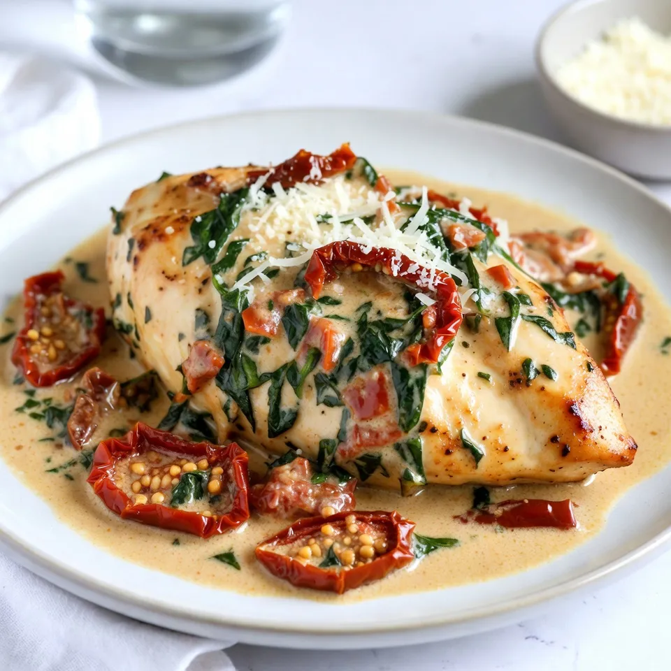 To make Creamy Sun-Dried Tomato Chicken, you will need the following items: - 2 boneless, skinless chicken breasts - 1 cup sun-dried tomatoes in oil, drained and finely chopped - 1 cup heavy cream - 1 cup chicken broth - 3 cloves garlic, minced - 1 teaspoon Italian seasoning - Sea salt and freshly cracked black pepper to taste - 2 tablespoons extra virgin olive oil - 1 cup fresh baby spinach leaves - Grated Parmesan cheese for garnishing - Optional: Fresh basil leaves for garnish These ingredients work together to create a rich and tasty meal. The sun-dried tomatoes add a sweet and tangy flavor that pairs well with chicken. The heavy cream gives the sauce its creamy texture, while the garlic and Italian seasoning add depth. You can adjust the salt and pepper to your taste. For the best results, use quality ingredients. Fresh spinach adds a nice touch, both in taste and color. Don't forget the Parmesan cheese for that extra flavor boost! {{ingredient_image_2}} First, take your chicken breasts and season them well. Use sea salt, black pepper, and Italian seasoning. This blend has dried basil, oregano, and thyme. Make sure to cover both sides evenly. This will give your chicken the best flavor. Next, heat extra virgin olive oil in a large skillet over medium-high heat. Once hot, add the seasoned chicken breasts. Sear them for about 6-7 minutes on each side. You want a nice golden-brown crust. The chicken should reach 165°F inside. When done, take the chicken out and place it on a plate. 1. Lower the heat to medium. Add minced garlic to the same skillet. Sauté it for 1 minute until it smells great. Be careful not to burn it. 2. Stir in the chopped sun-dried tomatoes. Cook them for another 2 minutes. This lets their flavor mix in well. 3. Pour in the chicken broth and stir gently. Let it simmer for about 3-4 minutes. This helps the sauce thicken. 4. Now, add the heavy cream. Stir it well until the sauce is creamy. Make sure it heats through, but do not let it boil. 5. Toss in the fresh spinach leaves. Cook for 1-2 minutes. The spinach will wilt and turn bright green. 6. Return the cooked chicken to the skillet. Spoon the creamy sauce over the chicken. Make sure each piece is fully coated. 7. Let everything simmer together for 5 more minutes. This helps the flavors blend perfectly. 8. Time to serve! Plate your creamy sun-dried tomato chicken while it is hot. Sprinkle grated Parmesan cheese on top. You can also add fresh basil leaves for extra flavor and color. To get the best chicken, use boneless, skinless breasts. Start with even seasoning. Sprinkle sea salt, black pepper, and Italian seasoning on both sides. This will help the chicken soak up flavor. Sear the chicken for 6-7 minutes on each side. Look for a golden-brown color. Make sure the inside reaches 165°F. This keeps it juicy and safe to eat. For the creamy sauce, start with sautéed garlic. This adds depth to the flavor. Add the chopped sun-dried tomatoes next. Cook them for 2 minutes. This helps the flavors mix well. Pour in chicken broth and let it simmer for 3-4 minutes. When you add heavy cream, stir gently. Keep the heat low to avoid boiling. You want it rich and creamy, not curdled. Serve your creamy sun-dried tomato chicken on a bed of fluffy jasmine rice or pasta. This makes a nice base for the sauce. Garnish with grated Parmesan cheese for a salty finish. Add fresh basil leaves for a pop of color and aroma. A drizzle of olive oil also adds shine and flavor. This makes your dish look as good as it tastes! Pro Tips Perfectly Cooked Chicken: To ensure juicy chicken breasts, use a meat thermometer to check for an internal temperature of 165°F before removing them from the skillet. Enhance the Creaminess: For a richer sauce, consider adding a tablespoon of cream cheese or mascarpone when mixing in the heavy cream. Customize the Veggies: Feel free to add other vegetables such as bell peppers or mushrooms for added flavor and texture. Leftover Magic: This dish can be easily reheated. Just add a splash of chicken broth when warming it up to keep the sauce creamy. {{image_4}} You can switch up the protein in this dish. Shrimp makes a great choice. Cook it just like the chicken. It only needs about 3-4 minutes per side. Tofu is another option. Use firm tofu for best results. Cut it into cubes, and sauté it until golden. You can also try different cuts of chicken. Thighs have more flavor and stay juicy. Want to make this dish even better? Add more herbs and spices. Fresh basil gives a nice twist. You can also try thyme or rosemary. A pinch of red pepper flakes adds heat. If you love garlic, add more cloves. For a smoky flavor, try smoked paprika. These little changes can make a big impact. You have many options for serving this dish. It pairs well with pasta. Toss it with fettuccine or penne for a hearty meal. Jasmine rice is another great choice. The creamy sauce soaks into the rice perfectly. If you prefer, serve it as a standalone dish. Just add a side salad for some freshness. Each option brings out the flavors in a new way. To store leftover creamy sun-dried tomato chicken, follow these steps: - Let the dish cool to room temperature. - Transfer it to an airtight container. - Keep it in the fridge for up to three days. - Label the container with the date to track freshness. This method keeps the chicken moist and flavorful. To reheat your creamy sun-dried tomato chicken, do this: - Place the chicken in a skillet over low heat. - Add a splash of chicken broth or cream to prevent drying. - Heat for about 5-7 minutes, stirring gently. This keeps the chicken creamy and prevents it from becoming tough. To freeze creamy sun-dried tomato chicken, use these tips: - Allow the dish to cool completely first. - Portion it into freezer-safe containers. - Seal tightly and label with the date. You can freeze it for up to three months. Thaw overnight in the fridge for the best results. Creamy sun-dried tomato chicken lasts about 3 to 4 days in the fridge. Store it in an airtight container. This keeps the flavors fresh and safe to eat. Make sure the chicken cools down before sealing it. If you notice any off smell or change in color, it's best to discard it. Yes, you can make this dish dairy-free. Replace the heavy cream with coconut milk or cashew cream. Both options add creaminess and flavor. You can also use almond milk with a thickener like cornstarch. This keeps the dish rich without dairy. You can enjoy creamy sun-dried tomato chicken with many sides. Here are some tasty ideas: - Fluffy jasmine rice - Creamy mashed potatoes - Fresh pasta - Steamed broccoli - Garlic bread These sides soak up the delicious sauce and complete your meal perfectly. In this article, I shared a simple recipe for creamy sun-dried tomato chicken. You learned about the key ingredients, cooking steps, and helpful tips. Each section aimed to make cooking easier and tastier for you. Remember, you can mix things up with different proteins and flavors. This dish is not only delicious but also versatile. Enjoy creating your perfect version of this meal and impress your friends and family!