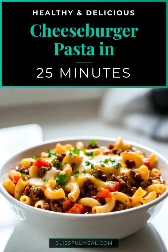 Satisfy your cravings with this quick and delicious Cheeseburger Pasta! This one-pan pasta dish combines the best of cheesy pasta skillet dinners and easy ground beef recipes for a dinner everyone will love. Ready in just 25 minutes, this cheesy goodness is perfect for busy weeknights. Try this amazing Cheeseburger Pasta Skillet today! Save and share for your next meal! #CheeseburgerPasta #SkilletPastaRecipes #OnePanDinner #EasyGroundBeefRecipes