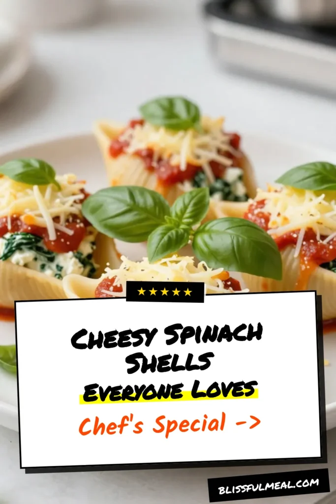 Discover the ultimate comfort with these Cheesy Spinach Stuffed Shells! This Ricotta Stuffed Shells Recipe is the perfect Easy Spinach Pasta Dish for vegetarians and pasta lovers alike. Indulge in this delicious Vegetarian Pasta Bake topped with marinara sauce and bubbling cheese. Serve it at your next gathering and watch everyone go back for seconds! Save this recipe for a cheesy pasta experience! #CheesySpinachStuffedShells #VegetarianPastaBake #PastaRecipes #EasyDinnerIdeas