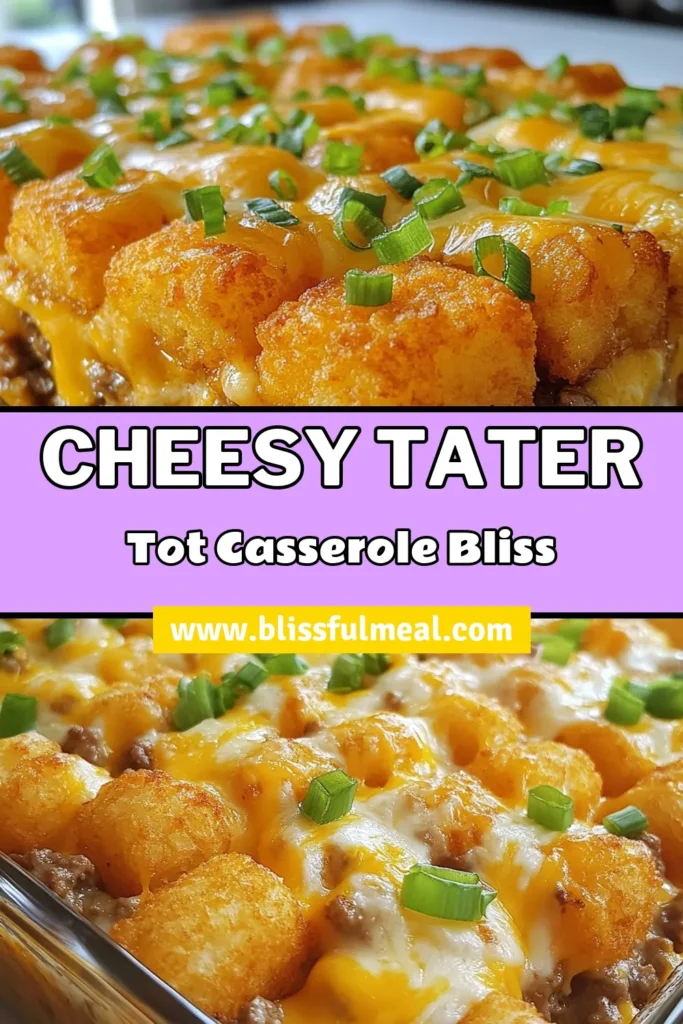 Craving comfort food? Try this delicious Cheeseburger Tater Tot Casserole! This easy casserole recipe features ground beef, creamy mushroom soup, and loads of cheese topped with crispy tater tots. It’s the perfect cheesy tater tot casserole for family dinners! Ready in just 50 minutes, it’s sure to be a hit. Save this recipe for a hearty, satisfying meal! #CheeseburgerCasserole #CasseroleRecipes #ComfortFood #GroundBeefCasserole