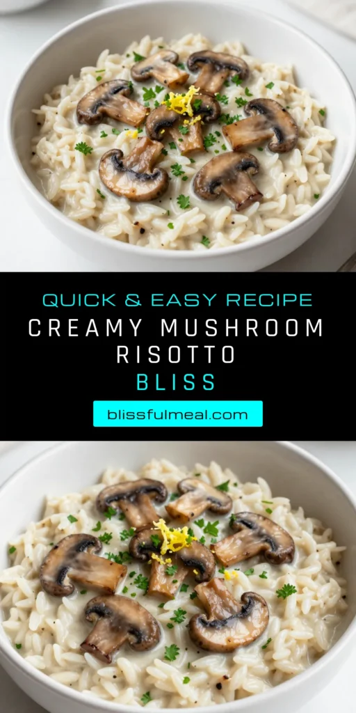 Savor the rich flavors of this creamy mushroom risotto, the perfect blend of Arborio rice and earthy mushrooms cooked to perfection. This easy mushroom risotto combines vegetable broth for a light touch and heavy cream for decadence. Ideal for a cozy dinner or entertaining guests, this Arborio rice recipe is a must-try. Click to discover this delicious risotto recipe and elevate your meal! #MushroomRisotto #EasyRecipes #ComfortFood #RisottoRecipe