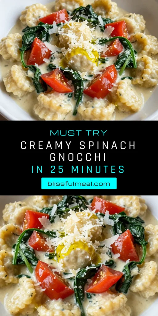 Indulge in this creamy tomato spinach gnocchi, a delightful vegetarian gnocchi dish perfect for a quick weeknight meal. This easy gnocchi recipe combines tender gnocchi with a rich, creamy tomato sauce and fresh spinach for a delicious one-pot gnocchi dinner. Ready in just 25 minutes, it’s a perfect family favorite! Try this creamy tomato sauce recipe tonight and elevate your dinner game! Save for later and enjoy! #GnocchiRecipe #VegetarianDinner #OnePotPasta #CreamyGnocchi