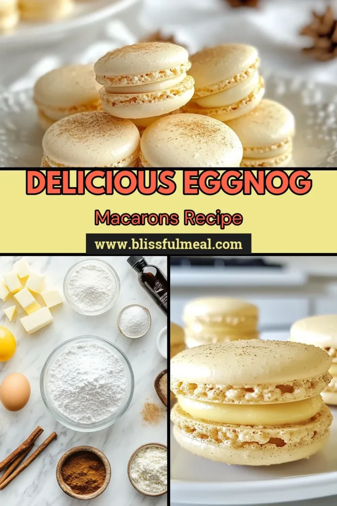 Indulge in the festive flavors of the holiday season with this delightful Eggnog Macarons recipe! Perfect for holiday gatherings, these almond flour macarons feature a creamy nutmeg filling that will impress everyone. Follow our French macarons tutorial to master this classic treat. Looking for festive dessert ideas? Save and try these elegant treats this season! #EggnogMacarons #HolidayDesserts #FrenchMacarons #BakingJoy
