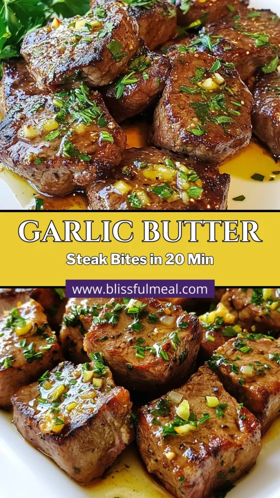 Discover the deliciousness of Garlic Butter Steak Bites! This easy sirloin steak bites recipe is perfect for quick appetizers that impress. Made with succulent bite-sized sirloin, rich garlic butter, and seasoned to perfection, these Garlic Butter Steak Bites are sure to be a crowd-pleaser. Ready in just 20 minutes, they're great for gatherings or family dinners. Try it today and elevate your appetizer game! #GarlicButterSteakBites #EasySteakBites #QuickAppetizers #GarlicButterRecipe