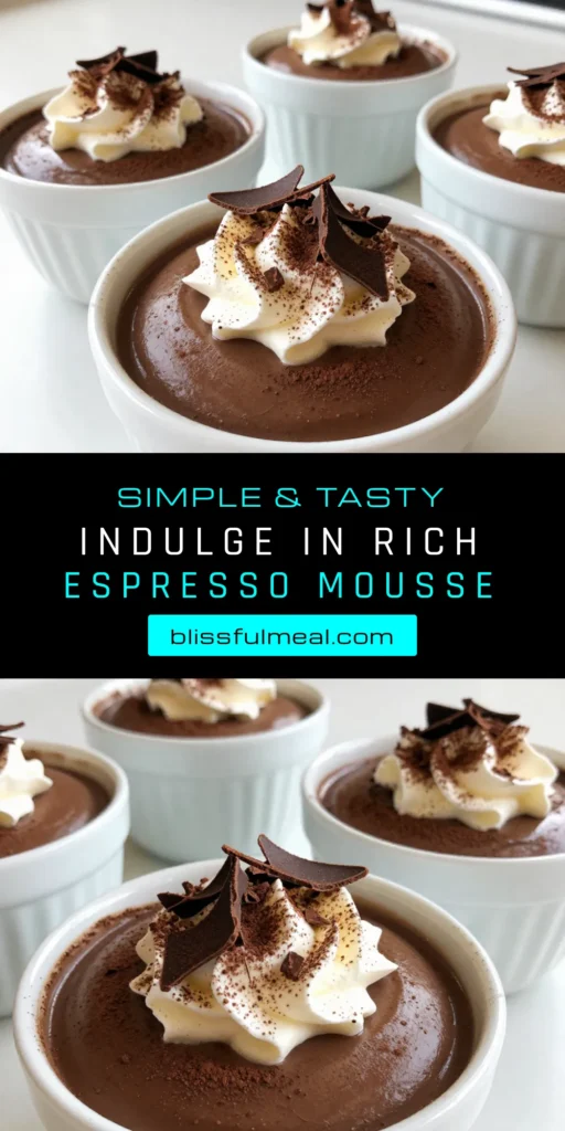 Indulge in this delightful chocolate espresso mousse that's rich, creamy, and easy to make! This dark chocolate mousse recipe combines deep flavors of dark chocolate and espresso for the perfect dessert. Impress your guests with a homemade espresso mousse topped with chocolate shavings. Perfect for any occasion! Try this easy chocolate mousse with espresso today and elevate your dessert game. Save this recipe for later! #ChocolateEspressoMousse #EasyChocolateMousse #CreamyDessert #HomemadeMousse