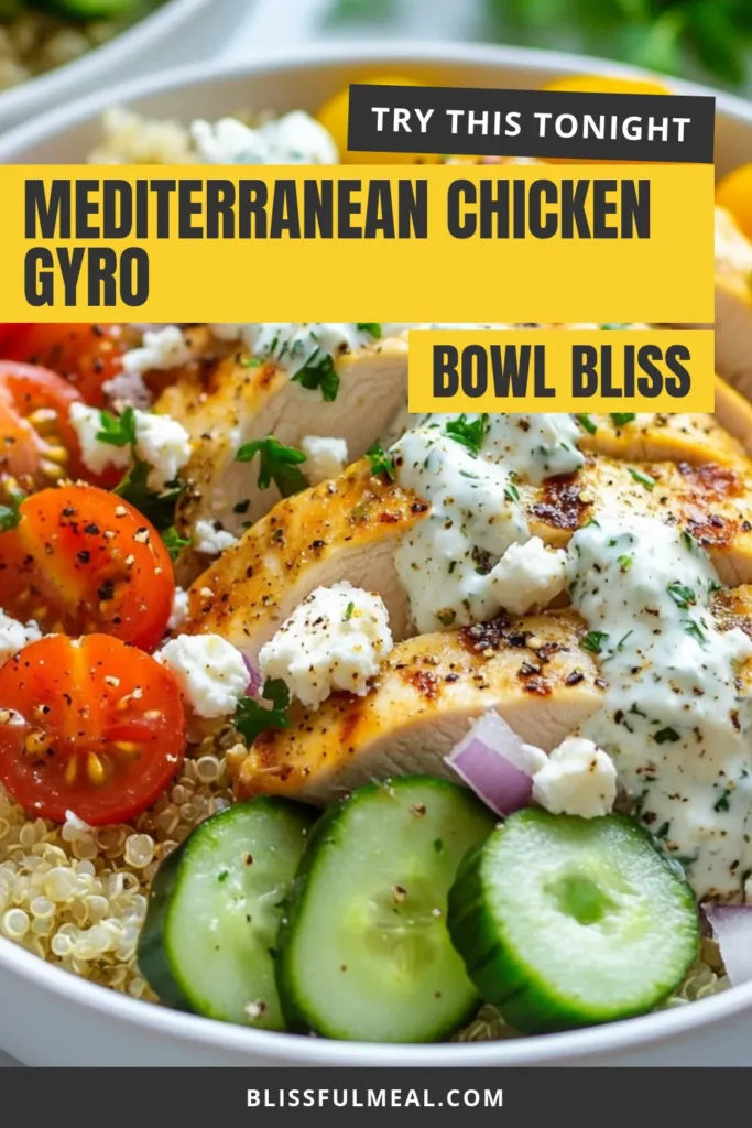 Create a delicious Mediterranean chicken gyro bowl with this healthy chicken gyro recipe featuring juicy chicken, fluffy quinoa, and vibrant veggies. Don’t forget the homemade tzatziki sauce recipe to elevate your meal! Perfect for a satisfying lunch or dinner, this Greek chicken recipe is a must-try. Pin now to bring flavors of Greece to your table! #MediterraneanRecipes #HealthyEating #GreekFood #QuinoaBowls