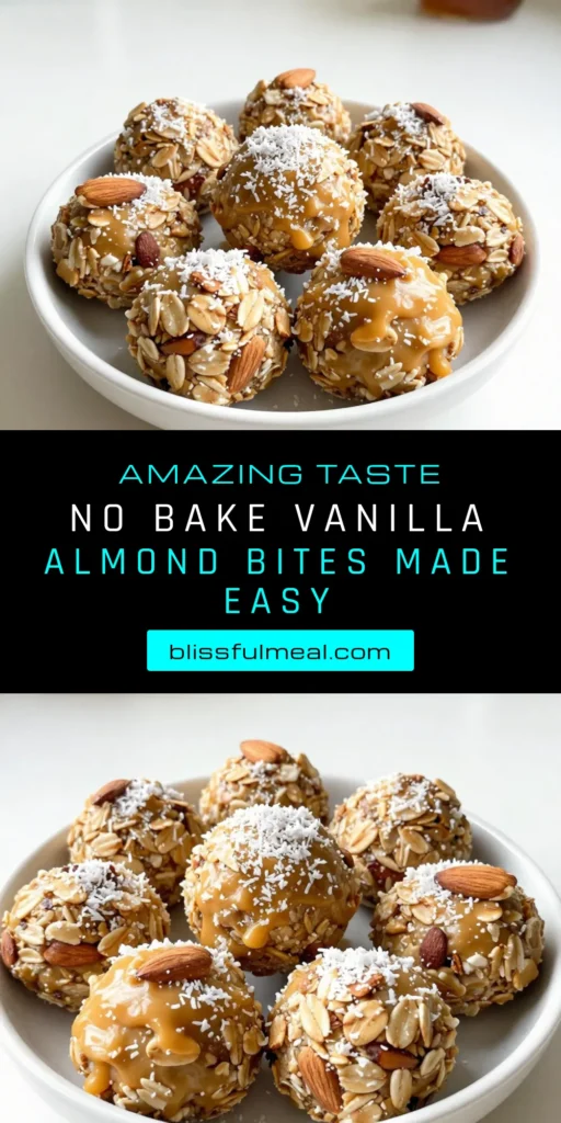 Discover these delicious Vanilla Almond Energy Bites, your go-to No-Bake Energy Bites recipe! Packed with wholesome ingredients like almond butter and rolled oats, they make a perfect healthy snack. Enjoy these Vegan Energy Bites anytime for a nutritious boost. Ready in just 15 minutes, they're easy to prepare and full of flavor! Try this simple Healthy Snack Recipe today and elevate your snacking game. Save for later! #HealthySnacks #VeganRecipes #EnergyBites #AlmondButterRecipes