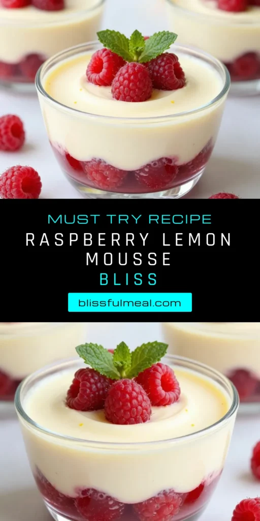 Indulge in this delicious Raspberry Lemon Cheesecake Mousse, the perfect no-bake treat for any occasion! This easy dessert recipe combines fresh raspberries and creamy cheesecake for a light, refreshing dessert. With just a few simple steps, you can whip up this irresistible cream cheese mousse recipe that will impress your guests. Save this recipe for an unforgettable fresh raspberry dessert experience! #EasyDessertRecipes #NoBakeCheesecakeMousse #FreshRaspberryDesserts #CreamCheeseMousseRecipe