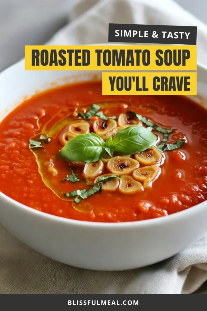 Try this delicious roasted garlic tomato soup for a cozy meal! This easy tomato soup recipe features ripe tomatoes and roasted garlic, creating a rich, homemade tomato soup with garlic that’s both comforting and healthy. Perfect for a vegetarian meal, this healthy garlic tomato soup is sure to please everyone. Save this recipe and enjoy a bowl of warmth today! #RoastedGarlicTomatoSoup #EasyTomatoSoupRecipe #HomemadeTomatoSoup #VegetarianSoup