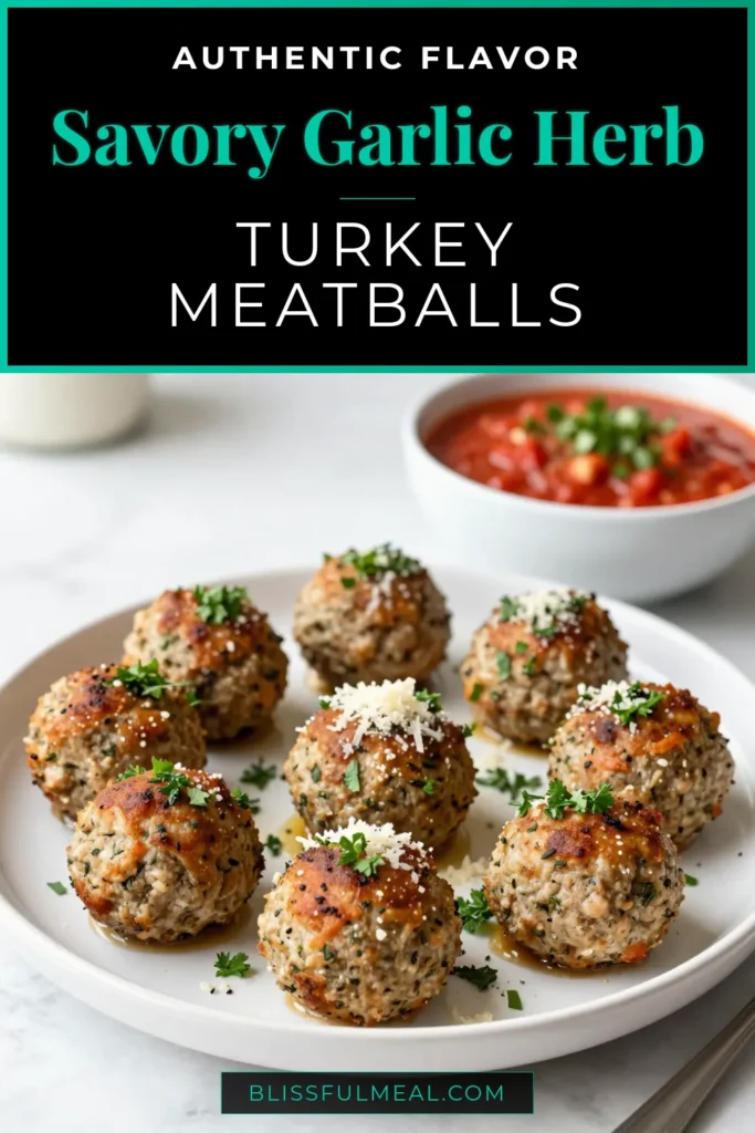 Discover the perfect Healthy Turkey Meatballs Recipe with these flavorful Garlic Herb Turkey Meatballs! Made with ground turkey, fresh herbs, and a hint of spice, these easy meatball recipes are a delicious way to elevate your dinner. Ideal for meal prep or a family meal, serve them with marinara sauce for an irresistible touch. Try this homemade turkey meatballs recipe today! Don't forget to save for later! #GarlicHerbTurkeyMeatballs #EasyMeatballRecipes #GroundTurkeyMealIdeas #HealthyTurkeyMeatballs