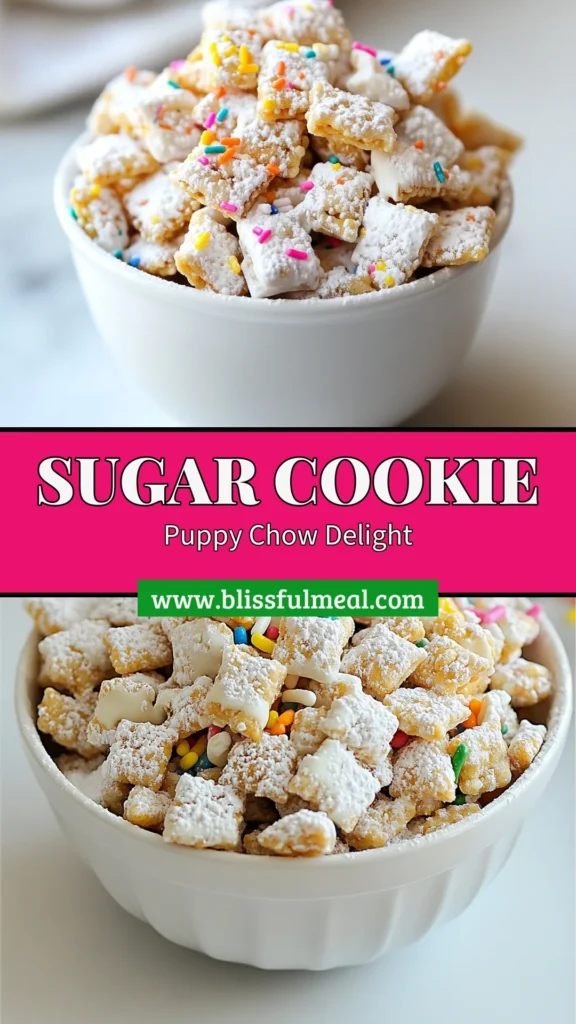 Indulge in this delightful Sugar Cookie Puppy Chow that’s perfect for any festive occasion! This easy puppy chow recipe combines crunchy Rice Chex dessert with creamy peanut butter, white chocolate, and colorful sprinkles for a fun twist. Ready in just 30 minutes, this treat will wow your friends and family! Try making this colorful puppy chow today and make snack time special. Save the recipe for your next celebration! #PuppyChow #SugarCookiePuppyChow #EasyPuppyChow #RiceChexDessert