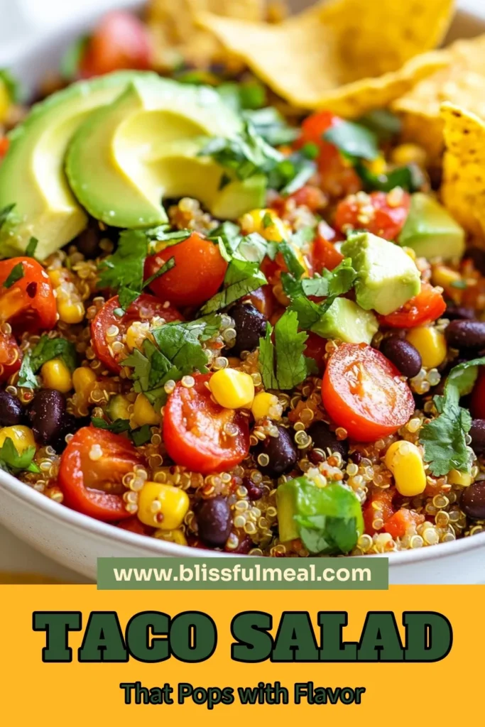 Discover this delicious and nutritious quinoa taco salad that’s perfect for lunch or dinner! This healthy taco salad recipe features protein-packed quinoa, hearty black beans, fresh vegetables, and zesty lime dressing, making it an easy vegetarian quinoa salad anyone can whip up. Enjoy this easy quinoa recipe any day of the week, and serve it with tortilla chips for added crunch! Try it today! #QuinoaTacoSalad #VegetarianRecipes #HealthyEating #EasyRecipes