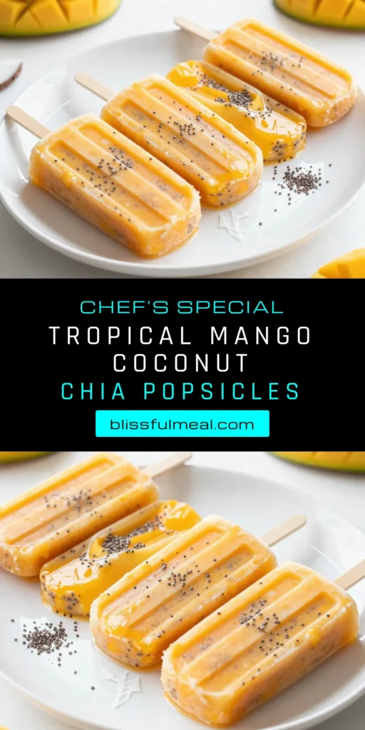 Beat the heat with these delicious Mango Chia Popsicles! Made with creamy coconut milk, ripe mangoes, and nutritious chia seeds, these Coconut Milk Popsicles are the perfect Healthy Frozen Snacks for summertime. Indulge in these Tropical Fruit Popsicles that are not only refreshing but also make delightful Chia Seed Desserts. They’re easy to make and perfect for sharing! Try this fun recipe and enjoy a taste of the tropics today! #MangoPopsicles #HealthySnacks #ChiaSeedDesserts #FrozenTreats