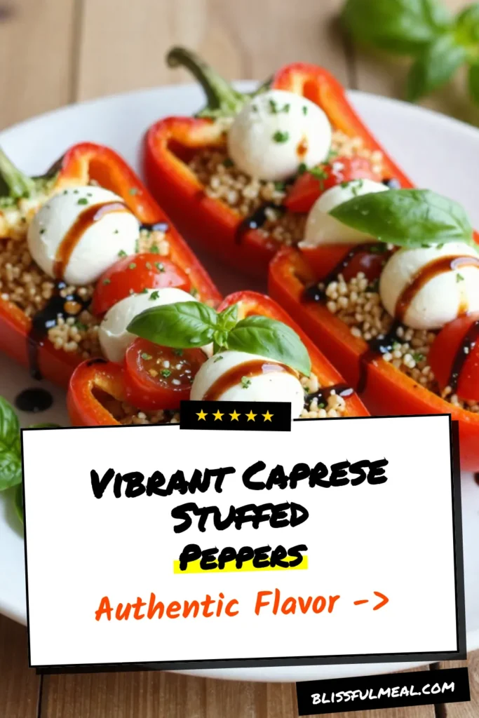 Discover the deliciousness of Caprese stuffed peppers with this healthy stuffed peppers recipe! These quinoa stuffed bell peppers are filled with fluffy quinoa, fresh mozzarella, and vibrant cherry tomatoes, making a perfect vegetarian quinoa recipe. Baked stuffed peppers with mozzarella are not only tasty but also visually stunning. Click to indulge your taste buds and save this easy recipe for your next meal! #HealthyEating #VegetarianRecipes #Quinoa #StuffedPeppers