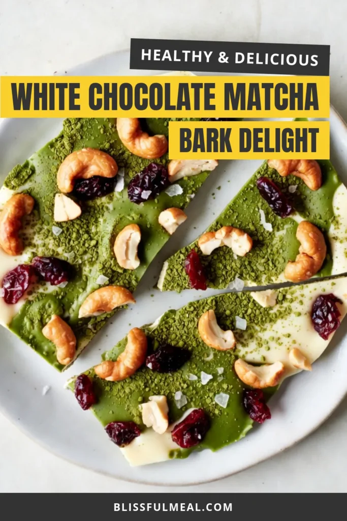 Indulge in the delightful taste of homemade White Chocolate Matcha Bark! This easy bark recipe combines creamy white chocolate with vibrant matcha for a stunning dessert. Packed with crunchy mixed nuts and sweet dried cranberries, it's a perfect treat for any occasion. Try this matcha dessert recipe today and impress your friends and family with delicious white chocolate toppings. Save this recipe to enjoy later! #WhiteChocolateMatchaBark #MatchaDessertRecipes #HomemadeChocolateBark #EasyBarkRecipes