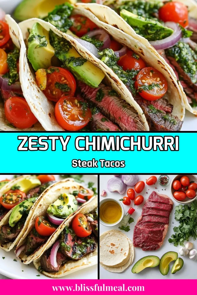 Indulge in delicious Chimichurri steak tacos with this easy flank steak taco recipe! Juicy steak is topped with homemade chimichurri sauce, cherry tomatoes, avocado, and red onion for the ultimate flavor experience. Discover the best steak taco toppings for a satisfying meal everyone will love. Perfect for taco nights or gatherings! Don’t miss out; save this recipe for your next cooking adventure! #ChimichurriSteakTacos #TacoRecipes #FlankSteak #HomemadeSauce
