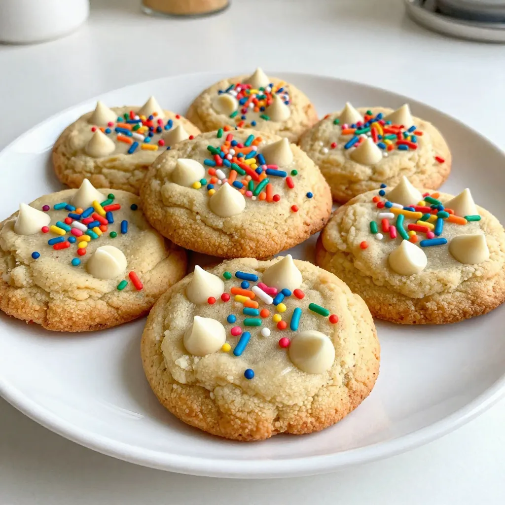 - 1 stick (1/2 cup) unsalted butter, softened to room temperature - 3/4 cup granulated sugar - 1/4 cup brown sugar, packed tightly - 1 large egg - 1 teaspoon pure vanilla extract - 1 1/2 cups all-purpose flour - 1/2 teaspoon baking soda - 1/4 teaspoon fine sea salt - 1/2 cup funfetti or vanilla cake mix The key to great Funfetti cookies lies in the balance of these ingredients. Softened unsalted butter makes the cookies rich and tender. Using both granulated and brown sugar gives them the perfect sweetness and a nice chew. The egg adds moisture, while vanilla extract boosts flavor. - 1/2 cup rainbow sprinkles - 1/2 cup white chocolate chips Adding rainbow sprinkles makes these cookies fun and colorful. They give a joyful crunch. White chocolate chips add creaminess and extra sweetness. You can leave them out if you want a classic taste. - 1/2 teaspoon baking soda - 1/4 teaspoon fine sea salt - 1 teaspoon pure vanilla extract Baking soda helps the cookies rise and stay soft. Fine sea salt enhances all the flavors. Always use pure vanilla extract for the best taste. It adds depth and warmth to the cookies. These ingredients come together to create a delightful treat. You’ll enjoy the vibrant colors and fantastic flavors in every bite! {{ingredient_image_2}} - Preheat your oven to 350°F (175°C). This step is key for even baking. - Line your baking sheet with parchment paper. This keeps cookies from sticking. - In a large bowl, mix the softened butter with granulated sugar and brown sugar. - Use an electric mixer on medium speed. Mix for about 2-3 minutes until the mixture is smooth and fluffy. - Next, add one large egg and one teaspoon of pure vanilla extract to the butter-sugar mix. - Mix until everything is well combined and smooth. - In another bowl, whisk together 1 ½ cups of all-purpose flour, ½ teaspoon of baking soda, ¼ teaspoon of fine sea salt, and ½ cup of cake mix. - Gradually add the dry mixture to the wet mixture. Stir gently with a spatula until just combined. - It’s okay if there are small lumps. - Carefully fold in ½ cup of rainbow sprinkles and, if you like, ½ cup of white chocolate chips. - Using a tablespoon, scoop portions of dough and shape them into balls. - Place the cookie balls about 2 inches apart on the lined baking sheet. - Bake in the oven for 10-12 minutes. Look for lightly golden edges and slightly underbaked centers. - Once baked, remove the cookies from the oven. Let them cool on the baking sheet for 5 minutes. - This helps them set before moving. - Finally, transfer the cookies to a wire rack to cool completely. Enjoy your colorful and tasty treats! To get the right cookie texture, focus on two things: softness and crispiness. For soft cookies, take them out when the edges are just golden. If you want them crispier, leave them in a bit longer. Overmixing the dough is a common mistake. When you combine the dry and wet ingredients, mix until just combined. Lumps are okay. This helps keep your cookies soft and chewy. You can make these cookies even better by adding mix-ins. Try using chopped nuts, coconut flakes, or more chocolate chips. Each add-in brings a new flavor. You can also experiment with different sprinkles. Swap rainbow sprinkles for themed ones like holiday colors or chocolate sprinkles. This can change the look and taste of your cookies. Serving these cookies can be fun. Place them on a bright platter to catch the eye. To make them pop, add a sprinkle of extra rainbow sprinkles on top. You can also stack them in a jar for a cute gift. Tying a ribbon around the jar adds a personal touch. Pro Tips Chill the Dough: For a thicker cookie, chill the dough in the refrigerator for 30 minutes before baking. This helps prevent spreading during baking. Use Fresh Ingredients: Make sure your baking soda and flour are fresh for the best rise and texture in your cookies. Customize Your Mix-Ins: Feel free to swap out white chocolate chips for milk chocolate or dark chocolate chips, or even add nuts for an extra crunch. Perfect Baking Time: Keep an eye on your cookies; they should be lightly golden on the edges and soft in the center. They will continue to cook slightly after being removed from the oven. {{image_4}} Gluten-free substitutions You can easily make Funfetti cookies gluten-free. Just swap the all-purpose flour with a gluten-free blend. Look for one that includes xanthan gum. This helps the cookies maintain their structure. Vegan options To make these cookies vegan, replace the egg with a flax egg. Mix 1 tablespoon of flaxseed meal with 2.5 tablespoons of water. Let it sit for 5 minutes. Also, use vegan butter instead of regular butter. These changes keep the cookies delicious and plant-based. Using flavored cake mixes Want to shake things up? Try using chocolate or strawberry cake mix instead of vanilla. This gives your cookies a fun twist. Each flavor brings a new taste and look to your cookies. Adding nuts or fruit Mix in some chopped nuts like walnuts or pecans for crunch. You can also add dried fruit, like cranberries or raisins, for a chewy texture. Both options add a new layer of flavor, making the cookies even more exciting. Holiday-themed sprinkles Change your sprinkles based on the season! Use red and green for Christmas or pastel colors for Easter. These festive touches make your cookies perfect for special occasions. Adapting for special occasions For birthdays, add a touch of fun with themed sprinkles. You can also use cookie cutters to shape the dough. This adds a personal touch and makes your cookies stand out at any party. To keep your Funfetti cake batter cookies fresh, use an airtight container. Glass or plastic containers work well. Make sure the cookies cool completely before you store them. This step helps prevent moisture build-up. Store them at room temperature for the best taste. You can freeze the cookie dough for later use. First, scoop the dough into balls and place them on a baking sheet. Freeze them for about an hour. Once frozen, transfer the dough balls to a freezer bag. Label the bag with the date. When you want to bake them, take out the dough and let it thaw in the fridge overnight. Preheat your oven, and then bake the cookies as usual. They will taste just as good as fresh! These cookies stay fresh for about a week at room temperature. If you keep them in the fridge, they can last for up to two weeks. Look for signs like a hard texture or off smell to know if they spoil. If they feel dry or crumbly, it's best to toss them. Enjoy your cookies while they are still soft and yummy! Funfetti cookies stand out due to their unique flavor and bright colors. The cake mix gives them a sweet, cake-like taste. This adds a fun twist to the classic cookie. Plus, the rainbow sprinkles create a visual feast. Every bite is a celebration, making these cookies perfect for parties or any day. Yes, you can use other cake mixes! Chocolate, vanilla, or lemon mixes work great too. Each type adds its own special taste. Just remember that the sprinkles will still add that fun look. Experimenting with flavors can lead to tasty surprises! To keep cookies from spreading too much, follow these tips: - Chill the cookie dough for at least 30 minutes before baking. - Make sure your butter is softened, not melted. - Use parchment paper to help keep the shape. These steps help maintain a thicker cookie. You'll know the cookies are done when the edges are lightly golden. The centers may look a bit soft, but that’s okay! They will firm up as they cool. Aim for a soft and chewy texture, not too hard. Enjoy the warm, gooey goodness! You now have a solid recipe for Funfetti cookies. We covered the key and optional ingredients, plus baking essentials. You learned step-by-step instructions to bake and cool your cookies perfectly. We also shared tips to enhance flavor and texture, plus storage methods. These cookies are fun to make and eat. Remember, you can always experiment with variations. Enjoy the process and share them with friends or family! Happy baking!