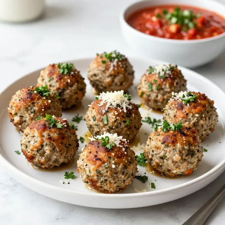 To make garlic herb turkey meatballs, you will need the following ingredients: - 1 pound ground turkey - 1/2 cup whole wheat breadcrumbs - 2 cloves garlic, finely minced - 1/4 cup fresh parsley, finely chopped - 1 teaspoon dried oregano - 1 teaspoon dried thyme - 1/2 teaspoon red pepper flakes (adjust to your preferred spice level) - 1/4 cup grated Parmesan cheese - 1 large egg, beaten - Salt and pepper to taste - 2 tablespoons olive oil (for frying) - 1 cup marinara sauce (for serving) Each ingredient plays a key role in flavor and texture. The ground turkey is lean and offers a great base. Whole wheat breadcrumbs add a nice crunch. Garlic brings bold flavor and aroma. Fresh herbs like parsley, oregano, and thyme enhance the taste. Red pepper flakes add a hint of heat, while Parmesan cheese gives a savory touch. The egg acts as a binder, keeping the meatballs together. Feel free to personalize your meatballs. You can add chopped veggies or switch herbs based on your taste. Each change can make this dish even more special! {{ingredient_image_2}} Mixing the meatball ingredients To start, grab a big mixing bowl. Add 1 pound of ground turkey. Next, toss in 1/2 cup of whole wheat breadcrumbs for texture. Then, finely mince 2 cloves of garlic and add them to the bowl. Chop 1/4 cup of fresh parsley and toss that in too. Now, sprinkle 1 teaspoon of dried oregano and 1 teaspoon of dried thyme for flavor. If you like a kick, add 1/2 teaspoon of red pepper flakes. Don’t forget 1/4 cup of grated Parmesan cheese and 1 large beaten egg. Season with salt and pepper to taste. Use your hands to mix everything well, but be gentle! Overmixing can make the meatballs tough. Rolling the meatballs Once mixed, it’s time to shape the meatballs. Take small portions of the turkey mix and roll them into balls about 1 to 1.5 inches wide. You should get around 12 to 16 meatballs, based on the size you choose. Place them gently on a plate as you work. Preheating the skillet Now, let’s get cooking! Preheat a large skillet over medium heat. Add 2 tablespoons of olive oil to the skillet. Wait until the oil is hot and shimmering, but not smoking. This step is key for a nice, golden crust on your meatballs. Cooking the meatballs Carefully place the meatballs in the skillet, making sure not to overcrowd them. Cook them for about 5 to 7 minutes on each side. Use tongs to turn them gently. You want them to be golden brown and reach an internal temperature of 165°F (74°C). When done, transfer the meatballs to a plate lined with paper towels to soak up any extra oil. Marinara sauce options For serving, warm up 1 cup of marinara sauce. You can drizzle it over the meatballs or serve it on the side for dipping. Both ways work great! Presentation ideas To make your dish look fancy, arrange the meatballs on a nice platter. Garnish with extra chopped parsley and a sprinkle of Parmesan. You can also serve them with toasted bread or over zucchini noodles for a healthy twist. Enjoy your homemade garlic herb turkey meatballs! To make great meatballs, avoid overmixing. Mixing too much can make them tough. Use your hands to combine the ingredients gently. Just blend until everything is mixed, but don’t overdo it. This will help keep the meatballs tender and juicy. For tender meatballs, consider these tips: - Use ground turkey with some fat for moisture. - Add breadcrumbs for a light texture. - Try soaking the breadcrumbs in water or broth first. You can cook meatballs in two main ways: in a skillet or the oven. Skillet cooking gives them a nice brown crust. It also keeps them moist. Oven baking is hands-off and cooks them evenly. Both methods work well, so choose what you prefer. When frying, use the right oil. Olive oil works great for flavor and health. It has a high smoke point, which keeps your meatballs from burning. To elevate the taste of your meatballs, try adding fresh herbs and spices. I love using parsley, oregano, and thyme. They bring a bright flavor. You can also adjust the spice level with red pepper flakes. For a cheesy twist, add different types of cheese. Parmesan is classic, but you can try mozzarella or feta for a fun change. Each cheese adds a unique taste and creaminess to your meatballs. Pro Tips Use Lean Turkey: Opt for lean ground turkey to keep the meatballs moist without excess fat, enhancing their flavor and texture. Don’t Overmix: Mix the meatball ingredients just until combined. Overmixing can lead to tough meatballs, so handle the mixture gently. Check for Doneness: Use a meat thermometer to ensure the internal temperature of the meatballs reaches 165°F (74°C) for safe consumption. Flavor Variations: Feel free to experiment with different herbs and spices such as basil or Italian seasoning for a unique twist on the classic recipe. {{image_4}} - Ground turkey alternatives: You can use ground chicken or lean beef instead of turkey. This change will give your meatballs a different taste and texture. Both options work well and keep the dish flavorful. - Gluten-free options: If you need a gluten-free choice, swap whole wheat breadcrumbs for gluten-free breadcrumbs. You can also use crushed gluten-free crackers or oats. This keeps the meatballs tasty while meeting dietary needs. - Spicy meatballs: To make spicy meatballs, add more red pepper flakes. You can also mix in diced jalapeños or hot sauce. This will bring a nice kick to your dish. - Sweet and tangy versions: For a sweet twist, add a tablespoon of honey or brown sugar to the mix. You can also stir in some barbecue sauce for a tangy flavor. Both options create a fun contrast to the savory herbs. - Meatball subs: For a hearty meal, serve the meatballs in a crusty sub roll. Top them with marinara sauce and melted cheese. This makes for a great sandwich that everyone will love. - Meatballs over pasta or salad: You can also serve meatballs over spaghetti or on a fresh salad. This adds a nice touch and makes the meal more filling. Pair with a sprinkle of Parmesan for extra flavor. To keep your garlic herb turkey meatballs fresh, follow these tips: - Refrigeration guidelines: Place the cooled meatballs in an airtight container. They will stay fresh for up to three days in the fridge. Just make sure they are cool before sealing to avoid moisture buildup. - Freezing meatballs: You can freeze the meatballs too! Lay them out on a baking sheet. Freeze them for about an hour until firm. Then, transfer them to a freezer-safe bag. They will last about three months in the freezer. When it’s time to enjoy your leftovers, you have a few options. - Best methods to reheat: The best way to reheat meatballs is in the oven. Preheat the oven to 350°F (175°C). Place the meatballs in a baking dish. Add a splash of marinara sauce to keep them moist. Bake for about 15-20 minutes until hot. - How to keep meatballs moist: To keep your meatballs juicy, avoid reheating them in the microwave. If you do use the microwave, add a little water or sauce to the plate. Cover them with a lid or wrap to trap steam. This helps them stay tender. Can I make these meatballs ahead of time? Yes, you can make these meatballs ahead of time. Prepare them and store them in the fridge. They will stay fresh for up to two days. You can also freeze them. Just place them in a freezer bag. They will last for about three months. Thaw in the fridge before cooking. What is the best way to check for doneness? To check if your meatballs are done, use a meat thermometer. Insert it into the center of a meatball. It should read 165°F (74°C). If you don’t have a thermometer, cut one meatball in half. The meat should be no longer pink inside. Caloric content per serving Each serving of these meatballs has about 250 calories. This can vary based on the size you make them. If you serve them with marinara sauce, add about 50 calories per serving. Common allergens in the recipe This recipe contains common allergens. It has gluten from the breadcrumbs and dairy from the Parmesan cheese. If you have allergies, consider using gluten-free breadcrumbs and dairy-free cheese. Can I use other ground meats? Absolutely! You can use ground chicken, beef, or pork. Each will give a different flavor. Just make sure to check the cooking times, as they may vary slightly. Suitable sides for serving with meatballs These meatballs pair well with many sides. You can serve them with pasta, rice, or a fresh salad. For a low-carb option, try zucchini noodles. Garlic bread is also a great choice! You learned about making delicious meatballs using ground turkey and fresh ingredients. We covered steps from mixing to cooking and serving. I shared tips to improve texture and flavor, plus variation ideas. Remember, you can swap ingredients to fit your taste or diet. Proper storage and reheating help keep your meatballs tasty. Experiment with different flavors and styles. With these insights, you can create meatballs that impress. Enjoy the process and share your creations!