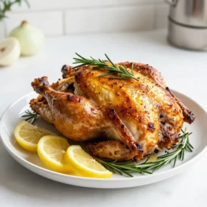 - 1 whole chicken (4-5 pounds) - 2 fresh lemons (1 for juicing, 1 sliced into wedges) - 4 tablespoons olive oil - 4 cloves garlic, finely minced - 2 tablespoons fresh rosemary, finely chopped - 1 tablespoon fresh thyme leaves - Salt and freshly ground black pepper, to taste - 1 medium onion, quartered - Fresh rosemary sprigs, for garnish If you can't find fresh rosemary, you can use dried rosemary. Use half the amount. For thyme, dried thyme works too. You can substitute olive oil with any cooking oil like canola or vegetable oil. If you prefer, use shallots instead of onion for a sweeter flavor. If you don&rsquo;t have lemons, limes can work in a pinch, giving a different zest. Choose a fresh, organic chicken for better flavor and texture. Look for lemons that feel firm and heavy for their size. For olive oil, select extra virgin for the best taste. Fresh herbs should smell fragrant and vibrant, indicating they are prime for cooking. Always check for quality to ensure your meal shines. {{ingredient_image_2}} 1. Preheat your oven to 425&deg;F (220&deg;C). This helps cook the chicken evenly. 2. Rinse the whole chicken under cold water. Pat it dry with paper towels. This step makes the skin crispier. 3. In a bowl, mix olive oil, minced garlic, chopped rosemary, thyme, and the juice of one lemon. Add salt and pepper to taste. 4. Rub this mixture all over the chicken. Don&rsquo;t forget the inside too! This adds great flavor. 5. Stuff the chicken cavity with quartered onion and lemon wedges. This keeps the chicken juicy and adds more taste. 6. Place the chicken in a roasting pan, breast side up. Tying the legs helps it cook better. 7. Roast for about 1 hour and 15 minutes. Check that the internal temperature is 165&deg;F (75&deg;C). The skin should be golden brown. 8. Baste the chicken with pan juices every 20-30 minutes. This helps make the skin savory and moist. 9. When done, take the chicken out and let it rest for 10-15 minutes. This keeps it tender and juicy. - Use a meat thermometer to check the thickest part of the thigh. - Look for clear juices when you poke the chicken. If the juices run clear, it is ready. - If you don't have a thermometer, cut into the thigh. The meat should be white, not pink. To get that perfect crispy skin, start with a dry chicken. Rinse the chicken well, then pat it dry using paper towels. This helps remove excess moisture. Rub your marinade generously over the skin. The oil in the marinade helps crisp it up as it roasts. Place the chicken breast side up in the pan. Roast it at 425&deg;F (220&deg;C) to make sure the skin becomes golden brown and crunchy. For deeper flavor, try adding more herbs. Fresh thyme and rosemary work well together. You can also mix in some lemon zest. This adds a nice citrus kick. Basting the chicken with its own juices every 20-30 minutes keeps it moist and flavorful. Stuff the cavity with onion and lemon wedges for added aroma and taste. One common mistake is not drying the chicken. Remember, moisture equals soggy skin. Another mistake is not using enough seasoning. Don&rsquo;t be shy with salt and pepper. Lastly, avoid opening the oven door too often. This lets heat escape and can lead to uneven cooking. Stick to the baking times and check the chicken's temperature instead. Pro Tips Use a Meat Thermometer: Ensure perfect doneness by inserting a meat thermometer into the thickest part of the chicken's thigh. It should read 165&deg;F (75&deg;C) for safe consumption. Let It Rest: Allow the chicken to rest for 10-15 minutes after roasting. This step is crucial for juicy meat as it helps the juices redistribute throughout the chicken. Flavor Variations: Experiment with different herbs and citrus fruits. Try adding fresh sage or thyme, or substitute oranges or limes for unique flavor profiles. Save the Carcass: After enjoying your meal, save the leftover chicken carcass to make homemade chicken broth. It&rsquo;s a great way to utilize every part of the chicken! {{image_4}} You can change the herbs for great flavor. Try using sage or parsley. They will give a fresh taste. For a bolder flavor, add oregano or basil. Mixing herbs can create a unique dish. Just keep the same amount as the recipe calls for. You can roast the chicken in different ways. Try using a slow cooker for a tender meal. Cook it on low for 6-8 hours. Or, grill the chicken for a smoky flavor. Just make sure to keep an eye on the heat. A pressure cooker also works well for fast cooking. It takes about 30-40 minutes. Serve the chicken with tasty sides. Roasted vegetables pair well and add color. Mashed potatoes or rice are also great options. You can add a fresh salad for crunch. Drizzling lemon juice over the chicken before serving adds brightness. Don't forget to use the pan juices for extra flavor! After you cook the Lemon Rosemary Roasted Chicken, let it cool. Once it's at room temperature, wrap it tightly in plastic wrap or foil. You can also use an airtight container. Store it in the fridge for up to four days. Make sure the chicken is dry to prevent sogginess. You can enjoy leftovers as a quick meal or add it to salads. If you want to save the chicken for later, freezing is a great option. First, let the chicken cool completely. Then, cut it into pieces for easier storage. Wrap each piece in plastic wrap and then in foil. You can also use freezer bags. Label them with the date. The chicken can last in the freezer for up to three months. When you&rsquo;re ready to eat, thaw it in the fridge overnight. To reheat the chicken, preheat your oven to 350&deg;F (175&deg;C). Place the chicken pieces on a baking dish. Add a splash of broth or water to keep it moist. Cover the dish with foil to keep the heat in. Heat for about 20-25 minutes, or until it's warmed through. You can also use a microwave for quick reheating. Just remember to cover it to avoid drying it out. Enjoy your tasty chicken as if it was just made! Roast a chicken for about 20 minutes per pound. For a 4-5 pound chicken, this means about 1 hour and 15 minutes. Always check the internal temperature. It should reach 165&deg;F for safety. If the chicken is larger, it may need a bit more time. Use a meat thermometer in the thickest part of the thigh to check. Yes, you can use dried herbs. They are more potent than fresh ones. Use one-third of the amount when switching to dried herbs. For example, if the recipe calls for 2 tablespoons of fresh rosemary, use about 2 teaspoons of dried rosemary. This change still gives flavor, but fresh herbs add brightness and aroma. Lemon Rosemary Roasted Chicken goes well with many sides. Here are some great options: - Garlic mashed potatoes - Roasted seasonal vegetables - Simple green salad - Lemon rice or couscous - Grilled asparagus These sides complement the chicken's flavor and make for a delicious meal. Enjoy your cooking! This guide covered everything about roasting a chicken. We explored key ingredients, their substitutes, and top quality picks. I shared step-by-step instructions for prep and cooking. Plus, I offered tips for perfect skin and flavor. Don&rsquo;t forget the variations and clever storage info to reduce waste. Lastly, I answered common questions to boost your cooking skills. Use these tips to make delicious meals with ease, and enjoy the process!