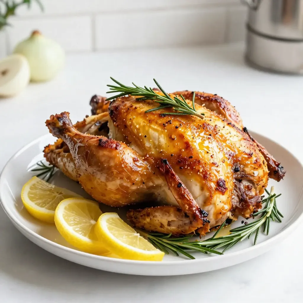 - 1 whole chicken (4-5 pounds) - 2 fresh lemons (1 for juicing, 1 sliced into wedges) - 4 tablespoons olive oil - 4 cloves garlic, finely minced - 2 tablespoons fresh rosemary, finely chopped - 1 tablespoon fresh thyme leaves - Salt and freshly ground black pepper, to taste - 1 medium onion, quartered - Fresh rosemary sprigs, for garnish If you can't find fresh rosemary, you can use dried rosemary. Use half the amount. For thyme, dried thyme works too. You can substitute olive oil with any cooking oil like canola or vegetable oil. If you prefer, use shallots instead of onion for a sweeter flavor. If you don’t have lemons, limes can work in a pinch, giving a different zest. Choose a fresh, organic chicken for better flavor and texture. Look for lemons that feel firm and heavy for their size. For olive oil, select extra virgin for the best taste. Fresh herbs should smell fragrant and vibrant, indicating they are prime for cooking. Always check for quality to ensure your meal shines. {{ingredient_image_2}} 1. Preheat your oven to 425°F (220°C). This helps cook the chicken evenly. 2. Rinse the whole chicken under cold water. Pat it dry with paper towels. This step makes the skin crispier. 3. In a bowl, mix olive oil, minced garlic, chopped rosemary, thyme, and the juice of one lemon. Add salt and pepper to taste. 4. Rub this mixture all over the chicken. Don’t forget the inside too! This adds great flavor. 5. Stuff the chicken cavity with quartered onion and lemon wedges. This keeps the chicken juicy and adds more taste. 6. Place the chicken in a roasting pan, breast side up. Tying the legs helps it cook better. 7. Roast for about 1 hour and 15 minutes. Check that the internal temperature is 165°F (75°C). The skin should be golden brown. 8. Baste the chicken with pan juices every 20-30 minutes. This helps make the skin savory and moist. 9. When done, take the chicken out and let it rest for 10-15 minutes. This keeps it tender and juicy. - Use a meat thermometer to check the thickest part of the thigh. - Look for clear juices when you poke the chicken. If the juices run clear, it is ready. - If you don't have a thermometer, cut into the thigh. The meat should be white, not pink. To get that perfect crispy skin, start with a dry chicken. Rinse the chicken well, then pat it dry using paper towels. This helps remove excess moisture. Rub your marinade generously over the skin. The oil in the marinade helps crisp it up as it roasts. Place the chicken breast side up in the pan. Roast it at 425°F (220°C) to make sure the skin becomes golden brown and crunchy. For deeper flavor, try adding more herbs. Fresh thyme and rosemary work well together. You can also mix in some lemon zest. This adds a nice citrus kick. Basting the chicken with its own juices every 20-30 minutes keeps it moist and flavorful. Stuff the cavity with onion and lemon wedges for added aroma and taste. One common mistake is not drying the chicken. Remember, moisture equals soggy skin. Another mistake is not using enough seasoning. Don’t be shy with salt and pepper. Lastly, avoid opening the oven door too often. This lets heat escape and can lead to uneven cooking. Stick to the baking times and check the chicken's temperature instead. Pro Tips Use a Meat Thermometer: Ensure perfect doneness by inserting a meat thermometer into the thickest part of the chicken's thigh. It should read 165°F (75°C) for safe consumption. Let It Rest: Allow the chicken to rest for 10-15 minutes after roasting. This step is crucial for juicy meat as it helps the juices redistribute throughout the chicken. Flavor Variations: Experiment with different herbs and citrus fruits. Try adding fresh sage or thyme, or substitute oranges or limes for unique flavor profiles. Save the Carcass: After enjoying your meal, save the leftover chicken carcass to make homemade chicken broth. It’s a great way to utilize every part of the chicken! {{image_4}} You can change the herbs for great flavor. Try using sage or parsley. They will give a fresh taste. For a bolder flavor, add oregano or basil. Mixing herbs can create a unique dish. Just keep the same amount as the recipe calls for. You can roast the chicken in different ways. Try using a slow cooker for a tender meal. Cook it on low for 6-8 hours. Or, grill the chicken for a smoky flavor. Just make sure to keep an eye on the heat. A pressure cooker also works well for fast cooking. It takes about 30-40 minutes. Serve the chicken with tasty sides. Roasted vegetables pair well and add color. Mashed potatoes or rice are also great options. You can add a fresh salad for crunch. Drizzling lemon juice over the chicken before serving adds brightness. Don't forget to use the pan juices for extra flavor! After you cook the Lemon Rosemary Roasted Chicken, let it cool. Once it's at room temperature, wrap it tightly in plastic wrap or foil. You can also use an airtight container. Store it in the fridge for up to four days. Make sure the chicken is dry to prevent sogginess. You can enjoy leftovers as a quick meal or add it to salads. If you want to save the chicken for later, freezing is a great option. First, let the chicken cool completely. Then, cut it into pieces for easier storage. Wrap each piece in plastic wrap and then in foil. You can also use freezer bags. Label them with the date. The chicken can last in the freezer for up to three months. When you’re ready to eat, thaw it in the fridge overnight. To reheat the chicken, preheat your oven to 350°F (175°C). Place the chicken pieces on a baking dish. Add a splash of broth or water to keep it moist. Cover the dish with foil to keep the heat in. Heat for about 20-25 minutes, or until it's warmed through. You can also use a microwave for quick reheating. Just remember to cover it to avoid drying it out. Enjoy your tasty chicken as if it was just made! Roast a chicken for about 20 minutes per pound. For a 4-5 pound chicken, this means about 1 hour and 15 minutes. Always check the internal temperature. It should reach 165°F for safety. If the chicken is larger, it may need a bit more time. Use a meat thermometer in the thickest part of the thigh to check. Yes, you can use dried herbs. They are more potent than fresh ones. Use one-third of the amount when switching to dried herbs. For example, if the recipe calls for 2 tablespoons of fresh rosemary, use about 2 teaspoons of dried rosemary. This change still gives flavor, but fresh herbs add brightness and aroma. Lemon Rosemary Roasted Chicken goes well with many sides. Here are some great options: - Garlic mashed potatoes - Roasted seasonal vegetables - Simple green salad - Lemon rice or couscous - Grilled asparagus These sides complement the chicken's flavor and make for a delicious meal. Enjoy your cooking! This guide covered everything about roasting a chicken. We explored key ingredients, their substitutes, and top quality picks. I shared step-by-step instructions for prep and cooking. Plus, I offered tips for perfect skin and flavor. Don’t forget the variations and clever storage info to reduce waste. Lastly, I answered common questions to boost your cooking skills. Use these tips to make delicious meals with ease, and enjoy the process!
