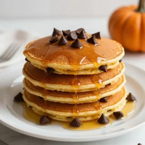 - 1 cup all-purpose flour - 1 teaspoon baking powder - 1/2 teaspoon baking soda - 1/2 teaspoon salt - 1 teaspoon ground cinnamon - 1/2 teaspoon ground nutmeg When I make these pancakes, I always start with the dry ingredients. I measure out 1 cup of all-purpose flour. This gives the pancakes structure. Next, I add 1 teaspoon of baking powder. This helps the pancakes rise. Then, I include 1/2 teaspoon of baking soda. It adds extra fluffiness. A pinch of salt, 1/2 teaspoon, enhances the flavors. I also add 1 teaspoon of ground cinnamon and 1/2 teaspoon of ground nutmeg. These spices give the pancakes a warm, cozy taste. - 1 cup unsweetened pumpkin puree - 1/2 cup milk (or your favorite dairy alternative) - 2 large eggs - 1/4 cup packed brown sugar - 1 teaspoon pure vanilla extract Moving on to the wet ingredients, I grab 1 cup of unsweetened pumpkin puree. This is the star of the recipe. It adds moisture and flavor. Next, I pour in 1/2 cup of milk, or a dairy alternative if you prefer. I crack in 2 large eggs, which bind everything together. Then, I add 1/4 cup of packed brown sugar for sweetness. Finally, I mix in 1 teaspoon of pure vanilla extract. This adds a lovely aroma. - 1/2 cup chocolate chips - Butter or oil for cooking To make these pancakes extra special, I fold in 1/2 cup of chocolate chips. They melt into the pancakes as they cook, making each bite delightful. For cooking, I use butter or oil to grease the pan. This ensures the pancakes cook evenly and don&rsquo;t stick. {{ingredient_image_2}} Start by taking a large mixing bowl. Add 1 cup of all-purpose flour. Then, mix in 1 teaspoon of baking powder. Next, add 1/2 teaspoon of baking soda and 1/2 teaspoon of salt. Sprinkle in 1 teaspoon of ground cinnamon and 1/2 teaspoon of ground nutmeg. Whisk these dry ingredients well. This ensures an even blend of flavors, making your pancakes taste great. In a separate bowl, combine 1 cup of unsweetened pumpkin puree. Pour in 1/2 cup of milk, or your favorite dairy alternative. Crack in 2 large eggs and add 1/4 cup of packed brown sugar. Don&rsquo;t forget 1 teaspoon of pure vanilla extract. Whisk these wet ingredients together until they are smooth. This mixture will give your pancakes their rich flavor. Now, gradually pour the wet mixture into the dry ingredients. Use a spatula to gently stir the batter until just combined. It&rsquo;s okay if there are a few lumps; this helps keep the pancakes fluffy. Carefully fold in 1/2 cup of chocolate chips, spreading them evenly. Next, preheat a non-stick skillet over medium heat. Add a small amount of butter or oil to coat the surface. Once the skillet is hot, pour 1/4 cup of batter for each pancake. Cook until small bubbles form on the surface, about 2-3 minutes. Flip the pancakes gently and cook for another 2-3 minutes until golden brown. Serve warm, and enjoy your delicious pumpkin chocolate chip pancakes! To make your pancakes light and fluffy, avoid overmixing the batter. When you stir the wet and dry ingredients together, mix just until they combine. It&rsquo;s okay to have some lumps. Overmixing can make the pancakes tough. Next, pay attention to the cooking temperature. A medium heat works best. If your skillet is too hot, the pancakes will burn outside and stay raw inside. If too low, they won&rsquo;t cook evenly. Serving your pancakes is just as fun as making them! Stack them high on a colorful plate. Drizzle warm maple syrup over the top. For extra sweetness, sprinkle a few chocolate chips on top. To elevate your dish, add a dollop of whipped cream. You can also sprinkle chopped pecans for a nice crunch. This makes your breakfast look fancy and inviting. Use a non-stick skillet or griddle for best results. This helps the pancakes flip easily and prevents sticking. A cast-iron skillet can also work well if seasoned properly. If you prefer traditional cookware, make sure to use enough butter or oil to coat the surface. This prevents sticking and helps achieve a nice golden color. Pro Tips Use Fresh Spices: For the best flavor, use fresh ground cinnamon and nutmeg. They enhance the pancake's aroma and taste significantly. Check Pancake Doneness: Look for bubbles forming on the surface and edges that appear set before flipping. This ensures they are cooked through. Customize Your Mix-ins: Feel free to add nuts, dried fruit, or even a pinch of sea salt to the batter for added texture and flavor. Keep Pancakes Warm: If making in batches, keep pancakes warm in a low oven (around 200&deg;F) while you finish cooking the rest. {{image_4}} You can easily make these pancakes healthier. Instead of all-purpose flour, try using oat flour or whole wheat flour. These options add fiber and nutrients. If you want to cut sugar, consider using a sugar alternative like maple syrup or honey. Both add sweetness without the extra calories. To change the flavor, add spices like ginger or cloves. These spices give a warm, cozy taste. You can also mix in fruit like bananas or apples. They add natural sweetness and moisture to the pancakes. If you follow a vegan diet, you can swap the eggs with flax eggs. Mix one tablespoon of ground flaxseed with three tablespoons of water. Let it sit for five minutes to thicken. For a gluten-free option, use a gluten-free flour blend. This way, everyone can enjoy these tasty pancakes. To store leftover pancakes in the fridge, place them in an airtight container. This keeps them fresh for up to three days. You can also layer pancakes with parchment paper to prevent sticking. If you want to freeze pancakes, let them cool completely first. Then, stack them with parchment paper in between each pancake. Place the stack in a freezer-safe bag or container. They last for about two months in the freezer. To reheat, you can microwave them for about 30 seconds, or until warm. For a crispier texture, heat them in a skillet over medium heat for a few minutes on each side. For the best taste and quality, eat your pancakes within three days if refrigerated. For frozen pancakes, they stay good for about two months. Look for signs of spoilage like a sour smell or mold. If they feel slimy or have an off-color, it's best to toss them. Always trust your senses to ensure you enjoy your pancakes at their best! Yes, you can make these pancakes gluten-free! Use a gluten-free flour blend. Look for a blend that includes xanthan gum. Other options include almond flour or coconut flour. These flours may change the texture slightly, so adjust the liquid as needed. To keep pancakes warm, place them on a plate in the oven. Set the oven to a low temperature, around 200&deg;F (93&deg;C). Cover the pancakes with foil to avoid drying them out. You can also use a warming tray if you have one. Yes, you can make the batter ahead of time. Store it in the fridge for up to 24 hours in an airtight container. Before using, give the batter a quick stir. If it&rsquo;s too thick, add a splash of milk to loosen it up. In this blog post, we explored how to make tasty pumpkin pancakes. We covered the ingredients&mdash;dry, wet, and special add-ins. You learned step-by-step instructions for mixing and cooking. We shared tips for fluffy pancakes and ways to present them beautifully. You can also try healthy variants and vegan options. Remember, perfect pancakes depend on prep and cooking care. Enjoy your cooking and happy pancake flipping!