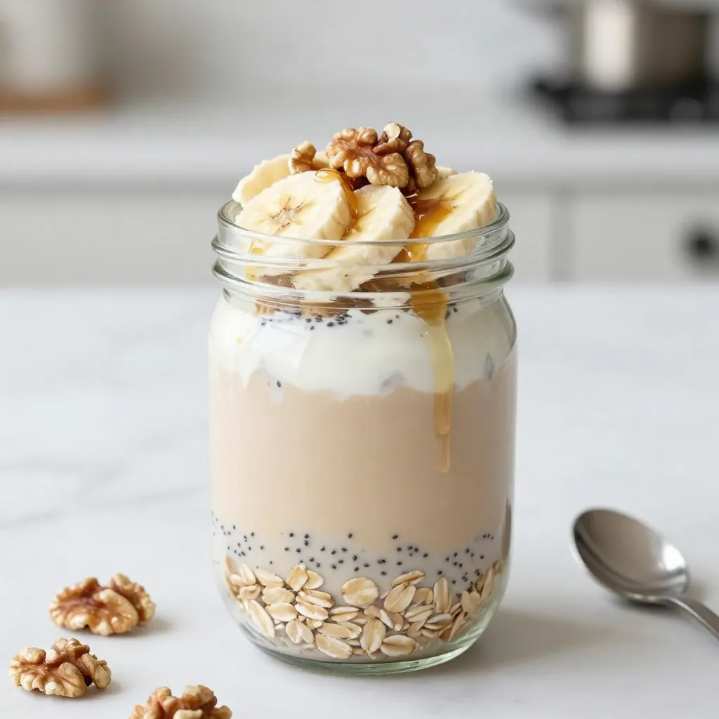 - 1 cup rolled oats - 1 cup almond milk (or your preferred milk) - 1 tablespoon chia seeds - 1 teaspoon vanilla extract - 1 teaspoon ground cinnamon - 1/2 teaspoon ground ginger - 1/4 teaspoon ground cardamom - 1/4 teaspoon ground cloves - 1 tablespoon maple syrup (or honey) - Pinch of salt - 1/4 cup Greek yogurt (optional for creaminess) - Fresh fruit and nuts for topping (e.g., sliced banana, walnuts, or almonds) You can switch almond milk for any milk you like. Oat milk, soy milk, or coconut milk work well. If you don’t have chia seeds, you can skip them or use flax seeds instead. For sweetness, honey or agave syrup will do just fine. If you want to skip the Greek yogurt, try using a plant-based yogurt for creaminess. Each serving of these overnight oats packs a healthy punch. You get protein from oats and yogurt. Chia seeds add fiber and omega-3s. The spices not only make it taste great but also have health benefits. - Calories: Around 300 per serving - Protein: 10g - Fat: 8g - Carbs: 50g - Fiber: 10g - Sugar: 8g (depends on sweetener used) With these ingredients, you create a tasty and nutritious breakfast that keeps you full. Enjoy the blend of warming spices and sweet vanilla in every bite! {{ingredient_image_2}} Making Vanilla Chai Latte Overnight Oats is simple. You will need about 10 minutes to prep. This recipe is easy to follow and perfect for any busy day. Gather your ingredients first. You will mix dry and wet ingredients separately. Then, combine them for a tasty breakfast. Start by taking a medium-sized mixing bowl. Add 1 cup of rolled oats to the bowl. Next, add 1 tablespoon of chia seeds. Use a spoon to stir them together well. Make sure the oats and chia seeds are evenly mixed. This helps the chia seeds expand and thicken the oats later. In another bowl, whisk together the wet ingredients. Pour in 1 cup of almond milk. Then add 1 teaspoon of vanilla extract. Next, measure and add 1 teaspoon of ground cinnamon, 1/2 teaspoon of ground ginger, 1/4 teaspoon of ground cardamom, and 1/4 teaspoon of ground cloves. Add 1 tablespoon of maple syrup and a pinch of salt. Whisk until everything is smooth and combined. This mixture adds flavor and creaminess to your oats. Pour it over the dry mix of oats and chia seeds. Stir gently to combine all the ingredients. If you want creamier oats, fold in 1/4 cup of Greek yogurt. Mix until it is fully blended. Cover the bowl and place it in the fridge. Let it sit overnight or for at least 4 hours. This step helps the oats absorb all the flavors. When you're ready, give the oats a good stir. If they are too thick, add a splash of milk. Enjoy your delicious Vanilla Chai Latte Overnight Oats! To get the best texture in your overnight oats, use rolled oats. They soak up liquid well and stay chewy. If you want a creamier mix, add Greek yogurt. It makes the oats rich and smooth. If your oats are too thick after soaking, just stir in a little extra milk. This brings back the creaminess you want. Add fresh fruit to your oats for extra flavor. Sliced bananas or berries work great. Nuts like walnuts or almonds add crunch. You can also top your oats with a drizzle of maple syrup for more sweetness. For extra spice, a dash of nutmeg or even a sprinkle of cocoa powder can make it special. Serve in clear jars to show off the layers. Prepare your oats the night before to save time. This way, breakfast is ready when you wake up. You can also double the recipe for a few days’ worth of meals. Store them in the fridge and grab one jar as you head out. Use mason jars for easy storage and transport. This keeps your breakfast simple and stress-free. Pro Tips Soak Longer for Creamier Oats: The longer you let the oats soak, the creamier and more flavorful they become. Aim for at least 8 hours for the best texture. Customize Your Spices: Feel free to adjust the spices according to your taste. Adding a pinch of nutmeg or a dash of cayenne can give a unique twist to your overnight oats. Experiment with Toppings: Get creative with your toppings! Try adding coconut flakes, seeds, or even a dollop of nut butter for extra flavor and nutrition. Meal Prep for Convenience: Make a batch for the week by preparing multiple jars at once. This way, you’ll have a quick and healthy breakfast ready to go each morning. {{image_4}} You can easily make this recipe dairy-free and vegan. Use almond milk, coconut milk, or oat milk instead of regular milk. For creaminess, skip the Greek yogurt or use a plant-based yogurt. Maple syrup is a great sweetener for vegans. This way, you keep all the tasty flavors without any animal products. Want to mix it up? Try adding cocoa powder for a chocolate chai twist. Start with one tablespoon of unsweetened cocoa powder in the wet mixture. You can also add a dash of nutmeg or allspice for extra warmth. These flavors pair well with the spices in the original recipe. Experiment and find your favorite blend! Toppings can make your overnight oats even better. Try adding fresh fruits like bananas, berries, or apples. Nuts like walnuts or almonds add a nice crunch. For a bit more sweetness, drizzle extra maple syrup or honey on top. Don't forget some seeds or granola for added texture. Mix and match to find the perfect combination! You can store leftover overnight oats in the fridge. Use an airtight container to keep them fresh. If you have any oats left after breakfast, just seal them up. They will stay good for up to five days. The flavors will blend better, making them even tastier. Choose glass jars or plastic containers with tight lids. Glass jars are great because they let you see the oats. They are also easy to clean. If you use plastic, make sure it is BPA-free. This helps keep your food safe. Always label your containers with the date. This way, you know when to eat them. You can freeze your overnight oats if you want to save them longer. Just portion them into small containers or freezer bags. Make sure to leave some space for expansion. When you are ready to eat, move them to the fridge overnight. This helps them thaw slowly. Once thawed, give them a good stir and enjoy! Yes, you can use quick oats. They cook faster and absorb liquid more quickly. This means your oats may be softer and creamier. However, rolled oats give a chewier texture. If you prefer that chew, stick with rolled oats. You can store overnight oats in the fridge for up to five days. Just make sure to cover them well. If you notice any excess liquid, stir before eating. This helps to mix the flavors again. You can add many spices for extra flavor. Consider nutmeg, cardamom, or allspice. Each spice brings a different taste. Cinnamon is classic, but feel free to get creative! Just start with small amounts to find your favorite blend. This blog post covered how to make delicious overnight oats. We looked at key ingredients, including their substitutions and nutritional benefits. I shared easy steps for preparation, mixing, and combining ingredients to create a great breakfast. We discussed helpful tips, like achieving the right texture and adding flavors. I also provided variations for dietary needs and storage methods to keep your oats fresh. Remember, overnight oats are simple, fun, and customizable. Enjoy making your own unique versions that fit your tastes and needs!