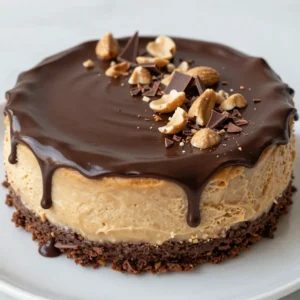 - Chocolate cookie crumbs (1 ½ cups) - Unsalted butter (½ cup, melted) - Cream cheese (16 oz, softened) - Creamy peanut butter (1 cup) - Powdered sugar (1 cup) - Pure vanilla extract (1 teaspoon) - Whipped topping (2 cups, like Cool Whip) - Chocolate ganache (½ cup, for drizzling) - Decorative garnishes (chopped peanuts and chocolate shavings) Gathering these ingredients is the first step to making your cheesecake. The chocolate cookie crumbs form a rich base, while unsalted butter helps bind it together. Choose creamy peanut butter for a smooth texture. The cream cheese adds richness, while powdered sugar sweetens the filling. Vanilla extract enhances the flavors, and whipped topping brings lightness. Finally, chocolate ganache provides a beautiful drizzle, and garnishes like chopped peanuts and chocolate shavings add a nice touch. You can easily find these ingredients at your local store. If you want to make this dessert even more special, consider using high-quality chocolate for the ganache. This will enhance the overall taste and presentation. Each ingredient plays a vital role in creating a delicious Peanut Butter Chocolate Cheesecake that everyone will love. {{ingredient_image_2}} 1. Preheat your oven to 350°F (175°C). This helps create a nice crust. 2. In a medium bowl, combine 1 ½ cups of chocolate cookie crumbs with ½ cup melted unsalted butter. Mix until all crumbs are coated. 3. Transfer the mixture into a 9-inch springform pan. Press it down evenly with your fingers or a measuring cup. 4. Bake the crust for 10 minutes. Remove it from the oven and let it cool while you prepare the filling. 1. In a large bowl, beat 16 oz of softened cream cheese with 1 cup of creamy peanut butter. Use an electric mixer until smooth. 2. Gradually add 1 cup of powdered sugar and 1 teaspoon of pure vanilla extract. Mix on low speed until silky. 3. Gently fold in 2 cups of whipped topping. Be careful not to deflate the mixture. 1. Pour the filling over the cooled crust. Smooth the top with a spatula. 2. Cover the pan with plastic wrap and chill in the fridge for at least 4 hours or overnight. This helps the cheesecake set. 3. Once set, carefully remove the sides of the springform pan. Drizzle with ½ cup of chocolate ganache. 4. Garnish with chopped peanuts and chocolate shavings before serving. This adds a nice touch! - Softening cream cheese: Leave the cream cheese out for about 30 minutes. This warms it and makes it easy to mix. If you forget, you can cut it into small cubes and microwave it for 10 seconds. Check and repeat if needed. - Folding whipped topping gently: When you add whipped topping, use a spatula. Move it slowly to keep the air in the mix. This keeps the cheesecake light and fluffy. A gentle touch makes a big difference. - Knowing when the cheesecake is set: After chilling, the cheesecake should feel firm but still slightly jiggly in the middle. If it wobbles like jelly, it needs more time. Chill for at least four hours or overnight for best results. - Flavor extracts: You can add a splash of almond or hazelnut extract for a fun twist. Just a teaspoon can change the taste. Experiment with what you like best! - Chocolate ganache variations: You can use dark, milk, or white chocolate for your ganache. Each type gives a unique taste. Melt your chosen chocolate with cream for a rich sauce. - Toppings and garnishes: Try adding more decorations like crushed cookies or caramel sauce. Fresh fruit like raspberries or strawberries can add color and flavor. Chopped peanuts and chocolate shavings are great too. Pro Tips Use Room Temperature Ingredients: Ensure your cream cheese is softened to room temperature for a smooth filling. This helps to avoid lumps and makes mixing easier. Chill for Best Results: Allow the cheesecake to chill overnight if possible. This enhances the flavor and ensures that it sets perfectly. Perfect Ganache: For a shiny ganache, allow it to cool slightly before drizzling over the cheesecake. This will create a beautiful, glossy finish. Garnish Creatively: Don't hesitate to get creative with your toppings! Use crushed peanuts, chocolate shavings, or even a drizzle of caramel for an extra touch. {{image_4}} You can switch up flavors in many fun ways. For a crunchier texture, swap creamy peanut butter for chunky. This adds a delightful bite. You can also try adding flavored chocolate, like mint or raspberry. This twist brings a fresh taste to your cheesecake. Another great idea is to incorporate crushed candy bars or cookies into the filling. Think about adding your favorite treats for extra yumminess. If you need gluten-free options, use gluten-free cookies for the crust. This way, everyone can enjoy the cheesecake. For a vegan version, substitute cream cheese and whipped topping with plant-based alternatives. You can also try using low-sugar sweeteners for a healthier take. This makes it easier to enjoy without the extra sugar. Adjusting these ingredients helps cater to different diets, making this cheesecake a hit for all! - Refrigerator Storage: Wrap leftover cheesecake tightly in plastic wrap. You can also place it in an airtight container. This helps keep it fresh for up to five days. - Freezing Tips: To freeze, slice the cheesecake first. Wrap each slice in plastic wrap, then in aluminum foil. Place wrapped slices in a freezer bag. This method protects the cheesecake from freezer burn, keeping it fresh for about two to three months. - Reheating Methods: To serve frozen cheesecake, remove it from the freezer and let it thaw in the fridge overnight. If you need it faster, you can leave it at room temperature for about an hour. Avoid microwaving, as it can change the texture. - Fridge Lifespan: The cheesecake stays good in the fridge for about five days. After that, the quality may drop. - Signs of Spoilage: Check for off smells, mold, or a change in texture. If it feels slimy or has discoloration, it’s best to toss it. Always trust your senses to ensure your cheesecake is safe to eat. Yes, you can use low-fat cream cheese. Dairy-free cream cheese works too. Both options provide a lighter taste. These swaps still give you a creamy texture. Just make sure they are softened first. The cheesecake should be firm to the touch. You can gently shake the pan. If it wobbles slightly in the center, it needs more time. Look for a smooth surface and no cracks. This shows it has chilled well. Absolutely! This cheesecake tastes better after a day in the fridge. You can prepare it up to two days ahead. Just cover it with plastic wrap. This keeps it fresh and ready for serving. You learned how to make a delicious cheesecake with chocolate and peanut butter. We covered the key ingredients, step-by-step instructions, and helpful tips to get the best results. You can also explore fun variations to suit your tastes and dietary needs. Remember to store any leftovers properly so you can enjoy them later. With this recipe, you can impress friends and family with your dessert skills. Happy baking, and enjoy your sweet creation!