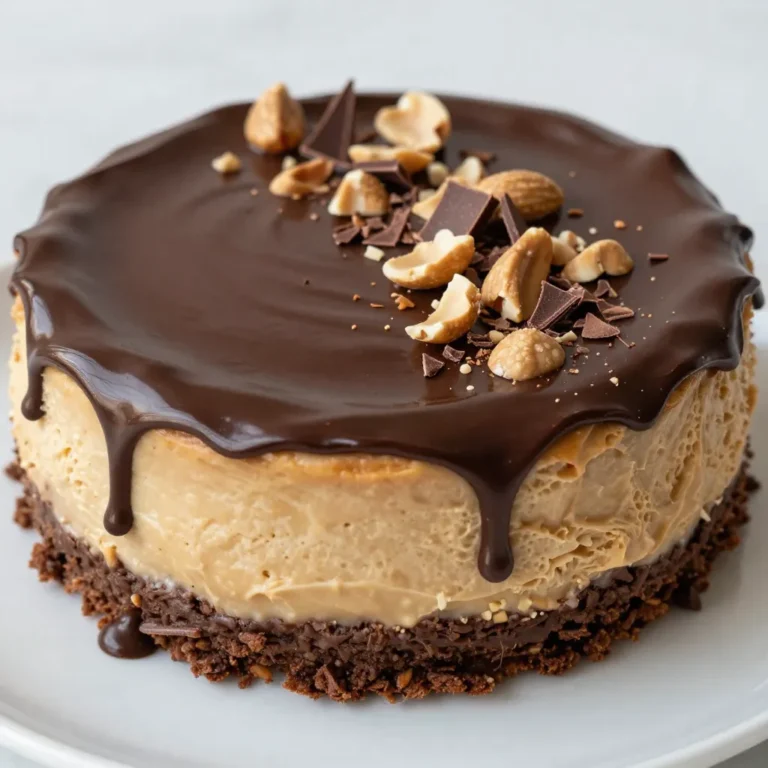 - Chocolate cookie crumbs (1 ½ cups) - Unsalted butter (½ cup, melted) - Cream cheese (16 oz, softened) - Creamy peanut butter (1 cup) - Powdered sugar (1 cup) - Pure vanilla extract (1 teaspoon) - Whipped topping (2 cups, like Cool Whip) - Chocolate ganache (½ cup, for drizzling) - Decorative garnishes (chopped peanuts and chocolate shavings) Gathering these ingredients is the first step to making your cheesecake. The chocolate cookie crumbs form a rich base, while unsalted butter helps bind it together. Choose creamy peanut butter for a smooth texture. The cream cheese adds richness, while powdered sugar sweetens the filling. Vanilla extract enhances the flavors, and whipped topping brings lightness. Finally, chocolate ganache provides a beautiful drizzle, and garnishes like chopped peanuts and chocolate shavings add a nice touch. You can easily find these ingredients at your local store. If you want to make this dessert even more special, consider using high-quality chocolate for the ganache. This will enhance the overall taste and presentation. Each ingredient plays a vital role in creating a delicious Peanut Butter Chocolate Cheesecake that everyone will love. {{ingredient_image_2}} 1. Preheat your oven to 350°F (175°C). This helps create a nice crust. 2. In a medium bowl, combine 1 ½ cups of chocolate cookie crumbs with ½ cup melted unsalted butter. Mix until all crumbs are coated. 3. Transfer the mixture into a 9-inch springform pan. Press it down evenly with your fingers or a measuring cup. 4. Bake the crust for 10 minutes. Remove it from the oven and let it cool while you prepare the filling. 1. In a large bowl, beat 16 oz of softened cream cheese with 1 cup of creamy peanut butter. Use an electric mixer until smooth. 2. Gradually add 1 cup of powdered sugar and 1 teaspoon of pure vanilla extract. Mix on low speed until silky. 3. Gently fold in 2 cups of whipped topping. Be careful not to deflate the mixture. 1. Pour the filling over the cooled crust. Smooth the top with a spatula. 2. Cover the pan with plastic wrap and chill in the fridge for at least 4 hours or overnight. This helps the cheesecake set. 3. Once set, carefully remove the sides of the springform pan. Drizzle with ½ cup of chocolate ganache. 4. Garnish with chopped peanuts and chocolate shavings before serving. This adds a nice touch! - Softening cream cheese: Leave the cream cheese out for about 30 minutes. This warms it and makes it easy to mix. If you forget, you can cut it into small cubes and microwave it for 10 seconds. Check and repeat if needed. - Folding whipped topping gently: When you add whipped topping, use a spatula. Move it slowly to keep the air in the mix. This keeps the cheesecake light and fluffy. A gentle touch makes a big difference. - Knowing when the cheesecake is set: After chilling, the cheesecake should feel firm but still slightly jiggly in the middle. If it wobbles like jelly, it needs more time. Chill for at least four hours or overnight for best results. - Flavor extracts: You can add a splash of almond or hazelnut extract for a fun twist. Just a teaspoon can change the taste. Experiment with what you like best! - Chocolate ganache variations: You can use dark, milk, or white chocolate for your ganache. Each type gives a unique taste. Melt your chosen chocolate with cream for a rich sauce. - Toppings and garnishes: Try adding more decorations like crushed cookies or caramel sauce. Fresh fruit like raspberries or strawberries can add color and flavor. Chopped peanuts and chocolate shavings are great too. Pro Tips Use Room Temperature Ingredients: Ensure your cream cheese is softened to room temperature for a smooth filling. This helps to avoid lumps and makes mixing easier. Chill for Best Results: Allow the cheesecake to chill overnight if possible. This enhances the flavor and ensures that it sets perfectly. Perfect Ganache: For a shiny ganache, allow it to cool slightly before drizzling over the cheesecake. This will create a beautiful, glossy finish. Garnish Creatively: Don't hesitate to get creative with your toppings! Use crushed peanuts, chocolate shavings, or even a drizzle of caramel for an extra touch. {{image_4}} You can switch up flavors in many fun ways. For a crunchier texture, swap creamy peanut butter for chunky. This adds a delightful bite. You can also try adding flavored chocolate, like mint or raspberry. This twist brings a fresh taste to your cheesecake. Another great idea is to incorporate crushed candy bars or cookies into the filling. Think about adding your favorite treats for extra yumminess. If you need gluten-free options, use gluten-free cookies for the crust. This way, everyone can enjoy the cheesecake. For a vegan version, substitute cream cheese and whipped topping with plant-based alternatives. You can also try using low-sugar sweeteners for a healthier take. This makes it easier to enjoy without the extra sugar. Adjusting these ingredients helps cater to different diets, making this cheesecake a hit for all! - Refrigerator Storage: Wrap leftover cheesecake tightly in plastic wrap. You can also place it in an airtight container. This helps keep it fresh for up to five days. - Freezing Tips: To freeze, slice the cheesecake first. Wrap each slice in plastic wrap, then in aluminum foil. Place wrapped slices in a freezer bag. This method protects the cheesecake from freezer burn, keeping it fresh for about two to three months. - Reheating Methods: To serve frozen cheesecake, remove it from the freezer and let it thaw in the fridge overnight. If you need it faster, you can leave it at room temperature for about an hour. Avoid microwaving, as it can change the texture. - Fridge Lifespan: The cheesecake stays good in the fridge for about five days. After that, the quality may drop. - Signs of Spoilage: Check for off smells, mold, or a change in texture. If it feels slimy or has discoloration, it’s best to toss it. Always trust your senses to ensure your cheesecake is safe to eat. Yes, you can use low-fat cream cheese. Dairy-free cream cheese works too. Both options provide a lighter taste. These swaps still give you a creamy texture. Just make sure they are softened first. The cheesecake should be firm to the touch. You can gently shake the pan. If it wobbles slightly in the center, it needs more time. Look for a smooth surface and no cracks. This shows it has chilled well. Absolutely! This cheesecake tastes better after a day in the fridge. You can prepare it up to two days ahead. Just cover it with plastic wrap. This keeps it fresh and ready for serving. You learned how to make a delicious cheesecake with chocolate and peanut butter. We covered the key ingredients, step-by-step instructions, and helpful tips to get the best results. You can also explore fun variations to suit your tastes and dietary needs. Remember to store any leftovers properly so you can enjoy them later. With this recipe, you can impress friends and family with your dessert skills. Happy baking, and enjoy your sweet creation!