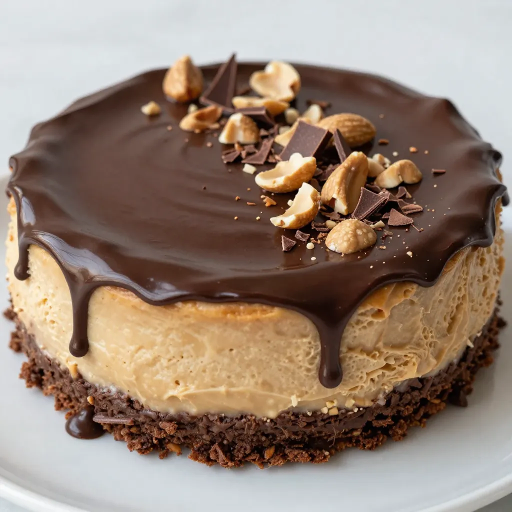 - Chocolate cookie crumbs (1 ½ cups) - Unsalted butter (½ cup, melted) - Cream cheese (16 oz, softened) - Creamy peanut butter (1 cup) - Powdered sugar (1 cup) - Pure vanilla extract (1 teaspoon) - Whipped topping (2 cups, like Cool Whip) - Chocolate ganache (½ cup, for drizzling) - Decorative garnishes (chopped peanuts and chocolate shavings) Gathering these ingredients is the first step to making your cheesecake. The chocolate cookie crumbs form a rich base, while unsalted butter helps bind it together. Choose creamy peanut butter for a smooth texture. The cream cheese adds richness, while powdered sugar sweetens the filling. Vanilla extract enhances the flavors, and whipped topping brings lightness. Finally, chocolate ganache provides a beautiful drizzle, and garnishes like chopped peanuts and chocolate shavings add a nice touch. You can easily find these ingredients at your local store. If you want to make this dessert even more special, consider using high-quality chocolate for the ganache. This will enhance the overall taste and presentation. Each ingredient plays a vital role in creating a delicious Peanut Butter Chocolate Cheesecake that everyone will love. {{ingredient_image_2}} 1. Preheat your oven to 350°F (175°C). This helps create a nice crust. 2. In a medium bowl, combine 1 ½ cups of chocolate cookie crumbs with ½ cup melted unsalted butter. Mix until all crumbs are coated. 3. Transfer the mixture into a 9-inch springform pan. Press it down evenly with your fingers or a measuring cup. 4. Bake the crust for 10 minutes. Remove it from the oven and let it cool while you prepare the filling. 1. In a large bowl, beat 16 oz of softened cream cheese with 1 cup of creamy peanut butter. Use an electric mixer until smooth. 2. Gradually add 1 cup of powdered sugar and 1 teaspoon of pure vanilla extract. Mix on low speed until silky. 3. Gently fold in 2 cups of whipped topping. Be careful not to deflate the mixture. 1. Pour the filling over the cooled crust. Smooth the top with a spatula. 2. Cover the pan with plastic wrap and chill in the fridge for at least 4 hours or overnight. This helps the cheesecake set. 3. Once set, carefully remove the sides of the springform pan. Drizzle with ½ cup of chocolate ganache. 4. Garnish with chopped peanuts and chocolate shavings before serving. This adds a nice touch! - Softening cream cheese: Leave the cream cheese out for about 30 minutes. This warms it and makes it easy to mix. If you forget, you can cut it into small cubes and microwave it for 10 seconds. Check and repeat if needed. - Folding whipped topping gently: When you add whipped topping, use a spatula. Move it slowly to keep the air in the mix. This keeps the cheesecake light and fluffy. A gentle touch makes a big difference. - Knowing when the cheesecake is set: After chilling, the cheesecake should feel firm but still slightly jiggly in the middle. If it wobbles like jelly, it needs more time. Chill for at least four hours or overnight for best results. - Flavor extracts: You can add a splash of almond or hazelnut extract for a fun twist. Just a teaspoon can change the taste. Experiment with what you like best! - Chocolate ganache variations: You can use dark, milk, or white chocolate for your ganache. Each type gives a unique taste. Melt your chosen chocolate with cream for a rich sauce. - Toppings and garnishes: Try adding more decorations like crushed cookies or caramel sauce. Fresh fruit like raspberries or strawberries can add color and flavor. Chopped peanuts and chocolate shavings are great too. Pro Tips Use Room Temperature Ingredients: Ensure your cream cheese is softened to room temperature for a smooth filling. This helps to avoid lumps and makes mixing easier. Chill for Best Results: Allow the cheesecake to chill overnight if possible. This enhances the flavor and ensures that it sets perfectly. Perfect Ganache: For a shiny ganache, allow it to cool slightly before drizzling over the cheesecake. This will create a beautiful, glossy finish. Garnish Creatively: Don't hesitate to get creative with your toppings! Use crushed peanuts, chocolate shavings, or even a drizzle of caramel for an extra touch. {{image_4}} You can switch up flavors in many fun ways. For a crunchier texture, swap creamy peanut butter for chunky. This adds a delightful bite. You can also try adding flavored chocolate, like mint or raspberry. This twist brings a fresh taste to your cheesecake. Another great idea is to incorporate crushed candy bars or cookies into the filling. Think about adding your favorite treats for extra yumminess. If you need gluten-free options, use gluten-free cookies for the crust. This way, everyone can enjoy the cheesecake. For a vegan version, substitute cream cheese and whipped topping with plant-based alternatives. You can also try using low-sugar sweeteners for a healthier take. This makes it easier to enjoy without the extra sugar. Adjusting these ingredients helps cater to different diets, making this cheesecake a hit for all! - Refrigerator Storage: Wrap leftover cheesecake tightly in plastic wrap. You can also place it in an airtight container. This helps keep it fresh for up to five days. - Freezing Tips: To freeze, slice the cheesecake first. Wrap each slice in plastic wrap, then in aluminum foil. Place wrapped slices in a freezer bag. This method protects the cheesecake from freezer burn, keeping it fresh for about two to three months. - Reheating Methods: To serve frozen cheesecake, remove it from the freezer and let it thaw in the fridge overnight. If you need it faster, you can leave it at room temperature for about an hour. Avoid microwaving, as it can change the texture. - Fridge Lifespan: The cheesecake stays good in the fridge for about five days. After that, the quality may drop. - Signs of Spoilage: Check for off smells, mold, or a change in texture. If it feels slimy or has discoloration, it’s best to toss it. Always trust your senses to ensure your cheesecake is safe to eat. Yes, you can use low-fat cream cheese. Dairy-free cream cheese works too. Both options provide a lighter taste. These swaps still give you a creamy texture. Just make sure they are softened first. The cheesecake should be firm to the touch. You can gently shake the pan. If it wobbles slightly in the center, it needs more time. Look for a smooth surface and no cracks. This shows it has chilled well. Absolutely! This cheesecake tastes better after a day in the fridge. You can prepare it up to two days ahead. Just cover it with plastic wrap. This keeps it fresh and ready for serving. You learned how to make a delicious cheesecake with chocolate and peanut butter. We covered the key ingredients, step-by-step instructions, and helpful tips to get the best results. You can also explore fun variations to suit your tastes and dietary needs. Remember to store any leftovers properly so you can enjoy them later. With this recipe, you can impress friends and family with your dessert skills. Happy baking, and enjoy your sweet creation!