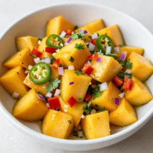 For a tasty Spicy Mango Salsa, you'll need: - 2 ripe mangoes, peeled and diced into small cubes - 1 small red onion, finely minced - 1 red bell pepper, diced for texture and color - 1 jalape&ntilde;o, seeds discarded and finely minced (adjust to taste) - 1/4 cup fresh cilantro, chopped for a fragrant finish - 2 tablespoons freshly squeezed lime juice for acidity - 1 tablespoon extra virgin olive oil for richness - Sea salt and freshly cracked black pepper to taste Using fresh ingredients makes a big difference. Fresh mangoes offer sweetness. Red onions bring a mild bite. Bell peppers add crunch and color. Jalape&ntilde;os give heat, while cilantro adds brightness. Fresh lime juice balances the flavors. This combination creates a vibrant and lively salsa. Using fresh produce enhances taste and nutrition. You get more vitamins and minerals. Fresh ingredients also look better, making your dish more appealing. Feel free to switch things up! If you can't find ripe mangoes, try peaches or pineapples. For the red onion, use green onions or shallots. If jalape&ntilde;os are too spicy, try a milder pepper like a bell pepper. Want a different herb? Use parsley or mint instead of cilantro. These swaps let you create a salsa that fits your taste. Experimenting can lead to exciting new flavors! {{ingredient_image_2}} 1. Start by peeling the ripe mangoes. Use a sharp knife and cut off the skin. 2. Carefully dice the mangoes into small, uniform cubes. Place them in a medium-sized bowl. 3. Finely mince the red onion. Add it to the bowl with the mango cubes. This brings a sweet and tangy contrast. 4. Dice the red bell pepper into small pieces. Mix it in for crunch and color. 5. Take the jalape&ntilde;o, remove the seeds, and finely mince. Stir it in for a spicy kick. Adjust the amount to fit your taste. 6. Chop fresh cilantro and fold it into the salsa. This adds a fresh herb flavor. 7. Drizzle fresh lime juice and extra virgin olive oil over the mixture. This adds brightness and richness. 8. Season with sea salt and freshly cracked black pepper. Mix everything gently. To combine the ingredients for optimal flavor, start by mixing the diced mango, onion, and bell pepper. Stir in the jalape&ntilde;o slowly. This way, you control the heat. Then, add the cilantro, lime juice, and olive oil. Ensure each ingredient is well-distributed. The key is to mix gently to keep the mango cubes intact. Letting the salsa sit for about 15-20 minutes allows the flavors to meld together. To ensure a balanced taste and texture, use fresh ingredients. They make a huge difference. Adjust the lime juice to brighten the salsa. You can add more jalape&ntilde;o for heat or more mango for sweetness. Taste it as you go. If it's too spicy, add more diced mango or bell pepper. This will help calm the heat without losing flavor. To change the heat of your salsa, start with less jalape&ntilde;o. Use half of a minced jalape&ntilde;o for a milder taste. You can always add more if you wish. If you want more heat, leave some seeds in. The seeds hold a lot of the heat. You can also switch out jalape&ntilde;o for a hotter pepper like serrano. For a milder option, try using a bell pepper instead. Adjusting spice levels can make this salsa perfect for everyone. Spicy Mango Salsa shines with a few good pairings. Serve it with crispy tortilla chips for a tasty appetizer. It also goes great on grilled fish or chicken. The fresh mango and spicy notes add depth to these dishes. For a colorful presentation, use a bright bowl. Garnish with a sprig of cilantro and a lime wedge. This makes your salsa look as good as it tastes. You can also use it in tacos for a burst of flavor. Make your salsa ahead of time for the best taste. Letting it rest for at least 15 to 20 minutes helps the flavors blend. If you prepare it earlier, store it in the fridge. Serve it chilled for a refreshing bite. When it's time to serve, take it out of the fridge. Let it sit for a few minutes at room temperature. This helps the flavors pop. Remember, fresh ingredients make the best salsa, so use ripe mangoes and fresh herbs when you can. Pro Tips Choose Ripe Mangoes: Opt for mangoes that yield slightly to pressure and have a sweet aroma at the stem end for the best flavor and sweetness. Adjust the Heat: Modify the amount of jalape&ntilde;o based on your heat preference. For a milder salsa, use less or omit the seeds entirely. Let It Rest: Allowing the salsa to rest at room temperature for 15-20 minutes helps the flavors to meld together beautifully before serving. Perfect Pairings: Enjoy this salsa with grilled fish, chicken, or as a vibrant topping for tacos to elevate your dishes with fresh flavors. {{image_4}} You can make your spicy mango salsa even more exciting! Here are some fun ingredient options: - Pineapple: Add diced pineapple for a sweet twist. - Avocado: Mix in creamy avocado for a rich texture. - Tomatoes: Use diced tomatoes for extra juiciness. - Cucumber: Add diced cucumber for a refreshing crunch. - Corn: Toss in some sweet corn for a pop of flavor. Each option brings a new taste and texture. Feel free to get creative! Switching up the flavor of your salsa is easy. Here are some ideas: - Tropical Theme: Add mango, pineapple, and coconut. This creates a bright, sunny flavor. - Savory Twist: Use roasted garlic and cumin for a deeper, earthier taste. - Herb-Infused: Try adding basil or mint for a fresh herbal note. - Citrus Zing: Use orange or grapefruit juice instead of lime for a different citrus flavor. These changes can transform the salsa into something new and exciting! Making your salsa fit specific diets is simple. Here are a few adjustments: - Vegan: This recipe is already vegan! Just ensure all your ingredients are plant-based. - Gluten-Free: The salsa is naturally gluten-free. Pair it with gluten-free chips or veggies. - Low-Carb: Skip the tortilla chips. Use cucumber slices or bell pepper strips instead. These adjustments ensure everyone can enjoy your spicy mango salsa! To keep your spicy mango salsa fresh, store it in an airtight container. Glass jars work well, as they do not retain odors. Make sure to press a sheet of plastic wrap tightly onto the surface of the salsa before sealing. This step helps minimize air exposure. Store the salsa in the fridge for the best taste and quality. You can store spicy mango salsa in the fridge for about 3 to 5 days. If you want to keep it longer, freeze it for up to 3 months. Just remember to leave some space in the container, as the salsa will expand when frozen. When ready to use, thaw it in the fridge overnight. Always check for signs of spoilage before using your salsa. If you see mold or notice a sour smell, it&rsquo;s time to toss it. A change in color can also indicate spoilage. If the salsa seems watery or has separated, it may not be good anymore. Trust your senses; when in doubt, throw it out. You can store spicy mango salsa in the fridge for up to three days. Make sure to keep it in an airtight container. After three days, the flavors start to fade. If you want to keep it longer, think about freezing it. Yes, you can freeze spicy mango salsa. Use a freezer-safe container or bag. Leave some space for expansion. When you&rsquo;re ready to eat it, thaw it in the fridge overnight. The texture may change a bit, but the flavors stay tasty. Spicy mango salsa pairs well with many dishes. Here are some great ideas: - Grilled fish or chicken for a fresh topping. - Tacos to add a fruity kick. - Rice bowls for a fun twist. - Crispy tortilla chips for a flavorful snack. - Salads for a zesty dressing. These options make spicy mango salsa a versatile addition to your meals. Enjoy experimenting! Spicy Mango Salsa brings together fresh ingredients and bold flavors. You learned how to prepare, mix, and store this tasty dish. Remember to customize spice levels to suit your taste. With various ingredient swaps, you can make this salsa perfect for any meal. Follow my tips for storing it, so it stays fresh longer. Enjoying homemade salsa can boost your meals and impress your guests. Now, go ahead and make your own Spicy Mango Salsa!