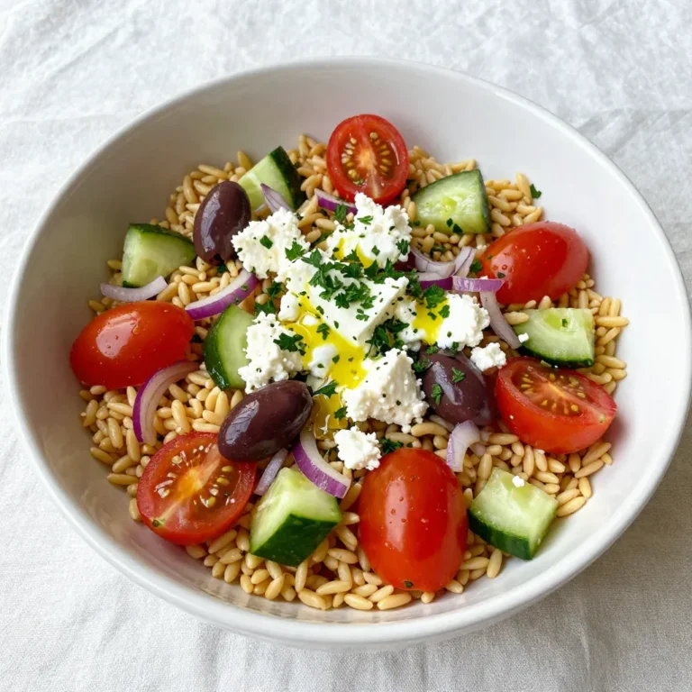 - 1 cup orzo pasta - 1 cup cherry tomatoes, halved - 1 cucumber, diced - ½ red onion, finely chopped - ½ cup Kalamata olives, pitted and sliced - 1 cup feta cheese, crumbled - ¼ cup fresh parsley, chopped Orzo pasta is the star of this salad. It’s small and rice-shaped, making it perfect for mixing with fresh veggies. Cherry tomatoes bring a burst of sweetness. The diced cucumber adds a crisp bite. Red onion gives it a sharp flavor. Kalamata olives add a salty touch, and feta cheese ties everything together with its creamy texture. Fresh parsley adds a pop of color and freshness. - ¼ cup olive oil - 2 tablespoons lemon juice - 1 teaspoon dried oregano - Salt and pepper to taste The dressing is simple but packed with flavor. Olive oil gives it richness and smoothness. Fresh lemon juice brightens the dish with a zesty kick. Dried oregano adds an earthy note. Salt and pepper balance the flavors. Together, they make the salad sing. - Extra parsley - Lemon wedges - Kalamata olives Garnishes can elevate your dish. Adding extra parsley offers a fresh look. Lemon wedges let guests add more zing as they like. Kalamata olives can be placed on top for an eye-catching finish. These touches make the salad even more inviting. {{ingredient_image_2}} To start, bring 4-5 quarts of salted water to a rapid boil. This salt helps flavor the orzo. Add 1 cup of orzo pasta to the pot. Cook it for about 8-10 minutes. You want it al dente, which means it should be firm to bite. After cooking, drain the orzo in a colander. Rinse it under cold water to stop the cooking process. This helps keep the pasta from getting mushy. While the orzo cooks, chop your fresh veggies. Take 1 cup of cherry tomatoes and slice them in half. Dice 1 cucumber into small pieces. Finely chop ½ red onion. Slice ½ cup of Kalamata olives. Finally, chop ¼ cup of fresh parsley. In a large bowl, mix all these veggies together. The colors will pop, making the salad look bright and fresh. In a small bowl, whisk together ¼ cup of olive oil and 2 tablespoons of lemon juice. Add 1 teaspoon of dried oregano. Season with salt and pepper to taste. Whisk until everything blends well. Taste your dressing and adjust the flavors if needed. You can add more lemon juice for a tangy kick or extra salt for flavor. Once the orzo is cooled, add it to the bowl with your mixed veggies. Pour the dressing over the orzo and vegetables. Toss gently to coat everything evenly. Now, carefully fold in 1 cup of crumbled feta cheese. Be gentle so the feta keeps its shape and doesn't break apart too much. For the best taste, cover the salad and chill it in the fridge for at least 30 minutes. This allows the flavors to blend nicely. When you're ready to serve, present it in a large, shallow bowl. For a special touch, sprinkle with extra parsley and add a few Kalamata olives on top. You can also offer lemon wedges on the side for a fresh squeeze. Enjoy your delicious Greek Orzo Salad! To avoid mushy pasta, start with plenty of salted water. I use about 4-5 quarts for 1 cup of orzo. When the water boils, add the orzo and stir it. Cook it for only 8-10 minutes. You want it al dente, which means it should still have a firm bite. Once done, drain the orzo quickly and rinse it under cold water. This stops the cooking and keeps it from getting mushy. For a tasty twist, add spices and herbs. I love using dried oregano in this salad. It gives a nice, warm flavor. You can also try adding a sprinkle of fresh dill or basil for extra depth. When mixing the dressing, don’t forget to adjust the salt and pepper to your taste. A bit of lemon zest can brighten the flavors, too! How you serve the salad can make a big difference. For a family-style meal, use a large bowl. This invites everyone to dig in. If you prefer individual servings, use small bowls. Garnish each serving with a sprinkle of extra parsley and a few olives for a pop of color. Serve lemon wedges on the side for a fresh squeeze right before eating. This makes the salad look even more inviting! Pro Tips Cook Orzo Perfectly: Make sure to cook the orzo until it is al dente, which means it should still have a slight bite to it. This will prevent the pasta from becoming mushy in the salad. Customize Your Veggies: Feel free to add or substitute other vegetables such as bell peppers, radishes, or even artichokes for added flavor and color to your salad. Make Ahead: This salad tastes even better the next day as the flavors meld together. Prepare it a day in advance for a quick and delicious meal. Garnish Smartly: Garnish with extra feta or a sprinkle of pine nuts just before serving to add an appealing crunch and enhance the visual appeal of the dish. {{image_4}} Gluten-free options: You can use gluten-free orzo made from rice or quinoa. This swap keeps the dish tasty and light. Always check the packaging to ensure it meets your needs. Vegan alternatives: To make this salad vegan, skip the feta cheese or use tofu feta. You can also add extra veggies for creaminess. Try avocado or a sprinkle of nutritional yeast for a cheesy flavor without dairy. Alternative cheeses and vegetables: If you don't have feta, try goat cheese or even ricotta for a different taste. For veggies, bell peppers or arugula can add a nice crunch. Adding proteins like chicken or shrimp: For a heartier meal, add grilled chicken or shrimp. Cook them separately and toss them in at the end. This makes the salad more filling and satisfying. Suggested Mediterranean add-ins: Consider adding sun-dried tomatoes, artichokes, or roasted red peppers. These ingredients boost flavor and color, making the salad even more appealing. Regional variations of Greek orzo salad: Different regions have unique twists. In Crete, you might find nuts or raisins added for sweetness. In other areas, they may include capers or different herbs, like dill or mint, for a fresh taste. Each variation brings something special to the table. Your Greek Orzo Salad stays fresh in the fridge for about 3-5 days. Store it in a tight container to keep it crisp. I recommend using a glass or plastic container with a lid. This blocks air and helps keep flavors strong. You can freeze Greek Orzo Salad, but keep in mind that some ingredients may change texture. If you freeze it, use an airtight container or freezer bag. Label it with the date to track freshness. It can last up to three months in the freezer. When you're ready to eat, thaw it overnight in the fridge. To refresh leftovers, simply take out the salad and let it sit at room temperature for about 20 minutes. If you want it warm, gently heat it in a pan on low heat. Stir often to avoid burning. You can also add a splash of olive oil or lemon juice for extra flavor. Enjoy it as is or add fresh veggies to boost taste! You can add protein to your Greek Orzo Salad. Here are some great options: - Grilled chicken: It adds flavor and texture. - Shrimp: Cooked and tossed in give a nice touch. - Chickpeas: They are hearty and provide a plant-based option. - Hard-boiled eggs: Chopped eggs add creaminess and protein. Adding these proteins makes the salad more satisfying. You can mix and match based on what you like. Yes, you can prep your Greek Orzo Salad ahead. Here are some best practices for prep: - Cook the orzo and veggies in advance. - Store them separately until ready to serve. - Mix the salad a few hours before eating. This lets the flavors blend well. - Keep the dressing in a jar. Add it just before serving to keep things fresh. This way, you save time and enjoy great taste. Greek Orzo Salad pairs well with many dishes. Here are some great options: - Grilled meats: Chicken, lamb, or fish work great. - Roasted vegetables: They add color and flavor. - Pita bread: Serve it warm with some dips. - Wine: A crisp white wine complements the salad nicely. These pairings enhance your meal and make it more enjoyable. No, orzo pasta is not gluten-free. It is made from wheat. However, you can find gluten-free orzo options made from rice or corn. These alternatives work well in any recipe. Always check labels to be sure! This blog post covers how to make a tasty Greek Orzo Salad. We looked at the main ingredients like orzo, fresh veggies, and feta cheese. I gave you steps to cook the orzo, prep the vegetables, and mix the dressing. I shared tips for perfect cooking and serving ideas too. In the end, this dish is versatile. You can change it up based on your needs. Enjoy making this easy and delicious salad at home!