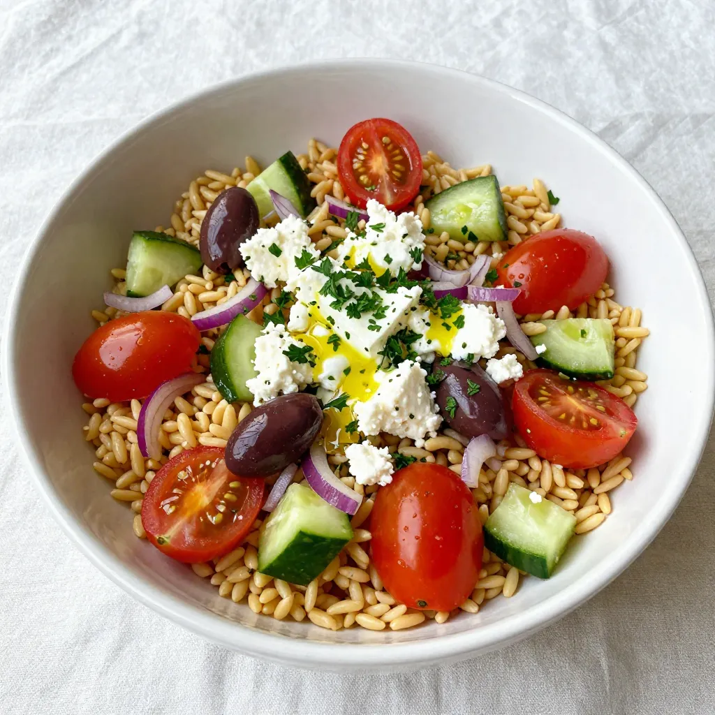 - 1 cup orzo pasta - 1 cup cherry tomatoes, halved - 1 cucumber, diced - ½ red onion, finely chopped - ½ cup Kalamata olives, pitted and sliced - 1 cup feta cheese, crumbled - ¼ cup fresh parsley, chopped Orzo pasta is the star of this salad. It’s small and rice-shaped, making it perfect for mixing with fresh veggies. Cherry tomatoes bring a burst of sweetness. The diced cucumber adds a crisp bite. Red onion gives it a sharp flavor. Kalamata olives add a salty touch, and feta cheese ties everything together with its creamy texture. Fresh parsley adds a pop of color and freshness. - ¼ cup olive oil - 2 tablespoons lemon juice - 1 teaspoon dried oregano - Salt and pepper to taste The dressing is simple but packed with flavor. Olive oil gives it richness and smoothness. Fresh lemon juice brightens the dish with a zesty kick. Dried oregano adds an earthy note. Salt and pepper balance the flavors. Together, they make the salad sing. - Extra parsley - Lemon wedges - Kalamata olives Garnishes can elevate your dish. Adding extra parsley offers a fresh look. Lemon wedges let guests add more zing as they like. Kalamata olives can be placed on top for an eye-catching finish. These touches make the salad even more inviting. {{ingredient_image_2}} To start, bring 4-5 quarts of salted water to a rapid boil. This salt helps flavor the orzo. Add 1 cup of orzo pasta to the pot. Cook it for about 8-10 minutes. You want it al dente, which means it should be firm to bite. After cooking, drain the orzo in a colander. Rinse it under cold water to stop the cooking process. This helps keep the pasta from getting mushy. While the orzo cooks, chop your fresh veggies. Take 1 cup of cherry tomatoes and slice them in half. Dice 1 cucumber into small pieces. Finely chop ½ red onion. Slice ½ cup of Kalamata olives. Finally, chop ¼ cup of fresh parsley. In a large bowl, mix all these veggies together. The colors will pop, making the salad look bright and fresh. In a small bowl, whisk together ¼ cup of olive oil and 2 tablespoons of lemon juice. Add 1 teaspoon of dried oregano. Season with salt and pepper to taste. Whisk until everything blends well. Taste your dressing and adjust the flavors if needed. You can add more lemon juice for a tangy kick or extra salt for flavor. Once the orzo is cooled, add it to the bowl with your mixed veggies. Pour the dressing over the orzo and vegetables. Toss gently to coat everything evenly. Now, carefully fold in 1 cup of crumbled feta cheese. Be gentle so the feta keeps its shape and doesn't break apart too much. For the best taste, cover the salad and chill it in the fridge for at least 30 minutes. This allows the flavors to blend nicely. When you're ready to serve, present it in a large, shallow bowl. For a special touch, sprinkle with extra parsley and add a few Kalamata olives on top. You can also offer lemon wedges on the side for a fresh squeeze. Enjoy your delicious Greek Orzo Salad! To avoid mushy pasta, start with plenty of salted water. I use about 4-5 quarts for 1 cup of orzo. When the water boils, add the orzo and stir it. Cook it for only 8-10 minutes. You want it al dente, which means it should still have a firm bite. Once done, drain the orzo quickly and rinse it under cold water. This stops the cooking and keeps it from getting mushy. For a tasty twist, add spices and herbs. I love using dried oregano in this salad. It gives a nice, warm flavor. You can also try adding a sprinkle of fresh dill or basil for extra depth. When mixing the dressing, don’t forget to adjust the salt and pepper to your taste. A bit of lemon zest can brighten the flavors, too! How you serve the salad can make a big difference. For a family-style meal, use a large bowl. This invites everyone to dig in. If you prefer individual servings, use small bowls. Garnish each serving with a sprinkle of extra parsley and a few olives for a pop of color. Serve lemon wedges on the side for a fresh squeeze right before eating. This makes the salad look even more inviting! Pro Tips Cook Orzo Perfectly: Make sure to cook the orzo until it is al dente, which means it should still have a slight bite to it. This will prevent the pasta from becoming mushy in the salad. Customize Your Veggies: Feel free to add or substitute other vegetables such as bell peppers, radishes, or even artichokes for added flavor and color to your salad. Make Ahead: This salad tastes even better the next day as the flavors meld together. Prepare it a day in advance for a quick and delicious meal. Garnish Smartly: Garnish with extra feta or a sprinkle of pine nuts just before serving to add an appealing crunch and enhance the visual appeal of the dish. {{image_4}} Gluten-free options: You can use gluten-free orzo made from rice or quinoa. This swap keeps the dish tasty and light. Always check the packaging to ensure it meets your needs. Vegan alternatives: To make this salad vegan, skip the feta cheese or use tofu feta. You can also add extra veggies for creaminess. Try avocado or a sprinkle of nutritional yeast for a cheesy flavor without dairy. Alternative cheeses and vegetables: If you don't have feta, try goat cheese or even ricotta for a different taste. For veggies, bell peppers or arugula can add a nice crunch. Adding proteins like chicken or shrimp: For a heartier meal, add grilled chicken or shrimp. Cook them separately and toss them in at the end. This makes the salad more filling and satisfying. Suggested Mediterranean add-ins: Consider adding sun-dried tomatoes, artichokes, or roasted red peppers. These ingredients boost flavor and color, making the salad even more appealing. Regional variations of Greek orzo salad: Different regions have unique twists. In Crete, you might find nuts or raisins added for sweetness. In other areas, they may include capers or different herbs, like dill or mint, for a fresh taste. Each variation brings something special to the table. Your Greek Orzo Salad stays fresh in the fridge for about 3-5 days. Store it in a tight container to keep it crisp. I recommend using a glass or plastic container with a lid. This blocks air and helps keep flavors strong. You can freeze Greek Orzo Salad, but keep in mind that some ingredients may change texture. If you freeze it, use an airtight container or freezer bag. Label it with the date to track freshness. It can last up to three months in the freezer. When you're ready to eat, thaw it overnight in the fridge. To refresh leftovers, simply take out the salad and let it sit at room temperature for about 20 minutes. If you want it warm, gently heat it in a pan on low heat. Stir often to avoid burning. You can also add a splash of olive oil or lemon juice for extra flavor. Enjoy it as is or add fresh veggies to boost taste! You can add protein to your Greek Orzo Salad. Here are some great options: - Grilled chicken: It adds flavor and texture. - Shrimp: Cooked and tossed in give a nice touch. - Chickpeas: They are hearty and provide a plant-based option. - Hard-boiled eggs: Chopped eggs add creaminess and protein. Adding these proteins makes the salad more satisfying. You can mix and match based on what you like. Yes, you can prep your Greek Orzo Salad ahead. Here are some best practices for prep: - Cook the orzo and veggies in advance. - Store them separately until ready to serve. - Mix the salad a few hours before eating. This lets the flavors blend well. - Keep the dressing in a jar. Add it just before serving to keep things fresh. This way, you save time and enjoy great taste. Greek Orzo Salad pairs well with many dishes. Here are some great options: - Grilled meats: Chicken, lamb, or fish work great. - Roasted vegetables: They add color and flavor. - Pita bread: Serve it warm with some dips. - Wine: A crisp white wine complements the salad nicely. These pairings enhance your meal and make it more enjoyable. No, orzo pasta is not gluten-free. It is made from wheat. However, you can find gluten-free orzo options made from rice or corn. These alternatives work well in any recipe. Always check labels to be sure! This blog post covers how to make a tasty Greek Orzo Salad. We looked at the main ingredients like orzo, fresh veggies, and feta cheese. I gave you steps to cook the orzo, prep the vegetables, and mix the dressing. I shared tips for perfect cooking and serving ideas too. In the end, this dish is versatile. You can change it up based on your needs. Enjoy making this easy and delicious salad at home!