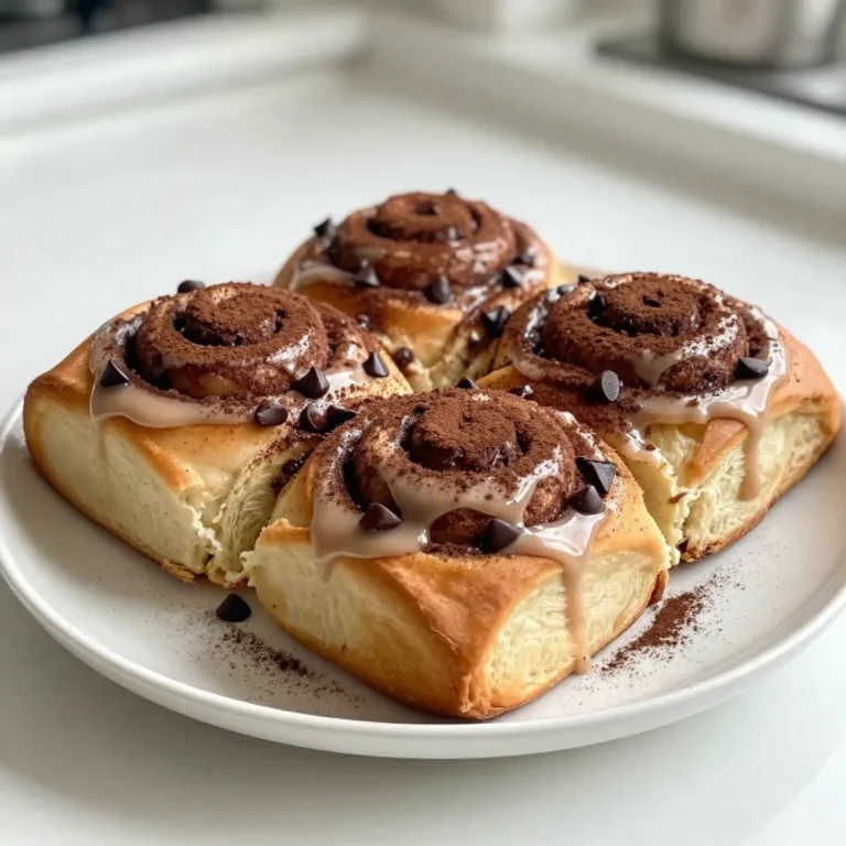 - 2 cups all-purpose flour - 2 tablespoons unsweetened cocoa powder - 1/4 cup granulated sugar - 1 teaspoon instant coffee granules - 1/2 teaspoon fine salt - 1 tablespoon active dry yeast - 3/4 cup warm milk (about 110°F/43°C) - 1/4 cup unsalted butter, melted and slightly cooled - 1 large egg, beaten - 1/4 cup packed light brown sugar - 2 teaspoons ground cinnamon - 1/2 cup semi-sweet chocolate chips - For the icing: - 1/2 cup powdered sugar, sifted - 1 tablespoon brewed coffee (cooled) - 1 tablespoon milk Gathering these ingredients is key to making your mocha cinnamon rolls. Each one has a role in creating a soft, sweet treat. The flour gives structure. Cocoa adds rich flavor. Sugar sweetens the dough while coffee boosts its taste. Yeast helps the rolls rise and become fluffy. Warm milk activates the yeast. Butter adds moisture, and the egg gives richness. Brown sugar and cinnamon bring warmth and spice. Chocolate chips add a delightful surprise. For the icing, powdered sugar gives sweetness and coffee adds a nice kick. These ingredients work together to create a delightful dish that is perfect for breakfast or dessert. Enjoy the process of gathering them, as it sets the stage for a delicious baking adventure! {{ingredient_image_2}} First, grab a large mixing bowl. In it, combine 1 cup of all-purpose flour, cocoa powder, granulated sugar, instant coffee granules, fine salt, and active dry yeast. Use a whisk to mix these dry ingredients well. Next, take a separate bowl. Combine the warm milk, melted butter, and beaten egg. Whisk it until smooth. Now, pour the wet mixture into the dry bowl. Stir with a wooden spoon until the dough starts to come together. Gradually add the remaining flour, mixing until you have a soft dough. Transfer the dough to a floured surface. Knead the dough for about 5 minutes. You want it to feel smooth and elastic. Shape the dough into a ball. Place it in a greased bowl and cover with a kitchen towel. Let it rise in a warm place for about 1 hour. It should double in size. Once it rises, gently punch the dough down to release air. Roll the dough out on a floured surface. Aim for a rectangle about 12x8 inches. In a small bowl, mix brown sugar and ground cinnamon. Sprinkle this mix evenly over your rolled-out dough. Then, scatter semi-sweet chocolate chips on top. Starting from one long edge, tightly roll the dough into a log. Slice it into 12 equal pieces, about 1 inch thick. Arrange the rolls in a greased baking dish. Place them close but not touching. Cover with a towel and let them rise again for about 30 minutes. Preheat your oven to 350°F (175°C). Once the rolls have puffed up, bake them for 20-25 minutes. They should turn golden brown on top. While the rolls bake, mix powdered sugar, brewed coffee, and milk in a small bowl. Whisk until smooth. You can adjust the icing's consistency with more milk if needed. After baking, let the rolls cool for a few minutes. Then, drizzle the icing generously over them. Enjoy the sweet aroma and the delightful taste! To get the best mocha cinnamon rolls, focus on the dough. Start with soft and sticky dough. It should not be too dry or too wet. If it feels too sticky, add a little more flour. If it is too dry, mix in a bit of warm milk. Rising time is key. Let the dough rise in a warm spot. This helps it grow big and fluffy. The first rise should take about 1 hour. After shaping the rolls, give them another 30 minutes to rise. This second rise makes them soft and airy. For extra flavor, try adding a pinch of nutmeg or cardamom. These spices blend well with the chocolate and coffee. You can also mix in some chopped nuts or dried fruits for a different twist. When storing your rolls, keep them in an airtight container. This helps them stay fresh. If you have leftovers, you can reheat them easily. Just pop them in the microwave for a few seconds. They will taste almost like fresh! Pro Tips Use Fresh Ingredients: Ensure your yeast is fresh and active for the best rise. Check the expiration date and perform a quick proof test if in doubt. Don’t Overmix the Dough: Mix just until combined to keep the rolls soft and fluffy. Overmixing can create a dense texture. Experiment with Fillings: Feel free to add nuts, dried fruits, or different types of chocolate to the filling for a unique twist on the classic recipe. Serve Warm: For the best flavor and texture, serve the rolls warm right out of the oven with the icing drizzled on top. {{image_4}} You can make mocha cinnamon rolls and keep them dairy-free. Use almond milk or coconut milk instead of regular milk. For butter, try using coconut oil or vegan butter. These swaps work well and keep the flavor tasty. Looking for sweetener alternatives? You can use honey or maple syrup instead of granulated sugar. For chocolate, dark chocolate chips can add a rich taste. You can also use dairy-free chocolate chips if you want to stick to dairy-free. Adding nuts can give your rolls a nice crunch. Chopped walnuts or pecans work well. If you prefer dried fruits, raisins or cranberries can add a sweet twist. Just sprinkle them on the filling before rolling. Feel free to experiment with different fillings too. You can use peanut butter or Nutella for a fun twist. For icing, try adding vanilla extract or flavored syrups to change it up. These small changes can create new flavors in your mocha cinnamon rolls. To keep your mocha cinnamon rolls fresh, cool them completely on a wire rack. Once cool, place the rolls in an airtight container. You can also wrap them in plastic wrap. Store them at room temperature for up to three days. If you want to keep them longer, put them in the fridge. This helps maintain their soft texture. To reheat your rolls without drying them out, use a microwave. Place a roll on a microwave-safe plate and cover it with a damp paper towel. Heat for about 10-15 seconds. If you want to use the oven, preheat it to 350°F. Wrap the rolls in foil and heat for about 10 minutes. Enjoy your rolls warm again for the best taste! Yes, you can prep mocha cinnamon rolls the night before. To do this, follow these steps: - Prepare the dough as usual. - After kneading, shape the dough into a ball. - Place the dough in a greased bowl and cover it tightly with plastic wrap. - Store it in the fridge overnight. - In the morning, let the dough sit at room temperature for about 30 minutes before rolling it out. This method allows you to enjoy fresh rolls with less morning fuss! If you don’t have instant coffee, try these options: - Brewed coffee: Use about 1/4 cup of strong brewed coffee in the dough. - Coffee extract: A few drops can add great flavor. - Espresso powder: This works well for a richer taste. These substitutes will still give your rolls that lovely coffee flavor. You can tell the rolls are done by checking these signs: - They should be golden brown on top. - Tap the top gently; it should sound hollow. - The internal temperature should reach 190°F (88°C) if you check with a thermometer. Trust your eyes and ears to get perfect rolls every time! Yes, you can freeze mocha cinnamon rolls. Here’s how: - Allow the rolls to cool completely after baking. - Wrap each roll tightly in plastic wrap, then in aluminum foil. - Place the wrapped rolls in a freezer-safe bag. To thaw, remove from the freezer and let them sit at room temperature for a few hours. You can warm them in the oven for a few minutes before serving. Enjoy those delicious rolls anytime! Making mocha cinnamon rolls is easy and fun. We covered all the essential ingredients, step-by-step instructions, and helpful tips. Knowing how to knead dough and achieve the right texture is key. Don’t forget to experiment with variations to find your favorite flavor. Store your rolls properly to keep them fresh. With these guidelines, you can impress friends and family with delicious treats. Dive into baking and enjoy the rich, warm flavors of these rolls!