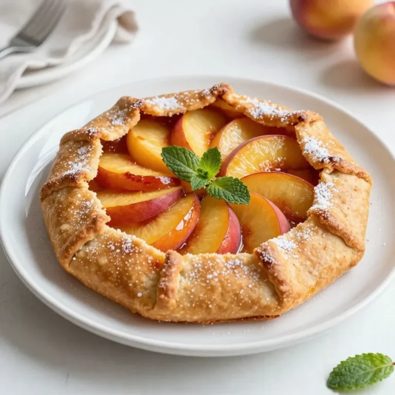 - 2 large, ripe peaches, sliced into thick wedges - 1 tablespoon fresh lemon juice - 1 tablespoon granulated sugar - 1 teaspoon pure vanilla extract - 1 teaspoon corn starch For this galette, ripe peaches are key. They should be juicy and sweet. Lemon juice adds brightness to the filling. Granulated sugar helps balance the flavors. Vanilla extract gives a warm, rich taste. Corn starch thickens the juices and keeps the galette from being soggy. - 1 pre-made pie crust (or homemade pastry dough for the adventurous) - 1 egg (for egg wash) - 1 tablespoon coarse sugar (for a delightful sprinkle) - Fresh mint leaves for garnish You can use a pre-made pie crust if you're short on time. If you want to impress, make your own pastry dough. An egg wash gives the crust a shiny, golden finish. Sprinkling coarse sugar adds a nice crunch. Fresh mint leaves add a pop of color and flavor. {{ingredient_image_2}} 1. Preheat the oven to 400°F (200°C). This helps the galette bake evenly. 2. Line a baking sheet with parchment paper. This prevents the galette from sticking. 1. In a medium bowl, mix sliced peaches with lemon juice, sugar, vanilla, and corn starch. 2. Toss gently until the peaches are well-coated. 3. Let the mixture sit for about 15 minutes. This is called macerating. It helps the flavors mix well. 1. Lightly flour your work surface. Roll out the pie crust into a circle about 12 inches wide. 2. Place the rolled dough on the lined baking sheet. Make sure it is centered. 3. Spoon the peach mixture into the center of the dough. Leave a 2-inch border around the edges. 4. Fold the crust edges over the peach filling. Create pleats for a rustic look. 1. Beat an egg in a small bowl. Brush the egg wash over the exposed crust. 2. Sprinkle coarse sugar on the crust for added crunch. 3. Bake in the preheated oven for 25-30 minutes. Look for a golden brown crust and bubbling peach juices. To get that lovely rustic look, you need to fold the crust just right. Start by creating pleats as you fold the edges over the peaches. This adds charm to your galette. Each fold should be gentle, so you don’t tear the dough. For a beautifully browned crust, brush the edges with egg wash. The egg wash makes the crust shiny and golden. Sprinkle coarse sugar on top for extra crunch and sweetness. Peaches vary in sweetness, so adjust the sugar in your recipe. If your peaches are very sweet, cut back on the sugar. A hint of cinnamon or nutmeg can add warmth to the filling. You might also try a dash of almond extract for a unique taste. These small tweaks can elevate the flavor of your galette. Serve your galette warm or at room temperature. A scoop of vanilla ice cream alongside makes a great pairing. Whipped cream also works well for a lighter touch. For a fresh look, add mint leaves as a garnish. This adds color and a refreshing taste. Enjoy your galette with a cup of coffee or tea for a delightful treat! Pro Tips Choose Ripe Peaches: For the best flavor, select peaches that are slightly soft to the touch and emit a sweet aroma. This ensures natural sweetness and juiciness in your galette. Adjust Sugar Accordingly: Depending on the sweetness of your peaches, you may need to adjust the amount of granulated sugar. Taste the peach mixture before baking to ensure it’s to your liking. Experiment with Spices: Enhance the flavor by adding a pinch of cinnamon or nutmeg to the peach filling. These spices can elevate the taste and add warmth to the galette. Serve with Ice Cream: For an indulgent treat, serve the galette warm with a scoop of vanilla ice cream or whipped cream on the side. The contrast of temperatures is delightful! {{image_4}} You can create fun twists on the rustic peach galette. Try using berries like blueberries, raspberries, or strawberries. They offer bright flavors and colors. You can also mix peaches with another fruit. A combo of peaches and plums is a winner. Each fruit adds its own taste, making your galette unique. Not everyone can eat regular crust. For a gluten-free option, use almond or oat flour. You can also try a cornmeal crust for a different texture. If you want to make your crust from scratch, there are many pie crust recipes online. Each crust will change the galette's taste and feel. Serving your galette can be just as fun as making it. Try adding a scoop of vanilla ice cream on the side. The cold ice cream pairs well with warm galette. You can also drizzle honey or caramel sauce over the top. Adding fresh herbs like basil can give an unexpected twist. These little touches make your galette even more special. After you enjoy your rustic peach galette, store any leftovers properly. You can keep it at room temperature for a few hours. But if you have more than that, refrigerate it. Here are some tips for storage: - Cover the galette: Use plastic wrap or aluminum foil to cover it. This helps keep it fresh. - Use an airtight container: If you have one, place the galette in an airtight container. This method works well for longer storage. When you want to enjoy your galette again, reheating it correctly is key. The oven is the best method for this. Here’s how to do it: - Preheat your oven: Set it to 350°F (175°C). - Place the galette on a baking sheet: This helps catch any juices that might leak out. - Heat for 10-15 minutes: Check it often so it doesn't get too hot. To avoid sogginess, do not microwave the galette. Microwaves make the crust soft. Enjoy your warm galette with that crisp crust! A rustic peach galette is a simple, free-form pie. It has a flaky crust and juicy peaches. The beauty of a galette lies in its ease. Unlike traditional pies, it doesn’t need fancy crimping. You fold the dough over the fruit, giving it a charming look. The crust is golden and crispy on the outside, while the inside is soft and sweet. This dessert celebrates fresh peaches and is perfect for summer gatherings. Yes, you can prepare the galette ahead of time. You can make the filling and keep it in the fridge. Just cover it tightly with plastic wrap. You can also roll out the dough and store it in the fridge. To keep the dough fresh, wrap it in parchment paper. When you're ready to bake, assemble the galette. You can bake it fresh, which will give you that lovely aroma and warmth. To check if the galette is done, look for a golden brown crust. The edges should be crisp and flaky. Peeking inside, you should see the juices bubbling up. This means the peaches are cooked. If you see steam escaping, that’s a good sign, too! If the crust looks too pale, give it a few more minutes. Keep an eye on it to avoid burning. Making a rustic peach galette is simple and rewarding. You learned about the essential ingredients, how to craft a flavorful filling, and tips for achieving that perfect rustic charm. Experimenting with different fruits and crust variations can bring new tastes to your table. Remember, serving it with ice cream or whipped cream adds a delightful touch. With this guide, you can enjoy your galette for days by storing and reheating properly. Dive in, embrace your creativity, and enjoy every bite of this delicious dessert. Happy baking!