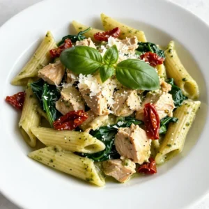 - 8 oz (225g) penne pasta - 2 boneless, skinless chicken breasts - 2 cups fresh baby spinach - 1 cup heavy cream - 1/2 cup basil pesto - 1/2 cup grated Parmesan cheese - 1/4 cup sun-dried tomatoes - Fresh basil leaves for garnish {{ingredient_image_2}} Start by boiling salted water in a large pot. Once it&rsquo;s rolling, add 8 oz of penne pasta. Cook it until it&rsquo;s al dente, following the package instructions. After cooking, drain the pasta but save 1/2 cup of the starchy water. Set the pasta aside for later. Next, heat 2 tablespoons of extra virgin olive oil in a large skillet over medium-high heat. Add 2 diced boneless, skinless chicken breasts. Season the chicken with salt and freshly cracked black pepper. Cook until the chicken is golden brown and fully cooked, about 6-8 minutes. Once done, take the chicken out and place it on a plate. In the same skillet, add 2 cups of fresh baby spinach. Saut&eacute; the spinach for 2-3 minutes until it wilts. Lower the heat to medium-low, then pour in 1 cup of heavy cream. Stir this mixture well with the spinach. Gradually stir in 1/2 cup of basil pesto and 1/2 cup of freshly grated Parmesan cheese. Mix until the sauce becomes creamy and smooth. If it&rsquo;s too thick, add a splash of the reserved pasta cooking water to thin it out. Now, add the cooked penne pasta and the saut&eacute;ed chicken back into the skillet. Don&rsquo;t forget to throw in 1/4 cup of roughly chopped sun-dried tomatoes. Gently toss everything in the creamy sauce. Heat it for another 2-3 minutes, ensuring all ingredients are warm and flavors blend well. Transfer the creamy pesto chicken pasta to serving plates. For a lovely finish, garnish with fresh basil leaves and a sprinkle of extra grated Parmesan cheese. Enjoy your delicious meal! - Use reserved pasta water to adjust the sauce thickness. This water has starch that helps. - Mix the sauce well to ensure all ingredients blend. This gives a smooth texture. - Be careful not to overcook the chicken. It can turn dry and tough. - A meat thermometer can help. Cook chicken to 165&deg;F for safety and juiciness. - Cook the penne until al dente. This means it should be firm, not mushy. - If needed, rinse the pasta briefly. This will stop the cooking process and help it stay firm. Pro Tips Use Fresh Ingredients: For the best flavor, use fresh basil pesto and high-quality Parmesan cheese. Fresh ingredients elevate the dish and provide a rich taste. Customize the Protein: Feel free to swap the chicken for shrimp or even a plant-based protein like tofu for a different flavor profile and dietary preferences. Adjust the Creaminess: If you prefer a lighter sauce, you can substitute half of the heavy cream with chicken broth or vegetable broth for a slightly thinner consistency. Don't Skip the Garnish: Fresh basil leaves and extra Parmesan cheese not only enhance the dish's appearance but also add a burst of flavor at the end. {{image_4}} You can make this dish vegetarian. Just swap the chicken for mushrooms or chickpeas. Mushrooms add a nice, meaty texture. Chickpeas bring a good source of protein. Both options absorb the pesto sauce well. This way, you keep the creamy, delicious taste without meat. Want to switch things up? Try a different nut-based pesto. You can find flavors like sun-dried tomato or walnut. These will give the dish a new twist. You can also use Alfredo sauce instead of pesto. It creates a rich, creamy sauce that pairs well with pasta. To add more depth, toss in garlic or onions. Saut&eacute; them with the chicken for a burst of flavor. You can also include seasonal vegetables like zucchini. Slice the zucchini and add it to the skillet with the spinach. This not only boosts nutrition but also makes your dish more colorful. Store your creamy pesto chicken pasta in airtight containers. This keeps the dish fresh. Make sure to cool the pasta before sealing it. It can last up to three days in the fridge. You can easily reheat this pasta. Use a microwave or stovetop. If using a microwave, heat in short bursts. Stir between bursts for even heating. On the stovetop, add a splash of water or cream to help it reheat without drying out. If you want to freeze the dish, do it right after making it. Place it in freezer-safe containers. Make sure to leave some space for expansion. To thaw, move it to the fridge overnight. Reheat it on the stovetop or microwave until warm. This method keeps the flavors intact. To make creamy pesto chicken pasta, follow these steps: 1. Cook the Pasta: Boil salted water and cook 8 oz of penne pasta until al dente. Reserve 1/2 cup of the water, then drain the pasta. 2. Saut&eacute; the Chicken: Heat 2 tablespoons of olive oil in a skillet. Add 2 diced chicken breasts, season with salt and pepper, and cook for 6-8 minutes until golden. Set aside. 3. Prepare the Cream Sauce: In the same skillet, add 2 cups of spinach and saut&eacute; until wilted. Lower heat, pour in 1 cup of heavy cream, and mix well. 4. Mix in the Pesto: Stir in 1/2 cup of basil pesto and 1/2 cup of grated Parmesan until smooth. If it's thick, add some reserved pasta water. 5. Combine Ingredients: Add the cooked pasta, saut&eacute;ed chicken, and 1/4 cup of sun-dried tomatoes. Toss to coat everything in the sauce and heat for 2-3 minutes. 6. Serve and Garnish: Plate the pasta and garnish with fresh basil and extra Parmesan. Yes, you can use different pasta types. Here are some great options: - Fusilli: Its spiral shape holds sauce well. - Farfalle: The bow-tie shape adds fun to the dish. - Spaghetti: Classic choice, great for any sauce. Feel free to choose what you like best! Yes, creamy pesto chicken pasta is great for meal prep. Here are some tips: - Cook in Advance: Make the dish and let it cool before storing. - Use Airtight Containers: Store in the fridge for up to 4 days. - Reheat Gently: Use a microwave or stovetop with a splash of water to keep it creamy. This dish pairs well with many sides. Consider these options: - Garlic Bread: A crunchy side that complements the creaminess. - Caesar Salad: Fresh greens and tangy dressing balance the meal. - Roasted Vegetables: Add color and nutrients to your plate. These sides enhance the dining experience! In this post, I shared how to make a delicious creamy pesto chicken pasta. We covered the key ingredients, step-by-step cooking instructions, and tips for perfecting your sauce. Don&rsquo;t forget the options for variations and how to store leftovers. This dish is easy to prepare and can fit many diets. Whether you choose chicken, veggies, or different sauces, you can customize it to your taste. Enjoy creating this comforting meal anytime!