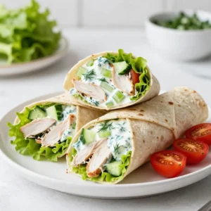 - 2 cups cooked chicken breast, shredded - 1 cup plain Greek yogurt - 1 tablespoon Dijon mustard - 1 tablespoon honey - 1 celery stalk, finely chopped - 1 small red onion, finely diced - 1/2 cup diced cucumber - 1/4 cup green olives, pitted and chopped - 1 tablespoon fresh dill, chopped (or 1 teaspoon dried dill) - Salt and freshly ground black pepper to taste - 4 large whole wheat tortillas - Lettuce leaves (romaine or butter lettuce) for wrapping - Cherry tomatoes, halved, for garnish These ingredients create a light and tasty dish. The chicken gives protein, while Greek yogurt adds creaminess. The mustard and honey balance flavors well. Celery, cucumber, and onion add crunch. Dill enhances the overall taste. You can mix in some extras to make it your own. Here are some ideas: - Avocado for creaminess - Apples for sweetness - Nuts for crunch - Spinach for more greens Feel free to change the recipe. This keeps it fun and new! You can also swap the chicken for turkey or chickpeas for a different flavor. This dish is healthy and light. Each serving has about: - Calories: 320 - Protein: 30g - Carbohydrates: 30g - Fat: 10g Greek yogurt packs in protein while being low in fat. This dish is great for lunch or dinner. Enjoy a tasty meal that&rsquo;s also good for you. {{ingredient_image_2}} Start with a medium bowl. Add 1 cup of plain Greek yogurt. Then, mix in 1 tablespoon of Dijon mustard and 1 tablespoon of honey. Stir until smooth. Next, add 2 cups of shredded chicken. Gently fold in 1 finely chopped celery stalk, 1 small diced red onion, 1/2 cup diced cucumber, and 1/4 cup chopped green olives. Use a gentle motion to keep the chicken pieces intact. Finally, add 1 tablespoon of fresh dill and season with salt and pepper. Taste and adjust seasoning. Take 4 large whole wheat tortillas. Lay one flat on a clean surface. Make sure it is smooth and not torn. This helps create a nice wrap. Next, take some crisp lettuce leaves. Place them down the center of the tortilla. This adds freshness and crunch to your wrap. Spoon a generous amount of the chicken salad mixture on top of the lettuce. Spread it evenly but don&rsquo;t overfill. If you do, it will be hard to wrap. Start folding in the sides of the tortilla. Then, roll it tightly from the bottom to the top. This keeps all the filling inside. Repeat this step for each tortilla. Once done, slice each wrap diagonally. This makes them look nice. Serve with halved cherry tomatoes for a pop of color. To make the best chicken salad, use fresh ingredients. Start with cooked chicken that is juicy and tender. Shred it into bite-sized pieces. This helps mix it well with the dressing. For the dressing, Greek yogurt adds a creamy texture. Combine it with Dijon mustard and honey for a sweet and tangy kick. Don&rsquo;t forget the crunch! Add finely chopped celery and cucumber. They give the salad a nice bite. Finally, season with salt and black pepper. Taste as you go to find the right balance. When wrapping your tortilla, keep it simple. Lay the tortilla flat on a clean surface. Place a few lettuce leaves in the center. This will add crunch and freshness. Spoon the chicken salad on top of the lettuce. Avoid overfilling; it makes wrapping hard. Fold the sides in first. Then, roll it tightly from the bottom. This will keep all the yummy filling inside. Practice makes perfect, so don&rsquo;t worry if your first wrap isn&rsquo;t perfect! Serving your wraps can be fun! Cut each wrap diagonally for a nice look. This makes it easy to grab and eat. For a pop of color, add halved cherry tomatoes on the side. They brighten up the plate and add more flavor. You can also serve with extra lettuce or a light salad. This keeps the meal fresh and healthy. Enjoy your tasty Greek yogurt chicken salad wraps! Pro Tips Use Leftover Chicken: For a quicker preparation, use leftover roasted or rotisserie chicken instead of cooking fresh chicken breast. Customize Your Veggies: Feel free to add other vegetables like bell peppers or shredded carrots for extra crunch and flavor. Chill Before Serving: For the best flavor, let the chicken salad chill in the refrigerator for at least 30 minutes before serving to allow the flavors to meld. Wrap It Right: When wrapping, ensure you don&rsquo;t overfill to prevent the wrap from bursting; a little filling goes a long way! {{image_4}} You can switch up the protein in this dish. Instead of chicken, try tuna or turkey. Both options work well with the Greek yogurt. For a plant-based choice, use chickpeas. Just mash them slightly and mix them in. You will get a fresh taste with each variation. Add some fun ingredients for extra taste. Try chopped apples for a sweet crunch. Diced bell peppers add color and zing. If you like a little heat, toss in some jalape&ntilde;os. Fresh herbs like parsley or basil can also make it pop. These changes can turn a simple wrap into a gourmet meal. Not a fan of whole wheat tortillas? You can use lettuce leaves for a low-carb wrap. Collard greens are another great choice for a sturdy wrap. If you want something different, try pita bread or flatbreads. Each option gives a unique flavor and texture, making your meal exciting. To keep your chicken salad fresh, store it in an airtight container. Make sure to cool it down first. This helps keep the flavors and texture nice. Place it in the fridge right away. It can last for up to three days. If you want to keep it longer, consider freezing it. When you reheat chicken salad, do it gently. The best way is to use low heat on the stove. Stir it often to avoid burning. You can also microwave it. Use a microwave-safe bowl and cover it. Heat in short bursts, stirring in between. This keeps the chicken from drying out. For the best taste, eat your chicken salad within three days. If stored correctly, it can last up to four days. After that, the quality may drop. Always check for any off smells or changes in texture. If it doesn't smell right, it's best to throw it out. Yes, you can make this recipe ahead of time. The chicken salad tastes better after chilling. I suggest making it a few hours in advance. Just store it in the fridge in an airtight container. Keep the tortillas separate until you are ready to serve. This keeps them fresh and soft. You can use other types of yogurt if you like. Greek yogurt adds creaminess and tang, but regular yogurt works too. Just remember that regular yogurt may make the salad a bit runnier. Try to choose plain yogurt to maintain the flavor. Great sides for these wraps include fresh fruit, veggie sticks, or a light salad. You can also serve them with chips for a crunchy bite. A simple coleslaw goes well too, adding a nice crunch. These sides balance the wrap nicely and make your meal complete. Greek yogurt chicken salad wraps are easy to make and very tasty. We covered key ingredients, from chicken to yogurt, with options to customize to your liking. Step-by-step, I guided you through mixing, preparing, and wrapping your salad. My tips ensure you get it just right, while variations let you add your favorite proteins and flavors. Remember how to store and reheat your leftovers for maximum taste and safety. Enjoy these wraps as a healthy meal option anytime! Keep experimenting to make them your own.