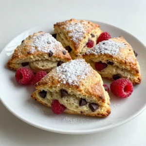 For the dry mix, gather these items: - 2 cups all-purpose flour - 1/4 cup granulated sugar - 1 tablespoon baking powder - 1/2 teaspoon sea salt These ingredients form the base of your scones. The flour gives structure, while the sugar adds sweetness. Baking powder makes them rise. Sea salt enhances flavor. Now, for the wet mix, you need: - 3/4 cup heavy cream - 1 teaspoon pure vanilla extract - 1/2 cup unsalted butter, cold and cut into small cubes The heavy cream and vanilla make the scones rich and moist. Cold butter adds flakiness. It is key to keep the butter cold until mixing. Finally, gather these extras: - 1 cup fresh raspberries, rinsed and drained - 1/2 cup semi-sweet chocolate chips - Extra granulated sugar for sprinkling on top Fresh raspberries add a tart burst of flavor. Chocolate chips add sweetness and richness. A sprinkle of sugar on top creates a nice crunch when baked. {{ingredient_image_2}} First, set your oven to 400&deg;F (200&deg;C). This is the perfect temperature for baking. While it heats, line a baking sheet with parchment paper. This helps prevent sticking. You want your scones to bake evenly. In a large bowl, mix the dry ingredients. Add 2 cups of all-purpose flour, 1/4 cup of granulated sugar, 1 tablespoon of baking powder, and 1/2 teaspoon of sea salt. Sift them together well. This step ensures your scones are light and fluffy. Now, take 1/2 cup of cold, cubed unsalted butter. Add it to the dry mix. Use your fingertips or a pastry cutter to blend it. You want the mixture to look like coarse crumbs. Keep some small butter pieces for a flaky texture. In a separate bowl, whisk together 3/4 cup of heavy cream and 1 teaspoon of pure vanilla extract. Mix until well combined. Slowly pour this into the dry mixture. Stir gently with a wooden spoon. Do not overmix; just combine until the dough forms. Next, fold in 1 cup of fresh raspberries and 1/2 cup of semi-sweet chocolate chips. Be gentle to avoid breaking the berries. You want them evenly spread throughout the dough for sweet bites in every scone. Turn the dough onto a floured surface. Knead it just enough to form a ball. Then, pat it into a disk about 1 inch thick. Use a sharp knife or pizza cutter to slice it into 8 wedges. Place these on the baking sheet, leaving space between them. Sprinkle extra sugar on top of each scone. This gives a nice, sweet crust. Bake the scones for 15-20 minutes. They should turn golden brown. Check with a toothpick; it should come out clean. Let them cool on the baking sheet for 5 minutes before moving to a rack. To make flaky scones, start with cold butter. Cut it into small cubes. When you mix it with the flour, keep it chunky. This helps create those light layers. Use your fingertips to work the butter into the flour. You want a crumbly look, not a smooth dough. When adding raspberries and chocolate chips, fold gently. Use a spatula or wooden spoon. This keeps the berries whole and juicy. If you stir too hard, the raspberries will break. You want to keep them intact for bursts of flavor. Set your oven to 400&deg;F (200&deg;C). This high heat helps the scones rise quickly. Bake them for 15 to 20 minutes. Look for a golden color on top. A toothpick inserted should come out clean. This means they're done! Enjoy the warm scent in your kitchen as they bake. Pro Tips Use Cold Ingredients: Ensure your butter and cream are cold before mixing. This helps create a flaky texture in the scones. Don't Overmix: Mix the dough gently and stop as soon as it comes together. Overmixing can result in tough scones. Fresh Berries: Using fresh raspberries is key for flavor and texture. Frozen berries can make the dough soggy. Watch the Baking Time: Keep an eye on your scones while they bake. Remove them from the oven as soon as they are golden brown to prevent drying out. {{image_4}} You can swap raspberries for other berries. Blueberries, strawberries, or blackberries work great. Each berry brings its own flavor. Blueberries add sweetness, while strawberries give a fresh twist. Just keep the same amount of berries. Make sure to wash and dry them well before mixing. Try using different types of chocolate. Milk chocolate chips add a sweet touch. Dark chocolate gives a rich, bold flavor. You can even use white chocolate for a creamy taste. Mix and match to find your favorite combo. Remember to adjust the amount to not overpower the berries. If you need gluten-free scones, use gluten-free flour. Many brands work well in baking. Combine it with a gluten-free baking powder for the best results. You might also need to add a bit more liquid. Keep an eye on the dough texture while mixing. This way, you can still enjoy these tasty scones! To keep your scones fresh, you should store them in an airtight container. Place a piece of parchment paper between layers to avoid sticking. This will help them stay soft. Keep the container at room temperature for up to two days. If you want to keep them longer, consider freezing. Freezing is a great option for scones. First, let the scones cool completely. Then, wrap each scone in plastic wrap. Place the wrapped scones in a freezer-safe bag or container. They can last up to three months in the freezer. When you&rsquo;re ready to enjoy them, just take out how many you need. To reheat scones, preheat your oven to 350&deg;F (175&deg;C). Place the scones on a baking sheet. Heat them for about 10 minutes or until warm. You can also microwave them for about 20 seconds. However, the oven gives a better texture. Enjoy your scones warm for the best flavor! Yes, you can use frozen raspberries. They work well in this recipe. Just remember to thaw and drain them first. This helps prevent excess moisture in your scones. If you add them straight from the freezer, they might make the dough too wet. You will know the scones are done when they turn golden brown. A toothpick inserted in the center should come out clean. Bake them for about 15 to 20 minutes. Keep an eye on them toward the end to avoid burning. These scones pair perfectly with clotted cream or butter. You can also serve them with a side of fresh fruit. A nice cup of tea or coffee makes a great drink choice too. They are delightful for breakfast or brunch. This blog post covered all you need to make tasty raspberry chocolate chip scones. We explored the right dry and wet ingredients, plus some fun extras. You learned the steps, from mixing to baking and cooling. I shared tips for flaky results and many ways to tweak the recipe. Storage advice helps keep your scones fresh, and FAQs answered common questions. Baking scones can be fun and rewarding. Enjoy the process and share your yummy results!