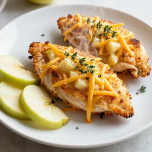 - 4 boneless, skinless chicken breasts - 1 large apple (Granny Smith or Honeycrisp) - 1 cup sharp cheddar cheese - &frac12; cup breadcrumbs - 2 tablespoons fresh thyme - 1 tablespoon extra virgin olive oil - Seasoning: salt, pepper, garlic powder, onion powder To make Apple Cheddar Stuffed Chicken, you need fresh ingredients. Start with chicken breasts. Choose four boneless and skinless pieces. They should be thick enough to hold the filling. Next, pick a large apple. I love Granny Smith or Honeycrisp for their crispness and flavor. Cheddar cheese adds richness. Use one cup of sharp cheddar. It melts beautifully and tastes great with apples. Breadcrumbs give texture. Half a cup works well. Fresh thyme adds an herbal note. Use two tablespoons, chopped finely. You&rsquo;ll also need olive oil. One tablespoon will help with cooking. Finally, gather your seasonings. Salt, pepper, garlic powder, and onion powder will enhance the flavors. Make sure you have everything ready before you start cooking. This makes the process easier and more fun! {{ingredient_image_2}} - Preheat oven to 375&deg;F (190&deg;C). - Core and dice the apple into small chunks. Start by heating your oven. This step is key for cooking the chicken evenly. Dicing the apple next makes it easy to mix into the filling. Use a firm apple like Granny Smith or Honeycrisp. These apples add a nice crunch and flavor. - Combine diced apple, cheddar cheese, breadcrumbs, thyme, garlic powder, onion powder, salt, and pepper. In a bowl, mix the diced apple with shredded sharp cheddar cheese. Add the breadcrumbs for texture. Next, toss in the fresh thyme, garlic powder, onion powder, salt, and pepper. Stir until everything is well combined. This filling has a great balance of sweet and savory. - Slice pockets into chicken breasts. - Season and fill with apple-cheddar mixture. Take your chicken breasts and use a sharp knife to slice pockets into them. Be careful not to cut all the way through. Season both sides with salt and pepper. Next, stuff each pocket generously with the apple-cheddar mixture. If needed, use toothpicks to hold them closed. - Heat olive oil in skillet. - Sear stuffed chicken for golden brown color. Heat olive oil in a skillet over medium heat. Once the oil shimmers, add the stuffed chicken breasts. Sear each side for about 3-4 minutes. Look for a beautiful golden-brown color, which adds flavor and texture. - Transfer to baking dish and bake for 20-25 minutes. - Check internal temperature of 165&deg;F (74&deg;C). After searing, place the chicken in a baking dish. Bake in the preheated oven for 20-25 minutes. Use a meat thermometer to check doneness. The chicken should reach an internal temperature of 165&deg;F (74&deg;C). This ensures it is safe to eat. - Resting time before slicing. - Presentation suggestions. Once cooked, take the chicken out and let it rest for a few minutes. This helps keep the meat juicy. For serving, slice the chicken and place it on a platter. Add sprigs of fresh thyme and some apple slices for a pop of color. Pair it with a fresh salad or steamed veggies for a balanced meal. To get great stuffing, mix your ingredients well. This helps the flavors blend. You want every bite to taste the same. When making pockets in the chicken, cut carefully. Do not cut all the way through. Use toothpicks to secure the openings. This keeps the yummy filling inside while cooking. The right skillet temperature is key. Heat your skillet over medium heat until it shimmers. This helps the chicken brown nicely. Each side needs about 3-4 minutes. Look for a golden color. This adds great flavor and texture to your dish. After cooking, let the chicken rest for a few minutes. This step is important. It helps the juices spread throughout the meat. Use a meat thermometer to check the chicken. The ideal temperature is 165&deg;F (74&deg;C). This ensures your chicken is safe and juicy. Pro Tips Choose the Right Apple: Use tart apples like Granny Smith or Honeycrisp for a perfect balance of flavor against the sharp cheddar. Secure Your Filling: If the filling spills out while cooking, use toothpicks or kitchen twine to secure the pocket and keep all the deliciousness inside. Resting Time is Key: Allow the chicken to rest after baking; this helps retain moisture and enhances the overall juiciness of the meat. Experiment with Cheese: Feel free to swap the cheddar for other cheeses like gouda or fontina for a different flavor profile. {{image_4}} You can change the apple type for a new taste. Try using tart apples like Granny Smith. They add a bright flavor. Honeycrisp apples are sweet and juicy. They work well for a milder taste. Mixing sweet and tart apples creates a balanced flavor. Sharp cheddar is tasty, but you can switch it up! Try creamy goat cheese for a tangy twist. Mozzarella gives a mild flavor and great melt. Pepper jack adds a spicy kick. Choose cheese that pairs well with your apple choice. You can make your dish even better! Add chopped nuts like walnuts or pecans for crunch. Dried cranberries give a sweet touch and color. Fresh herbs like basil or rosemary enhance the flavor too. A dash of cinnamon can warm up the dish. These extras add fun and flavor! To keep your Apple Cheddar Stuffed Chicken fresh, store it in the fridge. - Place leftover chicken in an airtight container. - It stays good for 3 to 4 days. When you want to reheat, do it right: - Preheat your oven to 350&deg;F (175&deg;C). - Place the chicken on a baking sheet. - Heat for 15 to 20 minutes until warm. This method keeps the chicken juicy and tasty. If you want to save some for later, freezing works well. - Wrap each stuffed chicken breast in plastic wrap. - Then, place them in a freezer bag. - They will stay good for up to 3 months. When you're ready to cook, thaw it safely: - Move the chicken to the fridge for 24 hours. - You can also use the microwave to thaw it quickly. Cook from frozen if you're in a rush: - Add extra time to baking. - Bake at 375&deg;F (190&deg;C) for 30 to 35 minutes. This keeps the flavors intact and makes meal prep easy! You can use many herbs to change the flavor. Here are some great options: - Rosemary - Sage - Oregano - Parsley These herbs can add a unique taste. Rosemary adds a woodsy flavor. Sage brings a warm, earthy taste. Oregano gives a nice Mediterranean touch. Parsley can add freshness and color. Feel free to mix and match! Yes, you can prepare this dish in advance. Here are some tips: - Stuff the chicken breasts a few hours before cooking. - Keep them covered in the fridge. - You can also sear the chicken ahead of time. If you sear them first, bake them later. Just remember to adjust cooking time. This chicken pairs well with many sides. Here are some tasty ideas: - Fresh green salad - Steamed vegetables - Mashed potatoes - Rice pilaf A fresh salad adds crunch. Steamed veggies offer color and nutrition. Mashed potatoes or rice make a filling side. Enjoy your meal with a balance of flavors! This post guides you through making Apple Cheddar Stuffed Chicken. You learned the key ingredients, detailed steps, and helpful tips. Remember to preheat your oven and check the chicken's internal temperature. Feel free to experiment with different cheeses and apples. Enjoying this dish is easy with the right techniques for baking and serving. Your cooking can shine with these simple steps. Now, get ready to delight your taste buds with this tasty recipe!